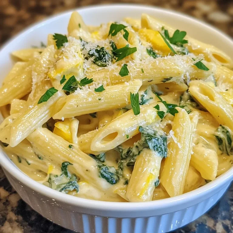 - 8 oz penne pasta - 1 cup fresh spinach, chopped - 1 can (14 oz) artichoke hearts, drained and chopped - 1 cup cream cheese, softened - 1 cup heavy cream - 1 cup grated Parmesan cheese - 2 cloves garlic, minced - 1 teaspoon onion powder - 1 teaspoon garlic powder - Salt and pepper to taste - 2 tablespoons olive oil - Fresh parsley, chopped for garnish You can switch out penne for any pasta you like. Fusilli or farfalle work great too. If you want a lighter dish, use Greek yogurt instead of cream cheese. For a dairy-free option, try cashew cream. You can also replace the heavy cream with coconut milk. If you don't have artichokes, feel free to leave them out, or use frozen ones. This dish is rich and filling. Each serving has about 550 calories. You get a good mix of carbs, fats, and proteins. The pasta gives you energy. Spinach adds fiber and vitamins. Artichokes provide antioxidants, which are great for health. If you want fewer calories, you can cut back on cream or cheese. Just keep in mind, this may change the flavor and texture. {{ingredient_image_1}} Start by boiling water in a large pot. Add salt to the water for flavor. Once it boils, add 8 oz of penne pasta. Cook it according to the package instructions until al dente. This usually takes about 8 to 10 minutes. After the pasta is cooked, drain it and save 1 cup of pasta water. Set the pasta aside until you need it. In a big skillet, heat 2 tablespoons of olive oil over medium heat. Add 2 cloves of minced garlic and sauté for about 1 minute. You want the garlic to be fragrant but not brown. Next, add 1 cup of softened cream cheese to the skillet. Stir it until it melts and becomes creamy. Slowly pour in 1 cup of heavy cream while stirring. Keep mixing until the sauce is smooth and creamy. Now, add 1 cup of chopped fresh spinach and 1 can of drained, chopped artichoke hearts to the sauce. Sprinkle in 1 teaspoon of onion powder and 1 teaspoon of garlic powder. Season with salt and pepper to taste. Cook this mixture for about 3 to 4 minutes. You want the spinach to wilt and blend with the sauce. Now it's time to bring everything together. Toss the cooked penne pasta into the skillet with the creamy sauce. Mix well so that the pasta is coated with the sauce. If the sauce is too thick, add some of the reserved pasta water a little at a time. Keep mixing until you reach your desired sauce consistency. Finally, stir in 1 cup of grated Parmesan cheese until it melts into the dish. Taste the pasta and adjust the seasoning with more salt and pepper if needed. To cook pasta just right, start with a big pot. Fill it with salted water and bring it to a boil. Add the penne pasta and cook it until it's al dente, which means it should be firm but not hard. This usually takes about 8-10 minutes. Make sure to stir the pasta a few times to prevent it from sticking. When it's done, drain it well but save about a cup of that starchy pasta water. This water helps bind the sauce later. For a smooth and creamy sauce, use softened cream cheese. Start by heating olive oil in a large skillet. When it's warm, add the minced garlic and sauté it for about one minute. Then, add the cream cheese. Stir it until it melts and blends well. Slowly pour in heavy cream, mixing it until the sauce is smooth. The key is to keep stirring to avoid lumps. This method gives you that rich, creamy texture we all love. Taste your sauce as you cook. After adding spinach and artichokes, check the flavor. You can add more salt or pepper if needed. If the sauce is too thick, use the reserved pasta water a little at a time. This helps to thin it out to your preferred consistency. Adding grated Parmesan cheese at the end enhances the flavor, making it even more delicious. Remember, cooking is about finding your perfect taste! Pro Tips Use Fresh Ingredients: Fresh spinach and high-quality artichoke hearts will enhance the flavor and texture of your pasta dish. Reserve Pasta Water: Always reserve some pasta water, as it helps adjust the sauce consistency and adds flavor. Experiment with Cheese: Feel free to mix different cheeses like mozzarella or Gouda for a unique taste. Make it a Meal: Add grilled chicken or shrimp for a protein boost, making this pasta a complete meal. {{image_2}} You can make this dish vegetarian by skipping the cream cheese and heavy cream. Use cashew cream or coconut cream instead. These alternatives give a rich, creamy taste. You can also add more veggies, like bell peppers or mushrooms, to enhance the flavor. Fresh herbs like basil or cilantro can add a nice twist. For those who love protein, chicken or shrimp works great in this dish. Cook the chicken or shrimp in the skillet before adding garlic. This method infuses the sauce with extra flavor. You can also use grilled chicken for a smoky taste. If you want a heartier meal, try adding cooked sausage or bacon bits. If you need a gluten-free meal, choose gluten-free penne pasta. Many brands offer tasty pasta made from rice or lentils. Follow the same steps in the recipe to keep the flavor intact. You can also check the labels on cream cheese and heavy cream for gluten-free options. Enjoy a creamy dish without worry! To keep your creamy spinach artichoke pasta fresh, store it in an airtight container. Make sure it cools down to room temperature first. Place it in the fridge within two hours of cooking. This dish will stay good for up to three days. If you want to reheat it later, it will still taste great! When you are ready to enjoy your leftovers, reheat the pasta on the stove. Add a splash of water or cream to help revive the sauce. Heat it on low and stir often to avoid burning. You can also use the microwave. Place it in a microwave-safe bowl, cover it with a lid, and heat in short bursts. Stir in between to ensure even warming. If you want to save some pasta for later, freezing is an option. First, let it cool completely. Then, divide it into portions and place each in a freezer-safe bag or container. Be sure to remove as much air as possible. This pasta can last in the freezer for up to two months. When you're ready to eat, thaw it overnight in the fridge before reheating. I recommend using penne pasta for this dish. Penne holds the creamy sauce well. The ridges on penne help catch the sauce, giving each bite a burst of flavor. Other options include rigatoni or rotini. Both shapes work nicely in this creamy spinach artichoke pasta. Yes, you can prepare this dish ahead of time. Cook the pasta and make the sauce separately. Store them in the fridge in airtight containers. When ready to serve, just heat the sauce and mix in the pasta. You might need to add more cream or pasta water to keep it creamy. Absolutely! To spice things up, add red pepper flakes to the sauce. Start with a pinch and taste as you go. You can also use spicy garlic or onion powder instead of regular. For a real kick, add diced jalapeños while sautéing the garlic. This blog post covered how to make a delicious pasta dish. We looked at key ingredients, step-by-step instructions, and helpful tips. Consider using optional substitutions to fit your needs. Variations including vegetarian or gluten-free options are great too. Storing leftovers properly keeps them fresh for later. Finally, the FAQs answered common questions to clear up any doubts. Now, you can confidently prepare a tasty pasta meal that suits your taste. Enjoy cooking and experimenting!
