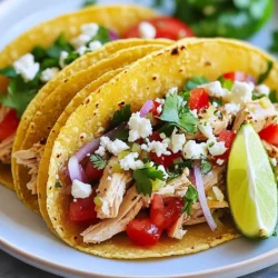 To make these tasty tacos, you need: - 1 lb boneless, skinless chicken breasts - 8 small corn tortillas These chicken breasts are perfect for soaking up flavors. The corn tortillas hold everything together and add a nice crunch. The marinade gives the chicken its zesty flavor. For this, you will need: - 2 tablespoons olive oil - 2 cloves garlic, minced - 1 tablespoon fresh jalapeño, finely chopped (adjust for spice preference) - Juice of 2 limes - Zest of 1 lime - 1 teaspoon cumin - 1 teaspoon paprika - Salt and pepper to taste Mixing these ingredients creates a bright and spicy marinade. The lime juice adds tang, while the cumin and paprika bring warmth. The right toppings make your tacos shine. Use these fresh ingredients: - 1 cup shredded lettuce - ½ cup diced tomatoes - ½ cup diced red onions - ½ cup crumbled feta cheese - Fresh cilantro leaves for garnish These toppings add color, crunch, and flavor. The feta cheese gives a creamy finish. Don't forget the cilantro for a fresh touch! {{ingredient_image_1}} To start, marinate the chicken. In a medium bowl, mix 2 tablespoons of olive oil, 2 cloves of minced garlic, and 1 tablespoon of finely chopped jalapeño. Squeeze in the juice of 2 limes and add the zest of 1 lime. Sprinkle in 1 teaspoon of cumin and 1 teaspoon of paprika. Season with salt and pepper. Coat the chicken breasts well in this mix. Cover the bowl and refrigerate. Let it sit for at least 30 minutes or up to 2 hours. This step adds great flavor. Next, cook the chicken. Preheat your grill or skillet over medium-high heat. Once hot, place the marinated chicken on the grill or skillet. Cook for about 6-7 minutes on each side. You want the chicken to reach an internal temperature of 165°F (75°C). Once cooked, remove it from heat. Let it rest for 5 minutes. Resting helps keep the chicken juicy. After resting, shred the chicken using two forks. Make it into bite-sized pieces. Now, let's warm up the tortillas. In a dry skillet over medium heat, warm 8 small corn tortillas. Do this for about 30 seconds on each side until they become soft and pliable. - Assembling the Tacos Take a warm tortilla and fill it with a generous amount of shredded chicken. Add shredded lettuce, diced tomatoes, and diced red onions on top. Crumble some feta cheese over it and garnish with fresh cilantro leaves. - Serving Suggestions Place the assembled tacos on a colorful platter. Serve them right away with lime wedges on the side. These add extra zing and freshness to each bite. For a fun twist, consider pairing them with a side of avocado salsa. Enjoy your meal! To boost the taste of your jalapeño lime chicken tacos, focus on fresh ingredients. Use ripe tomatoes and fresh lime juice for the best flavor. Try adding fresh herbs like cilantro and even a touch of honey. Honey balances the heat from the jalapeño. You can also add a bit of smoked paprika for depth. Combine these tips to create a taco that snaps with flavor. You can cook the chicken on a grill or in a skillet. Grilling adds a nice smoky flavor. Heat your grill to medium-high and cook the chicken for about 6-7 minutes per side. For skillet cooking, use a bit of olive oil. Sear the chicken for the same time. Both methods yield juicy, tender chicken. Choose based on your kitchen setup or mood. To make your tacos look as good as they taste, focus on color and arrangement. Use a bright platter to hold the tacos. Layer in shredded lettuce, diced tomatoes, and red onions for a fresh look. Top with crumbled feta cheese and sprinkle fresh cilantro on top. Add lime wedges on the side for that extra pop. A side of avocado salsa can add color too. Pro Tips Marinating Time Matters: Allowing the chicken to marinate for at least 2 hours enhances the flavor. For the best taste, consider marinating overnight. Control the Heat: Adjust the amount of jalapeño according to your spice preference. Removing the seeds can also reduce the heat level. Perfectly Warm Tortillas: Warming the tortillas in a dry pan prevents them from tearing and enhances their flavor. Wrap them in a clean cloth to keep them warm. Garnish for Flavor: Fresh cilantro adds a bright flavor. Experiment with other toppings like avocado, sour cream, or hot sauce for variety. {{image_2}} Want to kick up the heat in your tacos? Simply add more jalapeños. You can mix in extra finely chopped jalapeños into the marinade. Or, top your tacos with sliced jalapeños for that fresh crunch. Remember, the heat can vary, so taste as you go! You can swap chicken for other proteins, too. Ground beef or shredded beef works well. For a vegetarian option, try firm tofu. Just marinate the tofu like you would chicken. Cook it until golden brown for that perfect texture. If you want a meatless taco, go for roasted veggies or black beans. Roasted bell peppers, zucchini, and corn add great flavor. You can also use canned black beans for a quick protein boost. Top with avocado and a squeeze of lime for a fresh finish. After enjoying your tasty tacos, store any leftovers in an airtight container. Keep them in the fridge. They stay fresh for up to three days. If you want to keep them longer, consider freezing. Just remember to separate the chicken from the toppings. To heat up your leftover tacos, remove the toppings first. Use a skillet over medium heat. Warm the chicken for about three to four minutes until hot. For tortillas, heat them for about 30 seconds on each side. This helps keep them soft and tasty. If you freeze the chicken, place it in a freezer-safe bag. Squeeze out as much air as you can before sealing. You can freeze it for up to three months. When ready to eat, thaw it overnight in the fridge. Then, reheat it like before. Enjoy fresh tacos again! Marinate the chicken for at least 30 minutes. This helps the flavors soak in. For more taste, you can marinate up to 2 hours. The longer you marinate, the better the flavor. Yes, you can prepare the chicken and toppings in advance. Cook the chicken and store it in the fridge. Warm the tortillas just before serving. This way, you can enjoy fresh tacos at any time. Great sides include: - Mexican rice - Black beans - Avocado salsa - Grilled corn - A fresh green salad These sides balance the meal and add more flavor. - Are these tacos gluten-free? Yes, these tacos are gluten-free if you use corn tortillas. Always check the label to be sure. - How can I adjust the spice level? To adjust spice, use less jalapeño in the marinade. You can also remove the seeds. For extra heat, add sliced jalapeños on top of the tacos. You now know how to make tasty chicken tacos. We covered the main ingredients, marinade, and fresh toppings. I shared steps to marinate, cook, and assemble tacos. You learned tips to enhance flavor and variations like spicy or vegetarian options. Lastly, we went over how to store and reheat leftovers. Enjoy making your own chicken tacos, and don’t be afraid to try different flavors. Your next taco night could be the best one yet!