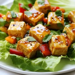 - 1 block firm tofu, drained and pressed - 1 tablespoon sesame oil - 1/4 cup soy sauce (or tamari for gluten-free) - 2 tablespoons maple syrup - 1 tablespoon rice vinegar - 1 red bell pepper, finely diced - 1 carrot, julienned - 4 green onions, chopped - 1 head of butter lettuce or romaine, leaves separated - Sesame seeds and chopped cilantro for garnish - 1 garlic clove, minced - 1 teaspoon fresh ginger, grated - 1 tablespoon cornstarch mixed with 2 tablespoons water (slurry) These ingredients come together to create a dish that is both healthy and tasty. Firm tofu is the star of the show, providing protein and a smooth texture. The sesame oil adds a nutty flavor, while soy sauce or tamari brings the salty umami taste. Maple syrup balances the flavors with sweetness, and rice vinegar adds some tang. Next, the vibrant veggies like red bell pepper and carrot give crunch and color. Green onions add a fresh bite, while butter lettuce acts as a perfect wrap. Don't forget the sesame seeds and cilantro for that finishing touch! The garlic and ginger bring warmth and depth to the dish. Using a cornstarch slurry helps thicken the sauce, ensuring each bite is full of flavor. This mix of fresh ingredients makes these teriyaki tofu lettuce wraps a must-try meal for any occasion. {{ingredient_image_1}} 1. Start by draining your firm tofu. Press it to remove extra water. 2. Cut the pressed tofu into small cubes. Aim for even sizes for even cooking. 1. In a large skillet, add one tablespoon of sesame oil. Heat it over medium heat. 2. Once hot, add the tofu cubes. Cook them until they are golden brown, about 6 to 8 minutes. 1. In a bowl, mix the following ingredients well: - 1/4 cup soy sauce (or tamari for gluten-free) - 2 tablespoons maple syrup - 1 tablespoon rice vinegar - 1 minced garlic clove - 1 teaspoon grated fresh ginger - 1 tablespoon cornstarch mixed with 2 tablespoons water 2. Pour this sauce over the cooked tofu. Stir well to coat it evenly. Cook for an extra 2 to 3 minutes until the sauce thickens. 1. Add the diced red bell pepper and julienned carrot to the tofu. Cook for another 2 minutes. The veggies should be just tender. 2. Remove the skillet from heat and stir in the chopped green onions. 1. Take a leaf of butter lettuce or romaine. Spoon some of the teriyaki tofu mixture onto the center. 2. Garnish with sesame seeds and chopped cilantro. 3. Fold the lettuce over the filling, making a wrap. Enjoy your tasty meal! To press tofu, start by placing the block on a plate. Add another plate on top, then put something heavy on it. This helps remove excess water. Let it sit for at least 15 minutes. For good browning, use medium heat. This allows the tofu to cook evenly and get crispy. To add more flavor, try garlic powder or red pepper flakes. You can also mix in some chopped nuts for crunch. If your dish is too sweet, add a splash of soy sauce. If it’s too salty, a bit of maple syrup can help balance it out. Serve your wraps with rice or a light salad. You can also pair them with a spicy dipping sauce. To make your dish look nice, stack the lettuce wraps on a plate. Add a sprinkle of sesame seeds and fresh cilantro on top for color. Pro Tips Press Tofu Well: Make sure to press the tofu thoroughly to remove excess moisture, allowing it to absorb the marinade better and achieve a crispier texture. Customize Your Vegetables: Feel free to add other vegetables like mushrooms or snap peas for extra flavor and texture in your wraps. Use Fresh Herbs: Fresh cilantro adds a burst of flavor; consider adding mint or basil for a different twist on the classic taste. Adjust Sauce Thickness: If you prefer a thicker sauce, let it reduce longer in the pan, stirring frequently to prevent sticking. {{image_2}} You can change the flavor with different sauces. A homemade teriyaki sauce is simple. Just mix soy sauce, maple syrup, rice vinegar, and garlic. You can also try a sweet chili sauce for a spicy kick. For store-bought options, look for sauces labeled "teriyaki" or "Asian stir-fry." Tofu is great, but you can switch it up. Try chickpeas for a hearty bite. Tempeh works well too; it has a nutty flavor. If you eat meat, chicken or shrimp can add protein. Just cook them well before adding the sauce. Crunchy veggies make your wraps exciting. Try adding cucumber or radishes for a fresh bite. You can also use seasonal veggies like zucchini in summer or carrots in winter. These add color and nutrients to your meal. To keep your teriyaki tofu fresh, store it in an airtight container. Place wax paper between layers to prevent sticking. You can store the tofu mixture and lettuce leaves separately. This method keeps the lettuce crisp. Your leftovers will stay fresh for about three days in the fridge. To reheat the tofu, use a non-stick skillet. Heat it on medium-low heat to keep the texture nice. Add a splash of water to help steam the tofu. You can also use a microwave. Heat it in 30-second bursts, checking the texture after each round. Yes, you can freeze teriyaki tofu! To freeze, cool the tofu completely and place it in a freezer bag. Remove as much air as possible before sealing. When you're ready to eat it, thaw it in the fridge overnight. Reheat it in a skillet for the best texture. Yes, this recipe can be gluten-free. You can use tamari instead of soy sauce. Tamari is a gluten-free soy sauce that gives a similar taste. Always check labels to ensure no gluten is present. Absolutely! You can use chickpeas, lentils, or even tempeh as substitutes. These options provide great flavor and protein, making the dish still filling. These wraps pair well with many sides. Consider serving them with: - Brown rice - Quinoa - Steamed vegetables - A light salad These sides add nutrition and flavor to your meal. To store the wraps, separate the filling from the lettuce. Keep the filling in an airtight container in the fridge for up to three days. Store the lettuce leaves in a separate bag. This keeps them fresh and crisp. This blog post shared a tasty Teriyaki Tofu Lettuce Wrap recipe. We covered key ingredients like firm tofu, sesame oil, and spices. I provided step-by-step instructions from prepping tofu to serving wraps. Plus, there are tips for perfecting your dish and variations to keep it exciting. Remember, cooking is fun and creative! With these tools, you can enjoy a healthy and delicious meal any day. Explore your options, and enjoy cooking!