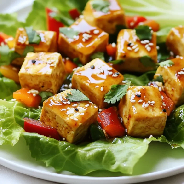 - 1 block firm tofu, drained and pressed - 1 tablespoon sesame oil - 1/4 cup soy sauce (or tamari for gluten-free) - 2 tablespoons maple syrup - 1 tablespoon rice vinegar - 1 red bell pepper, finely diced - 1 carrot, julienned - 4 green onions, chopped - 1 head of butter lettuce or romaine, leaves separated - Sesame seeds and chopped cilantro for garnish - 1 garlic clove, minced - 1 teaspoon fresh ginger, grated - 1 tablespoon cornstarch mixed with 2 tablespoons water (slurry) These ingredients come together to create a dish that is both healthy and tasty. Firm tofu is the star of the show, providing protein and a smooth texture. The sesame oil adds a nutty flavor, while soy sauce or tamari brings the salty umami taste. Maple syrup balances the flavors with sweetness, and rice vinegar adds some tang. Next, the vibrant veggies like red bell pepper and carrot give crunch and color. Green onions add a fresh bite, while butter lettuce acts as a perfect wrap. Don't forget the sesame seeds and cilantro for that finishing touch! The garlic and ginger bring warmth and depth to the dish. Using a cornstarch slurry helps thicken the sauce, ensuring each bite is full of flavor. This mix of fresh ingredients makes these teriyaki tofu lettuce wraps a must-try meal for any occasion. {{ingredient_image_1}} 1. Start by draining your firm tofu. Press it to remove extra water. 2. Cut the pressed tofu into small cubes. Aim for even sizes for even cooking. 1. In a large skillet, add one tablespoon of sesame oil. Heat it over medium heat. 2. Once hot, add the tofu cubes. Cook them until they are golden brown, about 6 to 8 minutes. 1. In a bowl, mix the following ingredients well: - 1/4 cup soy sauce (or tamari for gluten-free) - 2 tablespoons maple syrup - 1 tablespoon rice vinegar - 1 minced garlic clove - 1 teaspoon grated fresh ginger - 1 tablespoon cornstarch mixed with 2 tablespoons water 2. Pour this sauce over the cooked tofu. Stir well to coat it evenly. Cook for an extra 2 to 3 minutes until the sauce thickens. 1. Add the diced red bell pepper and julienned carrot to the tofu. Cook for another 2 minutes. The veggies should be just tender. 2. Remove the skillet from heat and stir in the chopped green onions. 1. Take a leaf of butter lettuce or romaine. Spoon some of the teriyaki tofu mixture onto the center. 2. Garnish with sesame seeds and chopped cilantro. 3. Fold the lettuce over the filling, making a wrap. Enjoy your tasty meal! To press tofu, start by placing the block on a plate. Add another plate on top, then put something heavy on it. This helps remove excess water. Let it sit for at least 15 minutes. For good browning, use medium heat. This allows the tofu to cook evenly and get crispy. To add more flavor, try garlic powder or red pepper flakes. You can also mix in some chopped nuts for crunch. If your dish is too sweet, add a splash of soy sauce. If it’s too salty, a bit of maple syrup can help balance it out. Serve your wraps with rice or a light salad. You can also pair them with a spicy dipping sauce. To make your dish look nice, stack the lettuce wraps on a plate. Add a sprinkle of sesame seeds and fresh cilantro on top for color. Pro Tips Press Tofu Well: Make sure to press the tofu thoroughly to remove excess moisture, allowing it to absorb the marinade better and achieve a crispier texture. Customize Your Vegetables: Feel free to add other vegetables like mushrooms or snap peas for extra flavor and texture in your wraps. Use Fresh Herbs: Fresh cilantro adds a burst of flavor; consider adding mint or basil for a different twist on the classic taste. Adjust Sauce Thickness: If you prefer a thicker sauce, let it reduce longer in the pan, stirring frequently to prevent sticking. {{image_2}} You can change the flavor with different sauces. A homemade teriyaki sauce is simple. Just mix soy sauce, maple syrup, rice vinegar, and garlic. You can also try a sweet chili sauce for a spicy kick. For store-bought options, look for sauces labeled "teriyaki" or "Asian stir-fry." Tofu is great, but you can switch it up. Try chickpeas for a hearty bite. Tempeh works well too; it has a nutty flavor. If you eat meat, chicken or shrimp can add protein. Just cook them well before adding the sauce. Crunchy veggies make your wraps exciting. Try adding cucumber or radishes for a fresh bite. You can also use seasonal veggies like zucchini in summer or carrots in winter. These add color and nutrients to your meal. To keep your teriyaki tofu fresh, store it in an airtight container. Place wax paper between layers to prevent sticking. You can store the tofu mixture and lettuce leaves separately. This method keeps the lettuce crisp. Your leftovers will stay fresh for about three days in the fridge. To reheat the tofu, use a non-stick skillet. Heat it on medium-low heat to keep the texture nice. Add a splash of water to help steam the tofu. You can also use a microwave. Heat it in 30-second bursts, checking the texture after each round. Yes, you can freeze teriyaki tofu! To freeze, cool the tofu completely and place it in a freezer bag. Remove as much air as possible before sealing. When you're ready to eat it, thaw it in the fridge overnight. Reheat it in a skillet for the best texture. Yes, this recipe can be gluten-free. You can use tamari instead of soy sauce. Tamari is a gluten-free soy sauce that gives a similar taste. Always check labels to ensure no gluten is present. Absolutely! You can use chickpeas, lentils, or even tempeh as substitutes. These options provide great flavor and protein, making the dish still filling. These wraps pair well with many sides. Consider serving them with: - Brown rice - Quinoa - Steamed vegetables - A light salad These sides add nutrition and flavor to your meal. To store the wraps, separate the filling from the lettuce. Keep the filling in an airtight container in the fridge for up to three days. Store the lettuce leaves in a separate bag. This keeps them fresh and crisp. This blog post shared a tasty Teriyaki Tofu Lettuce Wrap recipe. We covered key ingredients like firm tofu, sesame oil, and spices. I provided step-by-step instructions from prepping tofu to serving wraps. Plus, there are tips for perfecting your dish and variations to keep it exciting. Remember, cooking is fun and creative! With these tools, you can enjoy a healthy and delicious meal any day. Explore your options, and enjoy cooking!