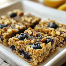 - 2 cups rolled oats - 1 cup mashed ripe bananas - 1 cup blueberries - 1/4 cup honey or maple syrup - 1/4 cup almond or peanut butter - 1/4 cup chopped nuts - 1/4 cup chia seeds - 1/2 teaspoon cinnamon - 1/4 teaspoon salt The main ingredients create a strong base for the blueberry oatmeal breakfast bars. Rolled oats give them a chewy texture and add fiber. Mashed ripe bananas act as a natural sweetener and binder. Blueberries add a burst of flavor and nutrients. You can choose honey or maple syrup for added sweetness. You might want to add optional ingredients for a fun twist. Almond or peanut butter brings creaminess. Chopped nuts give a nice crunch, while chia seeds add more fiber and omega-3s. Seasoning ingredients like cinnamon and salt enhance the flavors. Cinnamon adds warmth, while a touch of salt balances the sweetness. Each ingredient plays a key role, making these bars both tasty and healthy. {{ingredient_image_1}} 1. Preheat your oven to 350°F (175°C). 2. Line an 8x8-inch baking pan with parchment paper. Leave some paper hanging over the sides for easy removal. 3. In a large mixing bowl, combine the rolled oats, mashed bananas, honey (or maple syrup), almond butter, cinnamon, and salt. Mix well until everything blends together. 1. Gently fold in the blueberries and chopped nuts. Add chia seeds if you want. Mix until they're evenly spread in the batter. 2. Pour the mixture into the prepared baking pan. Press it down firmly with a spatula. Make sure it's an even layer. 3. Bake in the preheated oven for about 25-30 minutes. Look for golden brown edges and a set center. 1. Allow the bars to cool in the pan for about 10 minutes. 2. Use the parchment paper to lift them out onto a cutting board. Let them cool completely. 3. Once cool, cut into bars. You can make them as big or small as you like. To ensure even baking, preheat your oven to 350°F. Line an 8x8-inch pan with parchment paper. This helps with easy removal. Spread the mixture evenly in the pan. Press down firmly with a spatula. This keeps the bars from falling apart. To avoid soggy bars, make sure to bake until the edges turn golden brown. Check the center for firmness. If it feels soft, give it a few extra minutes. If you need alternatives for honey, try maple syrup or agave nectar. For nut butter, sunflower seed butter works great too. This keeps the recipe nut-free. For gluten-free options, use certified gluten-free oats. To make it vegan, replace honey with maple syrup and use plant-based butter. Pair your bars with yogurt for a creamy contrast. Fresh fruit like sliced bananas or strawberries adds more flavor. For drinks, a cup of tea or coffee pairs well. A smoothie can also be a refreshing choice. Enjoy your breakfast bars in a way that feels right for you! Pro Tips Use Ripe Bananas: The riper the bananas, the sweeter your bars will be. Look for bananas with brown spots for the best flavor. Experiment with Add-ins: Feel free to customize your bars by adding dried fruits, seeds, or different nuts based on your preference. Check for Doneness: Keep an eye on the edges while baking; they should be golden brown, but the center should not be overly firm. Storage Tips: For longer freshness, store your bars in the refrigerator or freeze them for up to three months. {{image_2}} You can change the flavor of these bars easily. Try using other fruits! Raspberries or apples work well. You can even add a splash of vanilla or a bit of nutmeg for warmth. These simple swaps can make your bars taste new and exciting. Adding some crunchy elements can change the texture. Consider mixing in granola or seeds for that extra crunch. If you prefer a chewy bar, stick to the original recipe. That way, you can enjoy a soft, satisfying bite. If you need gluten-free bars, swap the rolled oats for certified gluten-free oats. You can also make these bars vegan. Just replace honey with maple syrup and use a plant-based butter. These small changes keep the bars tasty and fit your diet. To keep your blueberry oatmeal breakfast bars fresh, store them in an airtight container. This helps lock in moisture and flavor. At room temperature, these bars can last up to one week. For longer freshness, refrigerate the bars. Place them in a sealed container to prevent drying out. You can also freeze the bars for up to three months. Wrap each bar in plastic wrap before placing them in a freezer-safe bag. This extra step keeps them fresh and tasty. To thaw frozen bars, take them out of the freezer and let them sit at room temperature for about an hour. If you want them warm, you can reheat them in the microwave for 15-20 seconds. Enjoy them as a quick snack or a breakfast on the go! These bars last about a week at room temperature. Store them in an airtight container. If you want them to last longer, keep them in the fridge. They can stay fresh for up to two weeks in the fridge. Yes, you can use frozen blueberries! Just make sure to not thaw them before mixing. Frozen blueberries add moisture, which can make the bars a bit softer. If you prefer firmer bars, you might want to use fresh blueberries instead. Absolutely! These bars are full of good nutrition. Here’s why: - Rolled oats: They are great for your heart and keep you full. - Bananas: They add natural sweetness and are high in potassium. - Blueberries: These are loaded with antioxidants and vitamins. - Nuts and seeds: They provide healthy fats and protein. Using honey or maple syrup gives a touch of sweetness without added junk. The bars are tasty and good for you! In this post, I shared how to make delicious blueberry oatmeal breakfast bars. We covered the key ingredients, step-by-step instructions, and tips for perfecting your bars. I also shared ways to customize flavors and textures. Finally, we explored storage options to keep your bars fresh. Enjoy making these easy bars for breakfast or snacks! They’re tasty, healthy, and fun to adapt to your taste. You’ll love how simple and nutritious they are. Get cooking and savor every bite!