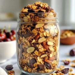 - 3 cups rolled oats - 1 cup chopped almonds - 1/2 cup sunflower seeds - 1/2 cup unsweetened cocoa powder - 1/2 cup maple syrup - 1/4 cup melted coconut oil - 1 cup dried cherries - 1 teaspoon vanilla extract - 1/2 teaspoon sea salt - 1/2 cup dark chocolate chips When I make chocolate cherry granola, I focus on fresh and healthy ingredients. Rolled oats form the base. They are rich in fiber and help keep you full. Almonds add crunch and healthy fats. Sunflower seeds offer a nice contrast and extra nutrients. Cocoa powder gives a deep chocolate flavor without added sugar. Maple syrup serves as a natural sweetener, and melted coconut oil adds moisture. Dried cherries bring a sweet and tart taste that pairs well with chocolate. Vanilla extract enhances all the flavors, while sea salt brightens the mix. Finally, dark chocolate chips melt in your mouth and create a delightful finish. Oats are packed with beneficial nutrients. They contain fiber, protein, and vitamins. Nuts, like almonds, provide healthy fats and antioxidants. Dried cherries are not just tasty; they are full of vitamins and minerals too. One serving of this granola has about 200 calories. It offers a good balance of carbs, fats, and protein. Enjoying portions of this granola can help you feel energized throughout the day. It’s a snack that tastes good and is good for you. {{ingredient_image_1}} 1. Preheat your oven to 350°F (175°C). This step is key for good baking. 2. Line a large baking sheet with parchment paper. This helps with easy cleanup. 3. In a large mixing bowl, combine the rolled oats, chopped almonds, sunflower seeds, cocoa powder, and sea salt. Stir well to mix all the dry ingredients thoroughly. 4. In a separate bowl, whisk together the maple syrup, melted coconut oil, and vanilla extract. Mix until smooth and blended. 1. Pour the wet mixture over the dry ingredients. Stir until each oat and nut is coated well. 2. Spread the mixture evenly onto the prepared baking sheet. This helps it bake evenly. 3. Bake in the preheated oven for 25-30 minutes. Stir the granola halfway through to ensure even baking. It should smell great and be slightly crispy when done. 1. After baking, remove the granola from the oven. Let it cool for about 10 minutes. Cooling helps it clump together nicely. 2. Once it has cooled, toss in the dried cherries and dark chocolate chips. This adds flavor and sweetness. 3. Allow the granola to cool completely before transferring it to an airtight container. Proper storage keeps it fresh longer. To ensure even baking, spread the granola in a thin layer. This helps it cook uniformly. Stir the mixture halfway through baking. This action prevents burning and keeps it crispy. For the right texture, let granola cool for ten minutes after baking. Cooling helps it clump together nicely. You can add different nuts or seeds for extra crunch. Try walnuts, pecans, or even pumpkin seeds. Each adds a unique flavor. You can also substitute sweeteners or oils. Instead of maple syrup, use honey or agave. Swap coconut oil for olive oil for a twist. Enjoy your chocolate cherry granola in many ways. It’s great in yogurt or with milk. You can also eat it as a snack. For a beautiful display, serve it in a clear glass jar. Top it with fresh fruit for extra color and flavor. Pro Tips Store Properly: To keep your granola fresh, store it in an airtight container at room temperature. This will maintain its crunchiness and flavor. Customize Your Nuts: Feel free to substitute the almonds with your favorite nuts, such as walnuts or pecans, for a different flavor and texture. Enhance Flavor: Add a pinch of cinnamon or a dash of espresso powder to the dry ingredients for an extra depth of flavor in your granola. Make It Vegan: If you want a completely vegan version, ensure that the dark chocolate chips are dairy-free and use a plant-based syrup if desired. {{image_2}} You can make your chocolate cherry granola even better! Try adding coconut flakes for a fun twist. Just mix in 1 cup of unsweetened coconut flakes when you combine the dry ingredients. You can also use different dried fruits. Dried strawberries, apricots, or cranberries work well. These additions can give your granola a bright, fruity taste. Want to make it gluten-free? Use gluten-free rolled oats instead of regular ones. This simple change makes the granola safe for those with gluten issues. For vegan options, replace the honey or maple syrup with agave nectar. Also, ensure your chocolate chips are dairy-free. These swaps keep your snack tasty while meeting dietary needs. When shopping for chocolate cherry granola, look at store-bought options. Some brands offer great taste and quality. However, homemade granola has many benefits. You control the ingredients and flavors. Plus, it's often fresher and cheaper than store brands. So, why not give making your own a try? To keep your granola fresh, store it in a cool, dry place. Use an airtight container to avoid moisture. Glass jars work well for storage. They keep the granola fresh and look nice on your shelf. Homemade chocolate cherry granola lasts about two weeks. After that, it may lose its crunch. Look for signs of spoilage like a stale smell or soggy texture. If you see these signs, it's time to toss it. You can freeze granola if you want to keep it longer. Place it in a freezer-safe bag or container. Make sure to remove as much air as possible. To thaw, leave it at room temperature for a few hours. You can also use it straight from the freezer in yogurt or smoothies. To make chocolate cherry granola vegan, you can swap a few key ingredients. Use agave syrup instead of maple syrup. For the butter-like taste, try using plant-based margarine instead of coconut oil. Make sure to choose dairy-free chocolate chips. This keeps your granola vegan and still delicious. Yes, you can! Granola is flexible with nuts. Walnuts, pecans, or cashews work great. You can even use mixed nuts if you want variety. Just chop them up to match the size of the almonds. Feel free to experiment with different nuts based on what you like. Granola offers many health benefits. First, oats are high in fiber, which helps digestion. Nuts add protein and healthy fats, keeping you full longer. Dried cherries provide antioxidants and vitamins. Eating granola can boost energy, making it a great snack for busy days. Plus, making it at home means you control the ingredients, which is always a plus! In this article, I shared a simple chocolate cherry granola recipe. I covered the key ingredients, nutrition facts, and step-by-step instructions. You learned tips for baking, storing, and enjoying this healthy treat. Remember, you can customize it for your taste and dietary needs. Whether you choose to add nuts, switch up sweeteners, or pick different fruits, your granola can be uniquely yours. Enjoy your delicious creation!