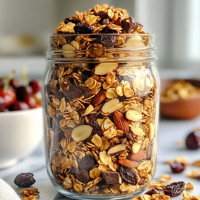 - 3 cups rolled oats - 1 cup chopped almonds - 1/2 cup sunflower seeds - 1/2 cup unsweetened cocoa powder - 1/2 cup maple syrup - 1/4 cup melted coconut oil - 1 cup dried cherries - 1 teaspoon vanilla extract - 1/2 teaspoon sea salt - 1/2 cup dark chocolate chips When I make chocolate cherry granola, I focus on fresh and healthy ingredients. Rolled oats form the base. They are rich in fiber and help keep you full. Almonds add crunch and healthy fats. Sunflower seeds offer a nice contrast and extra nutrients. Cocoa powder gives a deep chocolate flavor without added sugar. Maple syrup serves as a natural sweetener, and melted coconut oil adds moisture. Dried cherries bring a sweet and tart taste that pairs well with chocolate. Vanilla extract enhances all the flavors, while sea salt brightens the mix. Finally, dark chocolate chips melt in your mouth and create a delightful finish. Oats are packed with beneficial nutrients. They contain fiber, protein, and vitamins. Nuts, like almonds, provide healthy fats and antioxidants. Dried cherries are not just tasty; they are full of vitamins and minerals too. One serving of this granola has about 200 calories. It offers a good balance of carbs, fats, and protein. Enjoying portions of this granola can help you feel energized throughout the day. It’s a snack that tastes good and is good for you. {{ingredient_image_1}} 1. Preheat your oven to 350°F (175°C). This step is key for good baking. 2. Line a large baking sheet with parchment paper. This helps with easy cleanup. 3. In a large mixing bowl, combine the rolled oats, chopped almonds, sunflower seeds, cocoa powder, and sea salt. Stir well to mix all the dry ingredients thoroughly. 4. In a separate bowl, whisk together the maple syrup, melted coconut oil, and vanilla extract. Mix until smooth and blended. 1. Pour the wet mixture over the dry ingredients. Stir until each oat and nut is coated well. 2. Spread the mixture evenly onto the prepared baking sheet. This helps it bake evenly. 3. Bake in the preheated oven for 25-30 minutes. Stir the granola halfway through to ensure even baking. It should smell great and be slightly crispy when done. 1. After baking, remove the granola from the oven. Let it cool for about 10 minutes. Cooling helps it clump together nicely. 2. Once it has cooled, toss in the dried cherries and dark chocolate chips. This adds flavor and sweetness. 3. Allow the granola to cool completely before transferring it to an airtight container. Proper storage keeps it fresh longer. To ensure even baking, spread the granola in a thin layer. This helps it cook uniformly. Stir the mixture halfway through baking. This action prevents burning and keeps it crispy. For the right texture, let granola cool for ten minutes after baking. Cooling helps it clump together nicely. You can add different nuts or seeds for extra crunch. Try walnuts, pecans, or even pumpkin seeds. Each adds a unique flavor. You can also substitute sweeteners or oils. Instead of maple syrup, use honey or agave. Swap coconut oil for olive oil for a twist. Enjoy your chocolate cherry granola in many ways. It’s great in yogurt or with milk. You can also eat it as a snack. For a beautiful display, serve it in a clear glass jar. Top it with fresh fruit for extra color and flavor. Pro Tips Store Properly: To keep your granola fresh, store it in an airtight container at room temperature. This will maintain its crunchiness and flavor. Customize Your Nuts: Feel free to substitute the almonds with your favorite nuts, such as walnuts or pecans, for a different flavor and texture. Enhance Flavor: Add a pinch of cinnamon or a dash of espresso powder to the dry ingredients for an extra depth of flavor in your granola. Make It Vegan: If you want a completely vegan version, ensure that the dark chocolate chips are dairy-free and use a plant-based syrup if desired. {{image_2}} You can make your chocolate cherry granola even better! Try adding coconut flakes for a fun twist. Just mix in 1 cup of unsweetened coconut flakes when you combine the dry ingredients. You can also use different dried fruits. Dried strawberries, apricots, or cranberries work well. These additions can give your granola a bright, fruity taste. Want to make it gluten-free? Use gluten-free rolled oats instead of regular ones. This simple change makes the granola safe for those with gluten issues. For vegan options, replace the honey or maple syrup with agave nectar. Also, ensure your chocolate chips are dairy-free. These swaps keep your snack tasty while meeting dietary needs. When shopping for chocolate cherry granola, look at store-bought options. Some brands offer great taste and quality. However, homemade granola has many benefits. You control the ingredients and flavors. Plus, it's often fresher and cheaper than store brands. So, why not give making your own a try? To keep your granola fresh, store it in a cool, dry place. Use an airtight container to avoid moisture. Glass jars work well for storage. They keep the granola fresh and look nice on your shelf. Homemade chocolate cherry granola lasts about two weeks. After that, it may lose its crunch. Look for signs of spoilage like a stale smell or soggy texture. If you see these signs, it's time to toss it. You can freeze granola if you want to keep it longer. Place it in a freezer-safe bag or container. Make sure to remove as much air as possible. To thaw, leave it at room temperature for a few hours. You can also use it straight from the freezer in yogurt or smoothies. To make chocolate cherry granola vegan, you can swap a few key ingredients. Use agave syrup instead of maple syrup. For the butter-like taste, try using plant-based margarine instead of coconut oil. Make sure to choose dairy-free chocolate chips. This keeps your granola vegan and still delicious. Yes, you can! Granola is flexible with nuts. Walnuts, pecans, or cashews work great. You can even use mixed nuts if you want variety. Just chop them up to match the size of the almonds. Feel free to experiment with different nuts based on what you like. Granola offers many health benefits. First, oats are high in fiber, which helps digestion. Nuts add protein and healthy fats, keeping you full longer. Dried cherries provide antioxidants and vitamins. Eating granola can boost energy, making it a great snack for busy days. Plus, making it at home means you control the ingredients, which is always a plus! In this article, I shared a simple chocolate cherry granola recipe. I covered the key ingredients, nutrition facts, and step-by-step instructions. You learned tips for baking, storing, and enjoying this healthy treat. Remember, you can customize it for your taste and dietary needs. Whether you choose to add nuts, switch up sweeteners, or pick different fruits, your granola can be uniquely yours. Enjoy your delicious creation!