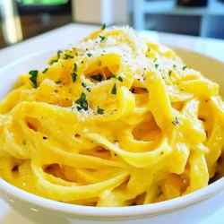 - Fettuccine pasta: You will need 12 ounces of fettuccine pasta. This type of pasta works well because it holds the creamy sauce nicely. - Pumpkin puree: Use 1 cup of pumpkin puree. You can choose canned or homemade. Canned pumpkin is easy and quick. Homemade gives a fresh taste. - Heavy cream: One cup of heavy cream adds richness. It makes the sauce creamy and smooth. - Spices: Nutmeg and cinnamon are key. They add warmth and depth to the sauce. Use 1/2 teaspoon of each for a balanced flavor. - Parsley: Fresh parsley adds color and freshness. Chop it up and sprinkle it on top before serving. - Salt and pepper: These enhance all the flavors. Add salt and pepper to taste for the best results. {{ingredient_image_1}} Start by bringing a large pot of salted water to a boil. The salt adds flavor to the pasta. For this recipe, you will cook 12 ounces of fettuccine pasta. Follow the package instructions for cooking time, usually around 8 to 10 minutes. You want the pasta to be al dente, which means it should be firm when you bite into it. Al dente pasta holds its shape and texture better when mixed with the sauce. In a large skillet, melt 1/4 cup of unsalted butter over medium heat. Once the butter melts, add 2 cloves of minced garlic and sauté for about 1 minute. You want the garlic to be fragrant but not browned. Next, stir in 1 cup of pumpkin puree and 1 cup of heavy cream. Mix until the sauce is smooth and well combined. Then, add 1/2 cup of grated Parmesan cheese, 1/2 teaspoon of nutmeg, 1/2 teaspoon of cinnamon, and salt and pepper to taste. Stir continuously until the cheese melts and the sauce becomes creamy. Once the pasta is cooked and drained, toss it in the pumpkin Alfredo sauce. Make sure the pasta is well coated. If the sauce seems too thick, add a splash of reserved pasta water. This helps adjust the sauce's consistency. Serve your Creamy Pumpkin Alfredo Pasta hot, garnished with chopped fresh parsley and an extra sprinkle of Parmesan if you like. Enjoy the warm, comforting flavors! To stop your sauce from curdling, use low heat. High heat may cause the cream to separate. Stir gently and keep an eye on the temperature. When adding cheese, make sure it’s grated. This helps it melt easily. Add it slowly while stirring. This makes a smooth sauce without lumps. You can spice up your dish by adding more flavors. Try a pinch of chili flakes for heat or fresh herbs like thyme. Each spice adds a new twist. If you want to add protein, chicken or shrimp work great. Cook them separately and toss them in at the end. This makes the dish heartier. To prepare in advance, you can cook the pasta and sauce separately. Mix them just before serving. This keeps the pasta from getting soggy. For storing leftovers, put the pasta in an airtight container. When reheating, add a splash of cream or water. This keeps it creamy and tasty. Pro Tips Use Fresh Nutmeg: For an extra layer of flavor, grate fresh nutmeg instead of using pre-ground. It enhances the aroma and taste of the sauce. Add Protein: Consider adding cooked chicken, shrimp, or sausage for a heartier meal. Simply toss it into the pasta before serving. Adjust Creaminess: If you prefer a lighter sauce, substitute half of the heavy cream with vegetable or chicken broth for a delicious variation. Garnish with Toasted Nuts: Sprinkle toasted pine nuts or walnuts on top for a delightful crunch and added flavor contrast. {{image_2}} You can make this dish vegan by using plant-based cream and cheese. Coconut cream works well for a rich taste. Nutritional yeast can replace Parmesan cheese for that cheesy flavor. You can also opt for gluten-free pasta. Look for brands that use rice or lentils. These options keep everyone happy and included. Want to add nutrition? Toss in some fresh spinach or kale. These greens blend well and boost vitamins. You can also switch cheese types. Try goat cheese or feta for a tangy twist. Each cheese brings its own unique flavor, making the dish more exciting. Fall flavors shine when you add sage or thyme. These herbs enhance the pumpkin taste and warm the dish. You can also pair this pasta with roasted veggies. Think sweet potatoes or Brussels sprouts. They add texture and flavor, making the meal more satisfying. To store leftover Creamy Pumpkin Alfredo Pasta, place it in a container. Make sure it is airtight. You can use glass or plastic containers. They keep the pasta fresh longer. Let the pasta cool before sealing to avoid moisture buildup. Leftover pasta lasts about three to four days in the fridge. Yes, you can freeze this dish! To freeze, place the pasta in a freezer-safe container. Leave space at the top for expansion. For best results, freeze it within two days of cooking. When ready to eat, thaw it overnight in the fridge. Reheat gently on the stovetop for the best flavor and texture. The best way to reheat pasta is on the stovetop. Use medium heat and add a splash of cream or water. This helps restore the creaminess. You can also use a microwave, but be careful. Heat it in short bursts and stir often. This avoids uneven heating and keeps the pasta creamy. Yes, you can substitute heavy cream with several options. Here are some ideas: - Half-and-half: It makes a lighter sauce but still adds creaminess. - Coconut cream: This gives a rich flavor, but it will taste a bit different. - Cashew cream: Blend soaked cashews with water for a vegan option. Each option changes the taste and texture a little. Experiment to find what you like best! Creamy Pumpkin Alfredo Pasta lasts about 3 to 5 days in the fridge. - Signs of spoilage: Look for changes in color, texture, or smell. If it smells sour or looks off, throw it away. Store it in an airtight container to keep it fresh longer! This pasta pairs well with several dishes. Here are some great ideas: - Grilled chicken: The flavors balance nicely. - Roasted vegetables: They add color and nutrients. - A side salad: Fresh greens can brighten the meal. Feel free to mix and match for a complete meal! In this blog post, we explored how to make delicious Creamy Pumpkin Alfredo Pasta. We discussed key ingredients, like fettuccine and pumpkin puree, and the importance of seasonings. I provided clear steps for cooking pasta, preparing a creamy sauce, and assembling your dish. You can personalize this recipe with tips for flavor and variations, such as dietary adjustments or seasonal add-ins. Remember, this dish is all about comfort and creativity. Enjoy experimenting with flavors and making it your own!