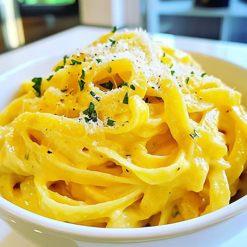 - Fettuccine pasta: You will need 12 ounces of fettuccine pasta. This type of pasta works well because it holds the creamy sauce nicely. - Pumpkin puree: Use 1 cup of pumpkin puree. You can choose canned or homemade. Canned pumpkin is easy and quick. Homemade gives a fresh taste. - Heavy cream: One cup of heavy cream adds richness. It makes the sauce creamy and smooth. - Spices: Nutmeg and cinnamon are key. They add warmth and depth to the sauce. Use 1/2 teaspoon of each for a balanced flavor. - Parsley: Fresh parsley adds color and freshness. Chop it up and sprinkle it on top before serving. - Salt and pepper: These enhance all the flavors. Add salt and pepper to taste for the best results. {{ingredient_image_1}} Start by bringing a large pot of salted water to a boil. The salt adds flavor to the pasta. For this recipe, you will cook 12 ounces of fettuccine pasta. Follow the package instructions for cooking time, usually around 8 to 10 minutes. You want the pasta to be al dente, which means it should be firm when you bite into it. Al dente pasta holds its shape and texture better when mixed with the sauce. In a large skillet, melt 1/4 cup of unsalted butter over medium heat. Once the butter melts, add 2 cloves of minced garlic and sauté for about 1 minute. You want the garlic to be fragrant but not browned. Next, stir in 1 cup of pumpkin puree and 1 cup of heavy cream. Mix until the sauce is smooth and well combined. Then, add 1/2 cup of grated Parmesan cheese, 1/2 teaspoon of nutmeg, 1/2 teaspoon of cinnamon, and salt and pepper to taste. Stir continuously until the cheese melts and the sauce becomes creamy. Once the pasta is cooked and drained, toss it in the pumpkin Alfredo sauce. Make sure the pasta is well coated. If the sauce seems too thick, add a splash of reserved pasta water. This helps adjust the sauce's consistency. Serve your Creamy Pumpkin Alfredo Pasta hot, garnished with chopped fresh parsley and an extra sprinkle of Parmesan if you like. Enjoy the warm, comforting flavors! To stop your sauce from curdling, use low heat. High heat may cause the cream to separate. Stir gently and keep an eye on the temperature. When adding cheese, make sure it’s grated. This helps it melt easily. Add it slowly while stirring. This makes a smooth sauce without lumps. You can spice up your dish by adding more flavors. Try a pinch of chili flakes for heat or fresh herbs like thyme. Each spice adds a new twist. If you want to add protein, chicken or shrimp work great. Cook them separately and toss them in at the end. This makes the dish heartier. To prepare in advance, you can cook the pasta and sauce separately. Mix them just before serving. This keeps the pasta from getting soggy. For storing leftovers, put the pasta in an airtight container. When reheating, add a splash of cream or water. This keeps it creamy and tasty. Pro Tips Use Fresh Nutmeg: For an extra layer of flavor, grate fresh nutmeg instead of using pre-ground. It enhances the aroma and taste of the sauce. Add Protein: Consider adding cooked chicken, shrimp, or sausage for a heartier meal. Simply toss it into the pasta before serving. Adjust Creaminess: If you prefer a lighter sauce, substitute half of the heavy cream with vegetable or chicken broth for a delicious variation. Garnish with Toasted Nuts: Sprinkle toasted pine nuts or walnuts on top for a delightful crunch and added flavor contrast. {{image_2}} You can make this dish vegan by using plant-based cream and cheese. Coconut cream works well for a rich taste. Nutritional yeast can replace Parmesan cheese for that cheesy flavor. You can also opt for gluten-free pasta. Look for brands that use rice or lentils. These options keep everyone happy and included. Want to add nutrition? Toss in some fresh spinach or kale. These greens blend well and boost vitamins. You can also switch cheese types. Try goat cheese or feta for a tangy twist. Each cheese brings its own unique flavor, making the dish more exciting. Fall flavors shine when you add sage or thyme. These herbs enhance the pumpkin taste and warm the dish. You can also pair this pasta with roasted veggies. Think sweet potatoes or Brussels sprouts. They add texture and flavor, making the meal more satisfying. To store leftover Creamy Pumpkin Alfredo Pasta, place it in a container. Make sure it is airtight. You can use glass or plastic containers. They keep the pasta fresh longer. Let the pasta cool before sealing to avoid moisture buildup. Leftover pasta lasts about three to four days in the fridge. Yes, you can freeze this dish! To freeze, place the pasta in a freezer-safe container. Leave space at the top for expansion. For best results, freeze it within two days of cooking. When ready to eat, thaw it overnight in the fridge. Reheat gently on the stovetop for the best flavor and texture. The best way to reheat pasta is on the stovetop. Use medium heat and add a splash of cream or water. This helps restore the creaminess. You can also use a microwave, but be careful. Heat it in short bursts and stir often. This avoids uneven heating and keeps the pasta creamy. Yes, you can substitute heavy cream with several options. Here are some ideas: - Half-and-half: It makes a lighter sauce but still adds creaminess. - Coconut cream: This gives a rich flavor, but it will taste a bit different. - Cashew cream: Blend soaked cashews with water for a vegan option. Each option changes the taste and texture a little. Experiment to find what you like best! Creamy Pumpkin Alfredo Pasta lasts about 3 to 5 days in the fridge. - Signs of spoilage: Look for changes in color, texture, or smell. If it smells sour or looks off, throw it away. Store it in an airtight container to keep it fresh longer! This pasta pairs well with several dishes. Here are some great ideas: - Grilled chicken: The flavors balance nicely. - Roasted vegetables: They add color and nutrients. - A side salad: Fresh greens can brighten the meal. Feel free to mix and match for a complete meal! In this blog post, we explored how to make delicious Creamy Pumpkin Alfredo Pasta. We discussed key ingredients, like fettuccine and pumpkin puree, and the importance of seasonings. I provided clear steps for cooking pasta, preparing a creamy sauce, and assembling your dish. You can personalize this recipe with tips for flavor and variations, such as dietary adjustments or seasonal add-ins. Remember, this dish is all about comfort and creativity. Enjoy experimenting with flavors and making it your own!