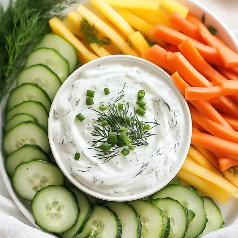- 1 cup Greek yogurt (plain, non-fat or full-fat) - 1 tablespoon fresh dill, chopped - 1 tablespoon fresh chives, chopped - 1 teaspoon garlic powder - 1 teaspoon onion powder - 1 teaspoon dried parsley - 1 tablespoon lemon juice - Salt and black pepper to taste This dip starts with Greek yogurt. It gives a creamy base that is healthy and rich. Fresh dill and chives add a punch of flavor and brightness. Garlic and onion powder bring depth to the taste. Dried parsley gives a nice herbal note. Lemon juice adds a bit of zing, while salt and pepper round out the flavors. - 1-2 tablespoons of milk (for desired consistency) Adding milk can change the dip’s thickness. Use it if you want a smoother texture. You can mix it in slowly to see how it changes. If you don’t have fresh dill, use dried dill. Just use less, about a teaspoon. Chives can be swapped for green onions. Garlic powder can be replaced with fresh garlic. Use 1 clove, minced. If you want a lighter dip, try using low-fat yogurt. You can even use a dairy-free yogurt for a vegan option. {{ingredient_image_1}} First, gather your ingredients. You will need: - 1 cup Greek yogurt (plain, non-fat or full-fat) - 1 tablespoon fresh dill, chopped - 1 tablespoon fresh chives, chopped - 1 teaspoon garlic powder - 1 teaspoon onion powder - 1 teaspoon dried parsley - 1 tablespoon lemon juice - Salt and black pepper to taste - Optional: 1-2 tablespoons of milk (for desired consistency) Now, take a medium mixing bowl. Add the Greek yogurt to the bowl. This is the base of our dip. Next, add the chopped dill and chives to the bowl. These herbs bring fresh flavor. Then, sprinkle in the garlic and onion powder. These spices add depth. Squeeze in the lemon juice. This adds a nice zing to the dip. Mix all the ingredients well. Use a spoon or spatula to get everything combined. Now, season the dip with salt and black pepper. Taste it and adjust the seasoning if needed. If you like a thinner dip, add milk slowly. Stir after each addition until you reach the consistency you want. Cover your bowl with plastic wrap or a lid. Place it in the fridge. Let it chill for at least 30 minutes. This resting time allows the flavors to blend beautifully. Before serving, stir the dip again to mix everything. Taste it one last time. Adjust the seasoning if necessary. Now your creamy Greek yogurt ranch dip is ready to enjoy! To boost the taste of your ranch dip, use fresh herbs. Fresh dill and chives add bright notes. Garlic and onion powders give depth. You can also add a splash of hot sauce for a kick. Experiment with flavors you love. Maybe try fresh basil or cilantro for a twist! If you want a thicker dip, stick with the recipe. If you like it thinner, mix in milk slowly. Start with one tablespoon and add more as needed. This way, you can control the dip's creaminess. A smooth texture makes it easy to scoop with veggies. Presentation is key! Serve the dip in a colorful bowl. Arrange fresh veggies like carrots, cucumbers, and bell peppers around it. This makes your platter look inviting. You can also serve it with whole-grain crackers or pita chips. A sprinkle of extra herbs on top adds flair. Pro Tips Fresh Herbs Matter: Using fresh herbs like dill and chives significantly enhances the flavor of your dip compared to dried herbs. Try to use them whenever possible for a vibrant taste. Chill for Flavor: Allowing the dip to chill in the refrigerator for at least 30 minutes helps the flavors to meld together, resulting in a more delicious final product. Adjust Consistency: If you prefer a thicker dip, skip the milk. For a creamier texture, add milk gradually until you reach your desired consistency. Perfect Pairings: Serve this dip with a variety of fresh vegetables, such as carrot sticks, cucumber slices, and bell pepper strips, for a colorful and nutritious appetizer. {{image_2}} To make a spicy Greek yogurt ranch dip, add some heat. Mix in 1-2 teaspoons of hot sauce or chili powder. You can also use diced jalapeños for a fresh kick. This adds bold flavor and a nice zing to the creamy dip. Adjust the spice level to your taste. Serve with crunchy veggies for a fun snack. For an herb-infused ranch dip, think fresh flavors. Add more herbs like basil or oregano. Try mixing in some fresh parsley or cilantro for a bright touch. You can also swap out the dill for tarragon for a unique twist. This gives the dip a fresh garden taste. It pairs well with grilled veggies or pita chips. If you want a vegan option, use cashew or soy yogurt. These alternatives still give you that creamy texture. Follow the same steps from the original recipe. Season well to enhance the flavors. The dip stays rich and tasty without any dairy. This works great for parties or gatherings where everyone can enjoy it. To keep your Greek yogurt ranch dip fresh, store it in the fridge. Use an airtight container. This helps to prevent any odors from the fridge affecting the dip. Make sure to cover it well. It’s best to wait until serving to add any veggies. This keeps them crisp and fresh. You can freeze this dip, but I don’t recommend it. Freezing changes the texture of Greek yogurt. If you still want to freeze it, place it in a freezer-safe container. Leave some space at the top for expansion. When you’re ready to use it, thaw it in the fridge overnight. Mix it well before serving. When stored correctly, Greek yogurt ranch dip lasts about 3 to 5 days in the fridge. Always check for signs of spoilage before using. If it smells off or looks strange, it's safer to toss it. For the best flavor, try to eat it within the first three days. The best way to serve Greek yogurt ranch dip is with fresh veggies. Cut carrots, cucumbers, and bell peppers into sticks. You can also use celery or cherry tomatoes for a colorful platter. Place the dip in a nice bowl at the center. Arrange the veggies around the bowl. This makes it easy for guests to grab and dip. Adding a sprinkle of dill or chives on top gives it a nice touch. Yes, you can make this dip ahead of time. In fact, making it a few hours early helps the flavors mix well. Just prepare the dip, cover it, and put it in the fridge. If you make it a day in advance, that's okay too. Just give it a good stir before serving. If it thickens up too much, add a little milk to thin it out. Greek yogurt ranch dip lasts about five to seven days in the fridge. Make sure to keep it in an airtight container. If you see any changes in smell or color, it's best to throw it away. Always check for freshness before serving. Enjoy your dip while it’s at its best! This blog post covered all you need to make Greek Yogurt Ranch Dip. We explored main and optional ingredients, plus great substitutes. You learned step-by-step how to prepare, mix, and chill the dip. Helpful tips let you enhance flavor and adjust texture. We also offered fun variations and smart storage advice. Keep this dip in your fridge for tasty snacks or parties. Enjoy your cooking and impress your friends!