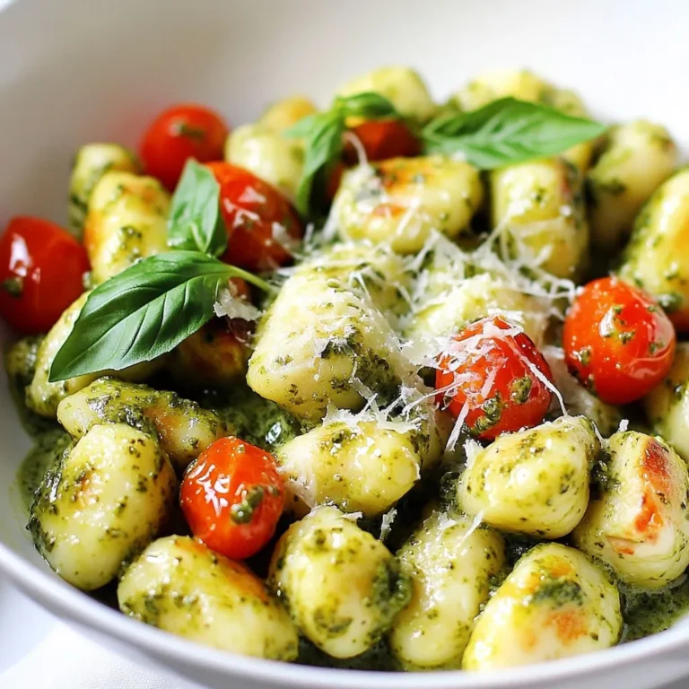 - 1 pound chicken breast, diced - 2 cups fresh gnocchi (store-bought or homemade) - 1 cup heavy cream - 1/2 cup pesto sauce (store-bought or homemade) - 1/2 cup cherry tomatoes, halved - 1/4 cup grated Parmesan cheese - Fresh basil leaves for garnish - Salt and pepper - 1 tablespoon olive oil This creamy pesto chicken gnocchi dish starts with simple, fresh ingredients. You’ll need diced chicken breast, which brings protein and flavor. Fresh gnocchi adds a soft, pillowy texture. The heavy cream makes the sauce rich and smooth. Pesto sauce gives a bright, herby taste that ties everything together. Optional ingredients like cherry tomatoes add a sweet burst. Grated Parmesan cheese provides a savory note. Fresh basil leaves can brighten the dish and add a pop of color. For seasoning, a bit of salt and pepper enhances the flavors. Olive oil is key for cooking the chicken to golden perfection. Each ingredient plays a role in making this meal a delightful weeknight choice. {{ingredient_image_1}} - Cooking the chicken Start by heating 1 tablespoon of olive oil in a large skillet over medium heat. Add 1 pound of diced chicken breast. Season it with salt and pepper. Cook the chicken for about 5-7 minutes. It should turn golden and cooked through. Once done, remove the chicken from the skillet and set it aside. - Sautéing the tomatoes In the same skillet, add 1/2 cup of halved cherry tomatoes. Sauté them for 2-3 minutes until they soften slightly. This adds great flavor and freshness to the dish. - Boiling water and cooking instructions While the tomatoes cook, bring a pot of salted water to a boil. Add 2 cups of fresh gnocchi to the boiling water. Cook according to package instructions, which usually takes about 2-4 minutes. When the gnocchi float, they are done. - Draining instructions Carefully drain the gnocchi in a colander. Set the drained gnocchi aside while you finish cooking the sauce. - Adding cream and pesto Reduce the heat in the skillet to low. Pour in 1 cup of heavy cream. Stir it well to mix with the tomatoes. Next, add 1/2 cup of pesto sauce and stir until fully combined. - Mixing chicken and gnocchi Add the cooked chicken and drained gnocchi to the skillet. Toss everything gently until the gnocchi are well coated in the creamy pesto sauce. Let it heat through for about 2-3 minutes. This helps all the flavors blend together nicely. - To ensure chicken is fully cooked, use a meat thermometer. The center should reach 165°F. Cut into the chicken to see that it is no longer pink. This keeps your meal safe and tasty. - For perfect gnocchi texture, boil them until they float. This means they are done. Overcooking can make them soft and mushy. Drain them well to keep the sauce from becoming watery. - For presentation, serve the dish in shallow bowls. Top with fresh basil leaves and extra Parmesan cheese. This adds color and makes it look appealing. - Pair your Creamy Pesto Chicken Gnocchi with a simple salad or garlic bread. This adds crunch and balances the meal. A light side brings freshness. - If you want alternatives for gnocchi, try small pasta like orzo or even zucchini noodles. These give a different texture. - For dairy-free options, replace heavy cream with coconut cream or cashew cream. Use a dairy-free pesto to keep the flavors rich. This way, everyone can enjoy the meal. Pro Tips Use Fresh Ingredients: For the best flavor, use fresh basil and ripe cherry tomatoes. Fresh ingredients elevate the dish and enhance the overall taste. Don’t Overcook the Gnocchi: Gnocchi is done when it floats to the surface. Overcooking can make it mushy, so keep an eye on the pot! Customize Your Pesto: Feel free to add nuts like pine nuts or walnuts to your pesto for added texture and flavor. You can also blend in some spinach for extra nutrition. Make It a Meal: Add some fresh spinach or arugula at the end of cooking for a pop of color and nutrition. It wilts beautifully in the warm sauce. {{image_2}} You can spice up your creamy pesto chicken gnocchi. Try adding red pepper flakes. They give a nice kick. You can also mix in fresh spinach or kale. Both add color and nutrients. I love how they brighten the dish. For gluten-free options, look for gluten-free gnocchi. Many brands offer this choice. You can also boost protein by adding cooked beans or lentils. These additions make your meal heartier. In the summer, add fresh vegetables. Zucchini, bell peppers, or corn work well. They add a sweet touch. For fall-inspired dishes, think about using butternut squash or mushrooms. These flavors warm up the dish and create a cozy vibe. To store Creamy Pesto Chicken Gnocchi, use airtight containers. Make sure the dish is cool before sealing. This helps keep the flavors fresh and prevents spoilage. In the fridge, it lasts about 3 to 4 days. Be sure to check for any changes in color or smell before eating leftovers. You can freeze this dish for later. First, let it cool completely. Then, place portions in freezer-safe bags or containers. Squeeze out the air to avoid freezer burn. It can stay frozen for up to 3 months. When you are ready to eat it, thaw in the fridge overnight. Reheat in a skillet over low heat. Add a splash of cream to bring back the creamy texture. Leftovers can be a great base for new meals. Try mixing it with a salad for a tasty lunch. You can also turn it into a soup. Just add some chicken broth and extra veggies. Another fun option is to stuff it into bell peppers and bake until warm. Let your creativity flow with these ideas! What type of gnocchi should I use? You can use fresh or frozen gnocchi. Fresh gnocchi cooks fast and tastes great. Frozen gnocchi is convenient and works well too. Both options make a tasty dish. Can I use pre-made pesto? Yes, pre-made pesto is a good choice. It saves time and still gives great flavor. Just make sure to choose a high-quality brand for the best taste. How do I know when the chicken is done? The chicken is done when it turns golden brown and is no longer pink inside. Use a meat thermometer for safety; it should read 165°F. Cut into a piece to check, if needed. What can I serve with Creamy Pesto Chicken Gnocchi? This dish pairs well with a simple salad or garlic bread. You can also serve it with steamed vegetables for a balanced meal. Can I replace heavy cream with milk? You can use milk, but the sauce will be thinner. For a creamier texture, try half-and-half or a mix of milk and cream. What is a good pesto alternative? A good alternative is a sun-dried tomato spread. You can also use homemade spinach pesto for a fresh twist. In this post, we explored how to make Creamy Pesto Chicken Gnocchi. We covered key ingredients, from chicken and gnocchi to rich pesto. You also learned step-by-step cooking methods and tips for perfecting your dish. Always remember to store leftovers properly and consider fun variations. This dish is tasty and simple. With these tips, you can impress anyone at your table. Enjoy your cooking journey and get creative with your meals!