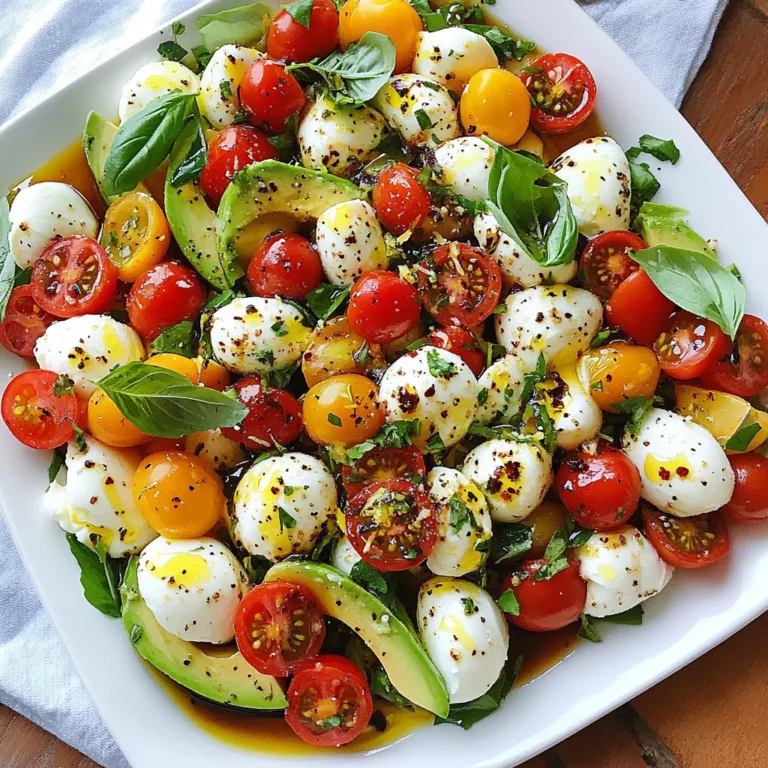 - 2 ripe avocados, diced - 2 cups cherry tomatoes, halved - 1 cup fresh mozzarella balls (bocconcini) - 1/4 cup fresh basil leaves, torn - 2 tablespoons extra-virgin olive oil - 1 tablespoon balsamic vinegar - Salt and pepper to taste - Zest of 1 lemon - Serving Size: 4 - Prep Time: 10 minutes - Total Time: 10 minutes When I make this salad, I love using fresh, ripe avocados. They should feel soft but not mushy. This gives the salad a creamy texture. Cherry tomatoes add sweet and juicy bites. I always choose bright and colorful ones. Fresh mozzarella balls bring a nice, milky taste. They are fun to pop in your mouth! The basil leaves add an aromatic note. I tear them gently to release their oils. For the dressing, I whisk extra-virgin olive oil with balsamic vinegar. A pinch of salt and pepper rounds it out. Adding lemon zest brightens the flavor. This mix makes the salad shine. For serving size and timing, this salad is quick. You can prepare it in just 10 minutes. Perfect when you need a fast and tasty dish! {{ingredient_image_1}} Dicing Avocados Start by cutting your avocados in half. Remove the pit carefully. Use a spoon to scoop the flesh out. Dice the avocado into bite-sized pieces. Place the diced avocado in a large mixing bowl. Halving Cherry Tomatoes Next, take your cherry tomatoes. Rinse them under cool water. Cut each tomato in half. This adds sweetness and color to the salad. Add the halved tomatoes to the mixing bowl with the avocado. Preparing Mozzarella Now, grab your fresh mozzarella balls. These are often called bocconcini. If they are large, cut them in half. For smaller ones, leave them whole. Add the mozzarella to the bowl with the avocados and tomatoes. Combining Ingredients Gently mix the diced avocado, halved tomatoes, and mozzarella together. You want to combine them nicely without squishing the avocado. This will keep the salad fresh and appealing. Folding in Basil Leaves Tear fresh basil leaves into smaller pieces. Add the torn basil to your salad. Fold it in gently. This lets the basil blend in without bruising the leaves. Whisking Olive Oil and Balsamic In a small bowl, add your extra-virgin olive oil and balsamic vinegar. Use a whisk to mix them together. This forms a nice dressing for your salad. Incorporating Seasoning Next, add lemon zest, salt, and pepper to the dressing. Whisk again until everything is well mixed. This adds flavor and a bright touch to the salad. Now you are ready to dress your salad! - Presentation Ideas: Serve the salad on a big platter. Arrange each ingredient in sections. Add whole basil leaves and a sprinkle of lemon zest for flair. - Best Serving Temperature: This salad shines when served fresh. You can chill it for about 15 minutes for a cool bite. - Choosing Ripe Avocados: Look for avocados that yield slightly to gentle pressure. Avoid those with dark spots or dents. - Selecting Fresh Mozzarella: Choose mozzarella balls that are firm and moist. They should smell fresh and have a slightly springy texture. - Techniques for Avocado Preservation: Use lemon juice on cut avocado. This helps slow down browning. Store any leftover avocado tightly wrapped. - Storing the Salad: Keep the salad in an airtight container. It can last in the fridge for up to a day, but it's best fresh. Pro Tips Choose Ripe Avocados: Make sure your avocados are perfectly ripe for the best flavor and creamy texture. They should yield slightly to gentle pressure when squeezed. Fresh Ingredients Matter: Use the freshest mozzarella and basil for a vibrant taste. If possible, opt for buffalo mozzarella for a richer flavor. Customize the Dressing: Feel free to experiment with the dressing by adding minced garlic or a pinch of red pepper flakes for an extra kick! Serve Immediately: To maintain the avocados' bright color and creamy texture, serve the salad immediately after tossing. If you need to chill it, limit the time to 15 minutes. {{image_2}} You can change the tomatoes if you want. Try using heirloom, grape, or even sun-dried tomatoes. Each type brings a unique flavor. Mixing colors adds to the salad's look, too. You can also add protein. Chicken or shrimp can make this salad a meal. Grilled or roasted options work best. Herbs can change the taste of your salad. Adding mint or oregano can give a fresh twist. Fresh herbs enhance the overall flavor. You might also want to add nuts or seeds. Toasted pine nuts or sunflower seeds add a nice crunch. This texture contrast makes every bite exciting. If you want a vegan version, skip the mozzarella. You can use vegan cheese or tofu instead. This keeps the salad creamy and tasty. For gluten-free needs, this salad is already safe. Just ensure any added ingredients are gluten-free. It’s perfect for everyone at the table! - Use an airtight container for storage. - Keep the salad in the fridge. - It lasts about two days in the refrigerator. - Look for browning avocados or mushy tomatoes. - This salad is best served cold. - Avoid reheating to prevent sogginess. Yes, you can make this salad ahead of time. For best taste, prepare the salad without the dressing. Store the salad mix in an airtight container. Keep it in the fridge for up to 4 hours. Add the dressing just before serving. This keeps the avocados fresh and creamy. This salad pairs well with many dishes. Try serving it with grilled chicken or shrimp. It also goes great with crusty bread or pasta. For a light meal, enjoy it with a bowl of soup. Each of these dishes complements the flavors in the salad. Yes, this salad is good for meal prep. Keep the ingredients separate until you are ready to eat. Store the diced avocados and tomatoes in separate containers. This helps maintain their freshness. Combine them with mozzarella and basil right before serving. This blog post covered everything you need for the perfect Avocado Tomato Mozzarella Salad. We discussed key ingredients, step-by-step preparation, and tips for storage. You learned how to mix flavors and keep your salad fresh. Incorporating special variations adds personal touch. Remember to choose ripe avocados and fresh mozzarella for the best taste. Enjoy creating this salad as a meal or side dish!