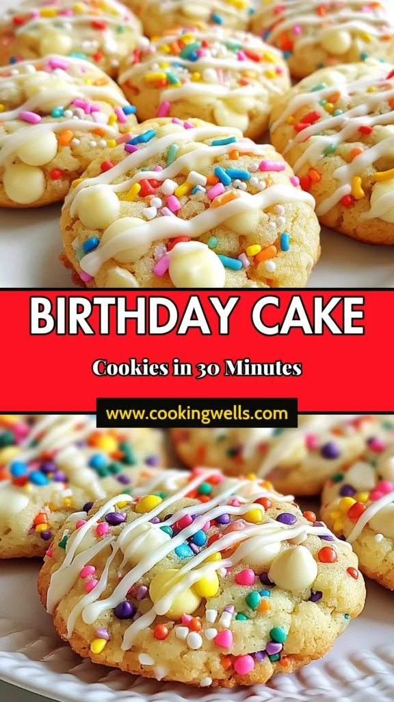 Looking for a delicious Funfetti cookies recipe? Try these Birthday cake cookies that combine the fun of rainbow sprinkle cookies with the richness of white chocolate chip cookies! This easy cookie recipe is perfect for any celebration and will delight both kids and adults. Bake a batch today and enjoy the festive flavors! Save this recipe for your next party or special occasion. #FunfettiCookies #BirthdayCakeCookies #RainbowSprinkleCookies #EasyCookieRecipe