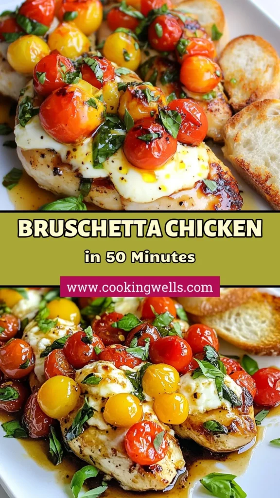 Discover the mouthwatering Tomato Basil Bruschetta Chicken, an irresistible dish perfect for your next Easy Chicken Dinner. This Bruschetta Chicken Recipe combines tender baked chicken with tomatoes and melty mozzarella for a delightful meal. Ready in just 50 minutes, it’s a simple yet impressive complete dinner! Try this flavorful Baked Chicken with Tomatoes and enjoy a delicious Mozzarella Chicken Recipe tonight. Save it now! #ChickenRecipe #EasyDinner #Bruschetta #ItalianCuisine