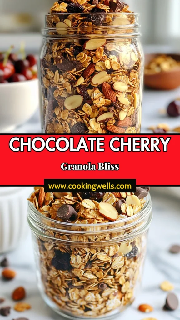 Discover the perfect combination of flavors with this delicious Chocolate Cherry Granola! This healthy granola recipe is easy to make at home and features rich chocolatey goodness alongside dried cherries. Enjoy gluten-free granola snacks that are perfect for breakfast or a quick pick-me-up. Try this simple recipe for homemade granola with chocolate, and get ready to savor each bite! Save this recipe now! #GranolaRecipe #HealthySnacks #GlutenFree #ChocolateDessert