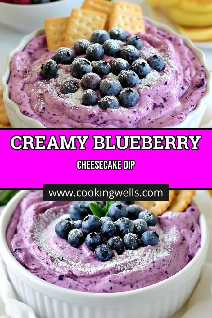 Looking for a delicious and easy dessert recipe? Try this Blueberry Cheesecake Dip! This no-bake cheesecake dip combines creamy cream cheese and fresh blueberries, making it perfect for summer party appetizers. Just 10 minutes to prepare, it’s an irresistible treat served with graham crackers or fruit slices. Don't miss out on this simple dessert that’s guaranteed to impress. Save this recipe for your next gathering! #BlueberryCheesecakeDip #EasyDessertRecipes #CreamCheeseDip #SummerPartyAppetizers