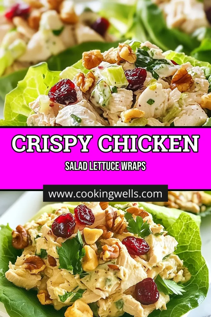Discover a deliciously simple recipe for Cranberry Walnut Chicken Salad Lettuce Wraps! This healthy chicken salad combines shredded chicken, sweet cranberries, and crunchy walnuts, all blended with Greek yogurt for a lighter twist. Perfect as low-carb chicken wraps, these lettuce wrap recipes make a refreshing meal or appetizer. Ready in just 15 minutes, this dish is both nutritious and satisfying. Try it out today! #HealthyRecipes #LettuceWraps #ChickenSalad #LowCarbMeals