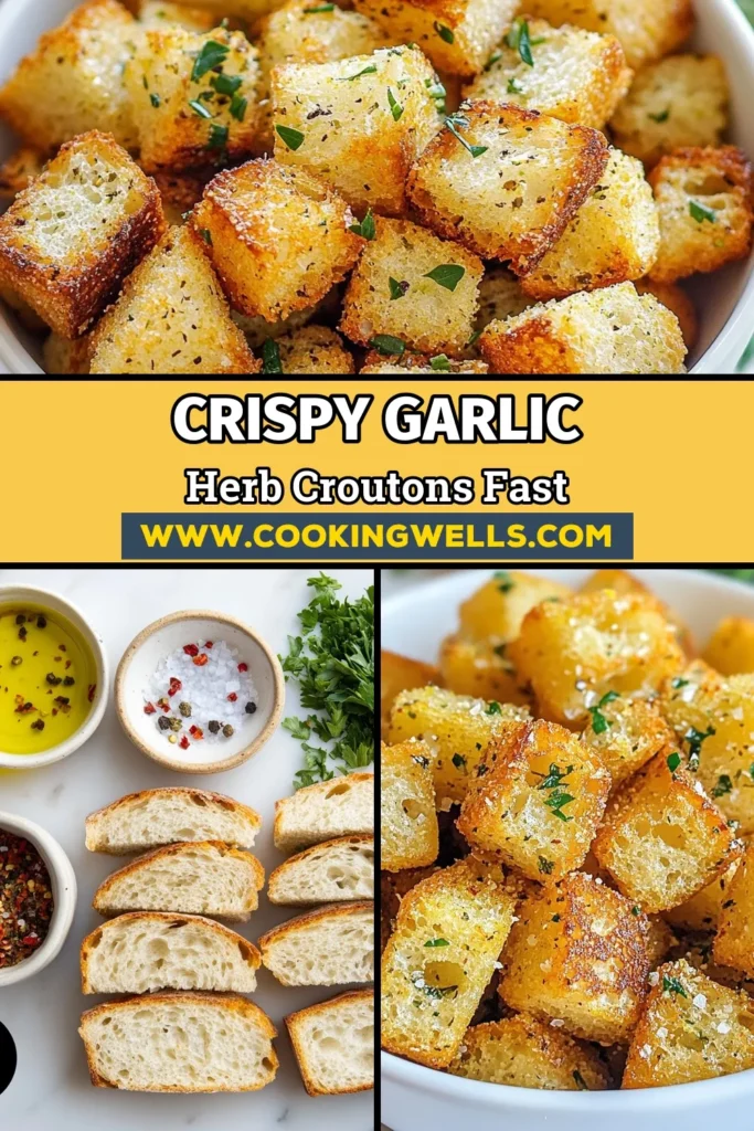 Elevate your salads and soups with these Air Fryer Garlic Herb Croutons! This easy Garlic Herb Croutons Recipe transforms day-old sourdough bread into crispy delights in just 20 minutes. Perfect as homemade croutons in an air fryer, they offer a delicious crunch without the fuss. Try this simple Sourdough Croutons Recipe for a flavor boost that your meals won't forget. Save this for your next cooking adventure! #AirFryerCroutons #HomemadeCroutons #EasyCroutons #GarlicHerbCroutons