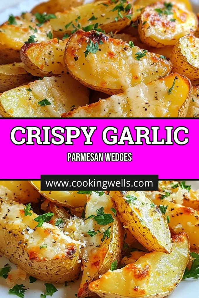 Transform your snack time with these delicious Garlic Parmesan Potato Wedges! This crispy potato wedges recipe is perfect for any meal or as a tasty appetizer. Made with simple ingredients, this oven baked potato wedges dish features an easy garlic Parmesan recipe and a hint of Italian herbs for extra flavor. Try this easy recipe today and impress your family and friends! Don’t forget to save for later! #PotatoWedges #EasyRecipes #GarlicParmesan #SnackIdeas