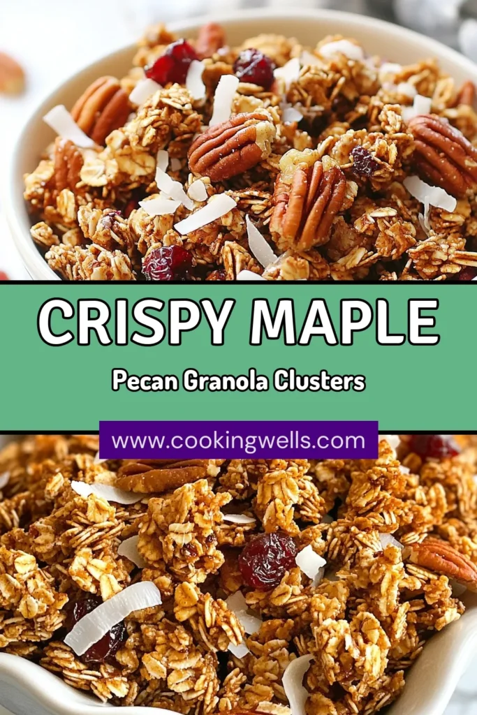 Discover the deliciousness of Maple Pecan Granola Clusters! This homemade granola recipe is not only dairy-free but also packed with wholesome ingredients like pecans, rolled oats, and dried fruit. Perfect for a quick snack or breakfast, these healthy granola clusters are sticky, crunchy, and oh-so-satisfying. Try this easy recipe and enjoy a nutritious treat! Save it for later and share with friends! #MaplePecanGranola #GranolaRecipe #HealthySnacks #DairyFreeCooking
