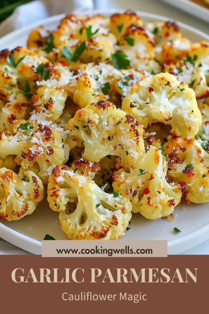 Discover the deliciousness of Garlic Parmesan Cauliflower with this easy roasted cauliflower recipe! This healthy cauliflower side dish will elevate any meal with its crispy, cheesy flavor. Oven-roasted cauliflower with cheese and garlic cauliflower florets make for a perfect pairing at your dinner table. Try this simple method and create a nutritious dish everyone will love! Save this recipe for your next meal. #GarlicParmesanCauliflower #RoastedCauliflowerRecipe #HealthySideDish #OvenRoastedCauliflower
