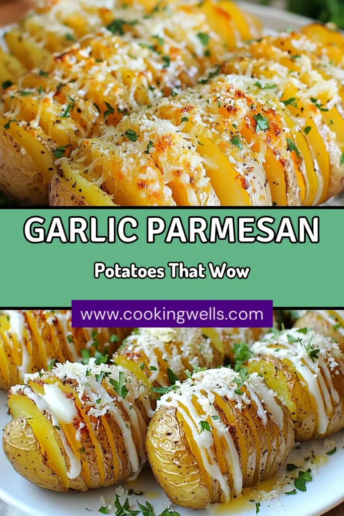 Discover the deliciousness of Garlic Parmesan Hasselback Potatoes with this easy potato side dish recipe. These roasted garlic potatoes are perfect for any meal, featuring crispy, seasoned layers loaded with Parmesan cheese. Impress your family and friends with this Hasselback potato recipe that is both stunning and simple to make. Save this recipe for your next dinner! #GarlicParmesan #HasselbackPotatoes #EasySideDish #ParmesanLoadedPotatoes