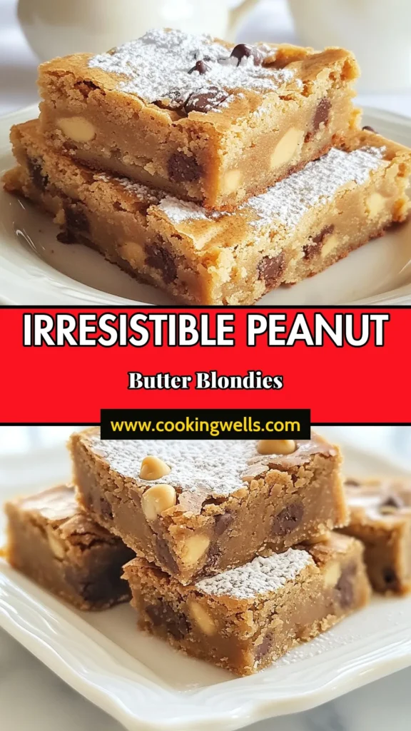 Indulge in these delicious Peanut Butter Chocolate Chip Blondies! This easy blondies dessert combines creamy peanut butter and chocolate chips, making it the perfect homemade blondies recipe. With just a few simple ingredients, you can create a delightful peanut butter chocolate dessert that everyone will love. Perfect for any occasion, try our chocolate chip blondies recipe today! Save and share your creations! #PeanutButterBlondies #EasyDessert #ChocolateChipBlondies #HomemadeGoodness