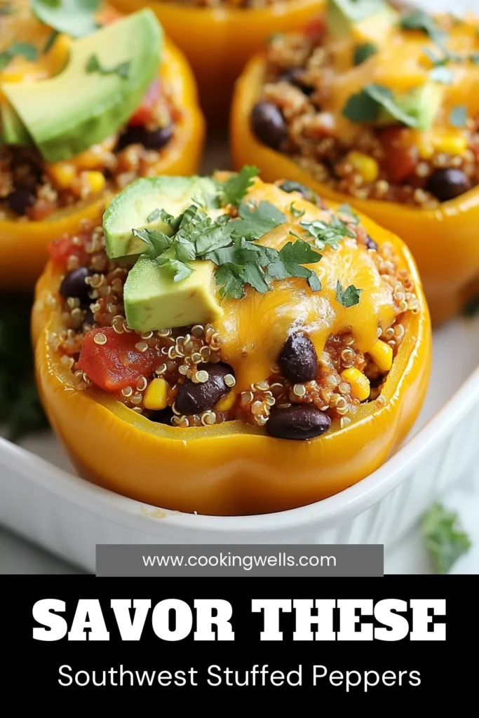 Discover the deliciousness of Southwest quinoa stuffed peppers, the perfect healthy stuffed pepper recipe that’s both nutritious and tasty! These vegetarian quinoa peppers are filled with quinoa, black beans, corn, and spices, making them an easy stuffed peppers recipe for any day. Enjoy them baked to perfection with melted cheese on top. Save this recipe and delight your taste buds tonight! #StuffedPeppers #HealthyRecipes #Quinoa #VegetarianFood
