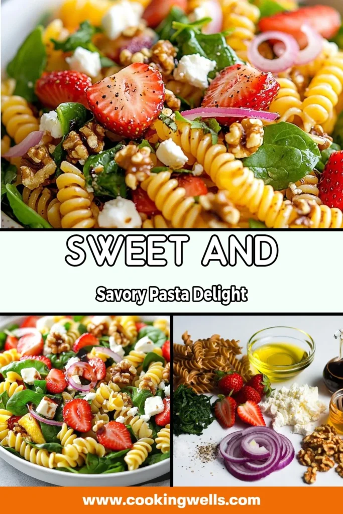 Delight in this refreshing Strawberry Spinach Pasta Salad perfect for summer! This healthy pasta salad recipe features whole wheat pasta, fresh spinach, juicy strawberries, and crumbled feta cheese for a burst of flavor in every bite. It's an easy, nutritious addition to any meal or picnic. Try this delicious summer salad with strawberries today and enjoy a nutritious twist on traditional pasta salads. Save this recipe for your next gathering! #StrawberrySpinachSalad #HealthyPastaSalad #SummerSaladWithStrawberries #FetaCheesePastaSalad