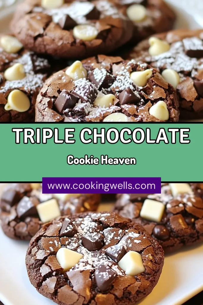 Indulge in these irresistible triple chocolate brownie cookies that combine the fudgy goodness of a brownie with the classic appeal of a chocolate chip cookie recipe. This easy brownie cookie recipe is perfect for chocolate lovers craving homemade chocolate cookies. Each bite is a delicious explosion of semisweet, white, and dark chocolate. Bake these treats and share the joy! Save this recipe now! #BrownieCookies #ChocolateLovers #BakingInspiration #CookieRecipe