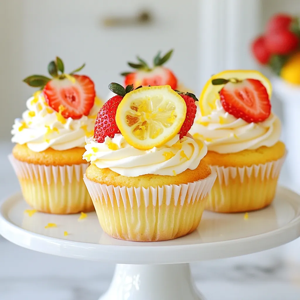 - 1 cup fresh strawberries, hulled and pureed - 1 lemon, zested and juiced - 1/2 cup unsalted butter, softened - 1 cup granulated sugar - 2 large eggs - 1 1/2 cups all-purpose flour - 1 teaspoon baking powder - 1/2 teaspoon baking soda - 1/4 teaspoon salt - 1/2 cup buttermilk Fresh ingredients make a big difference in this recipe. Strawberries bring a sweet flavor and vibrant color. Lemon adds a zesty brightness. Together, they create a refreshing taste in each bite. For the butter, use unsalted. It blends well with sugar and makes the cupcakes rich. The granulated sugar adds sweetness and helps give the cupcakes a nice rise. The eggs provide structure and moisture. They help bind the ingredients together. In your pantry, gather the flour, baking powder, baking soda, salt, and buttermilk. The flour is the base of your batter. Baking powder and baking soda are leavening agents. They help your cupcakes rise and stay fluffy. Salt enhances the flavors in your cake. Buttermilk adds a tangy flavor and keeps the cupcakes moist. It reacts with the baking soda to create a light texture. With these ingredients, you are on your way to making delicious strawberry lemonade cupcakes. Remember, using fresh strawberries and lemon will give the best taste! {{ingredient_image_1}} First, preheat your oven to 350°F (175°C). This step is key for baking. While the oven warms up, line a muffin tin with cupcake liners. This will make it easy to remove your cupcakes later. Next, let's make the strawberry puree. Take one cup of fresh strawberries and hull them. Place the hulled strawberries in a blender. Blend until the strawberries turn smooth. This puree adds a sweet and fruity flavor to your cupcakes. Now, it's time to mix the batter. In a large bowl, cream together 1/2 cup of softened butter and 1 cup of granulated sugar. Mix until it becomes light and fluffy. This process takes about 3-4 minutes. Next, add 2 large eggs, one at a time. Make sure to mix well after each egg. Add 1 teaspoon of vanilla extract and the prepared strawberry puree. Mix again until just combined. In a separate bowl, whisk together 1 1/2 cups of all-purpose flour, 1 teaspoon of baking powder, 1/2 teaspoon of baking soda, and 1/4 teaspoon of salt. Now, you will combine the wet and dry mixtures. Gradually add the dry ingredients to the wet mixture. Alternate this with 1/2 cup of buttermilk. Start and end with the dry mixture. Mix until everything is well combined but do not overmix. Finally, fold in the zest of 1 lemon and 1/4 cup of fresh lemon juice. This gives your cupcakes a fresh and zesty kick. Now, you’re ready to fill the cupcake liners! To get soft and fluffy cupcakes, avoid overmixing the batter. Mix just until the ingredients blend. Overmixing can make your cupcakes tough. Use a gentle folding method when adding the flour mixture. Always start and end with the dry ingredients for best results. Make sure your ingredients are at room temperature. This helps them blend better. Cold butter or eggs can lead to a lumpy batter. Let them sit out for about 30 minutes before you start baking. For a fun twist, add a splash of lemon extract. This boosts the lemon flavor without overpowering the strawberries. You can also try mixing in some fresh mint or basil for a refreshing touch. A bit of zest from a lime can add extra zing too. A lemon-flavored buttercream frosting works best for these cupcakes. It complements the strawberry taste perfectly. To make your cupcakes look great, top them with fresh strawberry slices. A sprinkle of lemon zest adds color and a burst of flavor. Arrange everything neatly for a lovely presentation. Pro Tips Use Fresh Strawberries: Fresh strawberries will provide the best flavor and moisture for your cupcakes. Avoid using frozen strawberries as they can affect the texture. Room Temperature Ingredients: Ensure your butter and eggs are at room temperature before mixing. This helps create a light and fluffy batter. Don’t Overmix the Batter: Mix until ingredients are just combined. Overmixing can lead to dense cupcakes, so be gentle when folding in the dry ingredients. Test for Doneness: Use a toothpick to check for doneness. If it comes out clean or with a few crumbs, your cupcakes are ready. Avoid opening the oven too early to prevent collapsing. {{image_2}} If you need gluten-free options, use a gluten-free flour blend. This swap works well in most recipes. Make sure to check the blend for baking powder. It helps keep your cupcakes light and fluffy. For dairy-free alternatives, try using coconut oil instead of butter. You can replace buttermilk with almond milk. Just add a splash of vinegar to sour the milk. These changes keep the flavors fresh without dairy. You can change up the fruit for fun flavors. Use raspberries for a berry twist. Blueberries add a nice color and taste. If you want a tropical vibe, try mango or pineapple. Just keep the same amount of fruit puree for balance. Add herbs like basil or mint for a unique touch. A hint of ginger gives a nice kick. The possibilities are endless! For frosting, consider lemon cream cheese frosting. It adds a tangy flavor that pairs well with the cupcakes. You can also try vanilla buttercream for a sweet touch. For a lighter option, use whipped cream with lemon zest. This makes a refreshing topping. Fresh fruit slices or edible flowers can add beauty to your cupcakes. These simple changes make your treats stand out! To keep your strawberry lemonade cupcakes fresh, store them in an airtight container. This helps prevent them from drying out. Place them in a cool, dry place away from sunlight. They stay fresh for up to three days at room temperature. If you want them to last longer, consider refrigerating them. They can stay fresh in the fridge for up to a week. Freezing cupcakes is a great way to save them for later. First, let the cupcakes cool completely. Wrap each cupcake tightly in plastic wrap. Then, place them in a freezer-safe bag or container. You can freeze them for up to three months. When you are ready to enjoy them, take them out and let them thaw at room temperature. To warm up your cupcakes, use the oven or microwave. If you use the oven, preheat it to 350°F (175°C). Place the cupcakes on a baking sheet for about 5-7 minutes. If you prefer the microwave, heat them for about 10-15 seconds. Be careful not to overheat, as they can become dry. Enjoy your cupcakes warm for a delightful treat! How can I make my cupcakes more lemony? To make your cupcakes more lemony, use more lemon juice and zest. Adding an extra tablespoon of lemon juice can boost the flavor. You can also try a lemon extract. Just a few drops can add a punch of lemon taste. Can I use frozen strawberries? Yes, you can use frozen strawberries! Just thaw them and drain any excess liquid. This helps keep your batter from becoming too wet. The flavor will still shine through in your cupcakes. What type of frosting pairs well with strawberry lemonade cupcakes? A lemon-flavored buttercream frosting is a great choice. It adds a sweet and tangy balance to the cupcakes. You can also use cream cheese frosting for a rich twist. Both options make your cupcakes look and taste amazing! You learned how to make delicious strawberry lemonade cupcakes. We covered fresh ingredients and pantry staples, plus step-by-step methods. I shared tips for texture and flavor, plus ways to store and freeze cupcakes. Remember, you can mix things up with different fruits and frostings. Enjoy baking, and don’t hesitate to try your variations. Perfecting this recipe can lead to great treats for friends and family. Your cupcake adventure starts now!