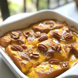 To create a delightful Pumpkin Spice French Toast Bake, you need these main ingredients: - 1 loaf of challah or brioche bread, cut into cubes - 1 cup canned pumpkin puree - 4 large eggs - 1 cup milk - 1 teaspoon vanilla extract - 1 teaspoon ground cinnamon - 1/2 teaspoon ground nutmeg - 1/2 teaspoon ground ginger - 1/4 teaspoon salt - 1/2 cup brown sugar These ingredients work together to give you a warm, cozy dish full of flavor. The bread soaks up the pumpkin mixture, turning soft and tender. For a bit more crunch and taste, you can add these optional ingredients: - 1/2 cup pecans, chopped (add for a nutty flavor) Adding pecans gives your bake a nice texture. You can also sprinkle some on top before baking for added crunch. Don’t have everything on hand? Here are some easy swaps: - Use any bread like sourdough or whole wheat instead of challah or brioche. - Swap milk with almond or oat milk for a dairy-free option. - If you lack brown sugar, regular sugar works too. These substitutions allow you to enjoy the dish even if you run low on certain ingredients. {{ingredient_image_1}} First, we start by preheating the oven to 350°F (175°C). This helps the bake cook evenly. Next, take a 9x13-inch baking dish and grease it to prevent sticking. In a large bowl, combine 1 cup of canned pumpkin puree, 4 large eggs, and 1 cup of milk. Add in 1 teaspoon of vanilla extract, 1 teaspoon of ground cinnamon, 1/2 teaspoon of ground nutmeg, 1/2 teaspoon of ground ginger, and 1/4 teaspoon of salt. Then, mix in 1/2 cup of brown sugar. Whisk until the mixture is smooth. Now, take one loaf of challah or brioche bread and cut it into cubes. Gently fold the cubed bread into the pumpkin mixture. If you like, add 1/2 cup of chopped pecans for extra crunch. Once everything is mixed, pour it into the prepared baking dish. Spread it evenly to ensure it cooks well. Cover the dish with aluminum foil and place it in the preheated oven. Bake for 25 minutes. This step keeps the moisture inside. After 25 minutes, remove the foil and bake for another 15-20 minutes. Keep an eye on it until the top turns golden brown and the center is set. Once it's done, take it out of the oven and let it cool for about 10 minutes. This cooling time lets the flavors settle. When you serve your pumpkin spice French toast bake, do it warm. Drizzle maple syrup over the top for a sweet touch. You can also add extra chopped pecans or a dollop of whipped cream for a special treat. This dish is perfect for breakfast or brunch, and it brings a cozy feel to any meal. Enjoy each bite! To get the best texture, use stale bread. Stale challah or brioche soaks up the egg mixture well. Cut the bread into cubes to help it absorb the flavors. Let the mixture sit for at least 15 minutes before baking. This gives the bread time to soak up all the tasty pumpkin goodness. Bake uncovered for the last 15-20 minutes. This creates a nice, crunchy top while keeping the inside soft. One common mistake is over-mixing the bread and egg mixture. Mix just until everything is combined. This keeps the bread pieces intact. Another mistake is not letting it cool before serving. If you cut too soon, it may fall apart. You also want to avoid using too much liquid. Stick to the recipe's measurements for the best result. Serve warm straight from the oven. Drizzle maple syrup over each slice for added sweetness. If you like nuts, sprinkle some chopped pecans on top. Whipped cream can add a nice touch, too. Pair it with a hot drink like coffee or tea. This makes for a cozy breakfast or brunch. Enjoy every bite of this comfort dish! Pro Tips Use Day-Old Bread: Stale bread absorbs the custard mixture better, resulting in a more flavorful and cohesive bake. Custom Spice Blend: Feel free to adjust the spices according to your taste. Adding allspice or cloves can give an extra depth of flavor. Overnight Prep: Assemble the dish the night before and refrigerate it. This allows the bread to soak up the custard thoroughly. Serving Suggestions: Top with fresh fruit or yogurt for a delicious twist, and consider a sprinkle of powdered sugar for presentation. {{image_2}} You can easily change this dish for special times of the year. For fall, add some apples or cranberries. Layer these fruits on top of the bread before you pour in the pumpkin mixture. For winter, try adding some peppermint extract. This gives a fresh taste that pairs well with the pumpkin spice. In the spring, use lemon zest to brighten the flavors. Each twist makes this bake fit the season and taste great! While challah or brioche works best, you can use other breads too. Try sourdough for a tangy flavor. Whole wheat bread is a healthy choice and adds a nutty taste. If you want a sweeter touch, use cinnamon raisin bread. Each type of bread will change the texture and flavor, making your bake unique. You can even mix different breads for more fun! There are many ways to give this bake more flavor. Add a splash of orange juice for a zesty kick. For a richer taste, swap half the milk for cream. If you like nuts, add walnuts or almonds instead of pecans. You can also sprinkle some chocolate chips on top for a sweet treat. These small changes can make your Pumpkin Spice French Toast Bake even more delicious! To store leftovers, let the bake cool completely. Transfer it to an airtight container. You can also cover it tightly with plastic wrap. Keep it in the fridge for up to 3 days. This way, the flavors stay fresh and tasty. When you're ready to enjoy the leftovers, preheat your oven to 350°F (175°C). Place the bake in an oven-safe dish. Cover it with foil to keep it moist. Heat for about 15-20 minutes or until warm. You can also microwave individual portions for about 30-60 seconds. If you want to save some for later, freezing is a great option. Cut the bake into pieces before freezing. Wrap each piece in plastic wrap, then place them in a freezer bag. This helps to prevent freezer burn. It can stay fresh for up to 3 months. When you’re ready to eat, just thaw it overnight in the fridge and reheat as mentioned. Yes, you can. To make this dish ahead, prepare the mixture as usual. After mixing the bread with the pumpkin mixture, cover the dish tightly. Place it in the fridge for up to 24 hours. When ready to bake, take it out and let it sit at room temperature for about 10 minutes. This step helps it bake evenly. This dish stays good in the fridge for about three to four days. Store any leftovers in an airtight container. When you are ready to eat, just reheat in the oven or microwave. It will still taste great and keep its cozy flavors. You can use fresh pumpkin. Just make sure to cook and puree it first. Start by roasting or boiling the pumpkin until it's soft. Then, mash it until smooth. This fresh version may have a different texture but can add a nice twist to your bake. You learned about the important ingredients for your dish and how to prepare it. I detailed steps for baking and serving. With helpful tips, you can dodge common mistakes and ensure a great texture. I shared fun variations and smart storage info for leftovers. Use this guide to impress your family and friends. Cooking should be fun and easy! Enjoy your cooking journey and feel proud of your tasty creations!
