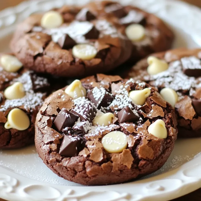 To make the perfect triple chocolate brownie cookies, you need a few key ingredients. Each one plays a role in creating that rich, decadent flavor. Here’s what you will need: - 1 cup unsalted butter, melted - 1 cup brown sugar - 1/2 cup granulated sugar - 2 large eggs - 2 teaspoons vanilla extract - 1 cup all-purpose flour - 1/2 cup cocoa powder - 1/2 teaspoon baking powder - 1/4 teaspoon salt - 1 cup semisweet chocolate chips - 1/2 cup white chocolate chips - 1/2 cup dark chocolate chunks Each ingredient adds its own magic to the cookies. The unsalted butter gives a rich base, while brown sugar adds moisture and depth. Granulated sugar helps balance sweetness. Eggs bind everything together and add structure. Vanilla extract enhances the overall flavor, making it more complex. All-purpose flour provides the right texture, while cocoa powder intensifies the chocolate taste. Baking powder helps the cookies rise, and salt balances the sweetness. The real stars are the chocolate chips and chunks. Semisweet chips offer a classic chocolate flavor. White chocolate adds creaminess, and dark chocolate chunks give a bold bite. Together, they create an unforgettable treat. {{ingredient_image_1}} First, you need to preheat your oven to 350°F (175°C). This step is vital for even baking. While the oven warms, grab two baking sheets. Line them with parchment paper to keep the cookies from sticking. This makes cleanup a breeze. In a large mixing bowl, combine 1 cup of melted unsalted butter with 1 cup of brown sugar and 1/2 cup of granulated sugar. Whisk them together until smooth. This mixture should look creamy and glossy. Next, add 2 large eggs, one at a time. After each egg, whisk well. This helps to incorporate air for a nice texture. Finally, stir in 2 teaspoons of vanilla extract for flavor. In a separate bowl, sift together 1 cup of all-purpose flour, 1/2 cup of cocoa powder, 1/2 teaspoon of baking powder, and 1/4 teaspoon of salt. Sifting removes lumps and helps mix the ingredients evenly. Gradually add this dry mixture to the wet mixture. Stir gently until just combined. Avoid over-mixing to keep your cookies soft. Now, it's time to fold in the chocolate! Add 1 cup of semisweet chocolate chips, 1/2 cup of white chocolate chips, and 1/2 cup of dark chocolate chunks. Use a spatula to gently mix them into the dough. Then, using a tablespoon or cookie scoop, drop balls of dough onto your prepared baking sheets. Make sure to leave space between each cookie for spreading. Bake them in your preheated oven for 10 to 12 minutes. The edges should set while the centers remain slightly underbaked. Once baked, let the cookies cool on the baking sheets for about 5 minutes. This helps them firm up a bit. After that, transfer them to a wire rack to cool completely. This cooling step is important, as it enhances the texture and taste. Enjoy these rich and decadent treats! To bake the best triple chocolate brownie cookies, follow these tips: - Use room temperature ingredients: This helps the butter and sugars blend well. - Do not overmix the dough: Stir until just combined to keep cookies soft. - Chill the dough: Let it rest in the fridge for 30 minutes. This step prevents spreading. - Space the cookies: Leave about two inches between each dough ball. They will spread while baking. - Use an oven thermometer: Ovens can be off by a few degrees. This ensures even baking. Here are common pitfalls to steer clear of: - Skipping the baking powder: It helps the cookies rise and stay soft. - Overbaking: Remove cookies when the edges are set but the center looks soft. - Not measuring ingredients accurately: Use measuring cups and spoons for best results. - Using cold butter: This can affect the texture. Melted butter is key for the right mix. - Ignoring the cooling time: Let cookies cool on the sheet before transferring them. For that perfect chewy texture, keep these points in mind: - Use a mix of chocolates: Semisweet, white, and dark chocolate create great flavor and texture. - Do not skip the cocoa powder: This adds depth to the chocolate flavor. - Underbake slightly: They will firm up as they cool, making them fudgy inside. - Store properly: Keep cookies in an airtight container to retain moisture. - Try adding a touch of sea salt: A sprinkle on top enhances the chocolate taste. By following these tips and avoiding mistakes, you will create delicious, rich, and decadent triple chocolate brownie cookies. Enjoy your baking adventure! Pro Tips Chill the Dough: For thicker cookies, chill the dough for at least 30 minutes before baking. This helps prevent spreading and results in a chewier texture. Use Quality Chocolate: Invest in high-quality chocolate chips and chunks for a richer flavor. The taste of your cookies will significantly improve with better chocolate. Don’t Overbake: To achieve a soft, fudgy center, avoid overbaking. Remove the cookies when the edges are set but the center still appears slightly underbaked. Experiment with Mix-ins: Feel free to customize your cookies by adding nuts, dried fruits, or even a pinch of sea salt on top before baking for added flavor and texture. {{image_2}} You can enjoy these cookies without gluten. Use a gluten-free flour blend instead of all-purpose flour. Brands like Bob's Red Mill or King Arthur Flour work well. Make sure it has a good binding agent, like xanthan gum, to help the cookies hold together. To make these cookies vegan, swap eggs for flax eggs. Mix one tablespoon of flaxseed meal with three tablespoons of water. Let it sit until it thickens. Replace butter with coconut oil or a vegan butter substitute. Use dairy-free chocolate chips for a rich flavor. Feel free to get creative with your cookies! You can add nuts like walnuts or pecans for crunch. Dried fruits like cherries or cranberries can add a nice twist. Try adding a pinch of sea salt on top for a sweet-salty mix. A splash of espresso powder can enhance the chocolate flavor too! To keep your triple chocolate brownie cookies fresh, place them in an airtight container. Layer parchment paper between the cookies if you stack them. This keeps them from sticking together. Store the container at room temperature. They stay good for about one week. If you want to save cookies for later, freezing works great. Place the cookies in a single layer on a baking sheet. Freeze them for about one hour. Once firm, transfer them to a freezer-safe bag. Remove as much air as you can. These cookies last for up to three months in the freezer. When you’re ready to enjoy your cookies again, preheat your oven to 350°F (175°C). Place the cookies on a baking sheet and heat for five to eight minutes. This brings back their soft texture. You can also microwave them for about 10 seconds. Enjoy the melty chocolate goodness! To make your cookies chewier, use more brown sugar than granulated sugar. Brown sugar adds moisture. Also, don’t bake them too long. Pull them out when the edges set but the center looks soft. This keeps them chewy and fudgy. Yes, you can mix and match chocolates! Use milk chocolate for a sweeter flavor or dark chocolate for a richer taste. You can even try flavored chocolate, like orange or mint, for a fun twist. Just keep the total chocolate amount the same. You can use coconut oil or vegetable oil as a butter substitute. If you want a dairy-free option, use non-dairy butter. Applesauce can also work, but it may change the cookie's texture. Keep in mind that butter adds a rich flavor. These cookies stay fresh for about one week at room temperature. Store them in an airtight container to keep them soft. You can also freeze them for up to three months. Just thaw them overnight in the fridge when you’re ready to enjoy. Absolutely! You can make the dough and chill it in the fridge. This helps the flavors meld and makes it easier to scoop. Just wrap it tightly in plastic wrap. You can chill the dough for up to three days. When ready, bake and enjoy! We've explored the essential ingredients and steps for perfect Triple Chocolate Brownie Cookies. You can now bake with confidence using the tips and tricks provided. Remember to consider variations to suit your needs, whether gluten-free or vegan. Store your cookies properly for lasting freshness. With these guidelines, you’ll enjoy delicious treats that satisfy your sweet cravings. Happy baking!