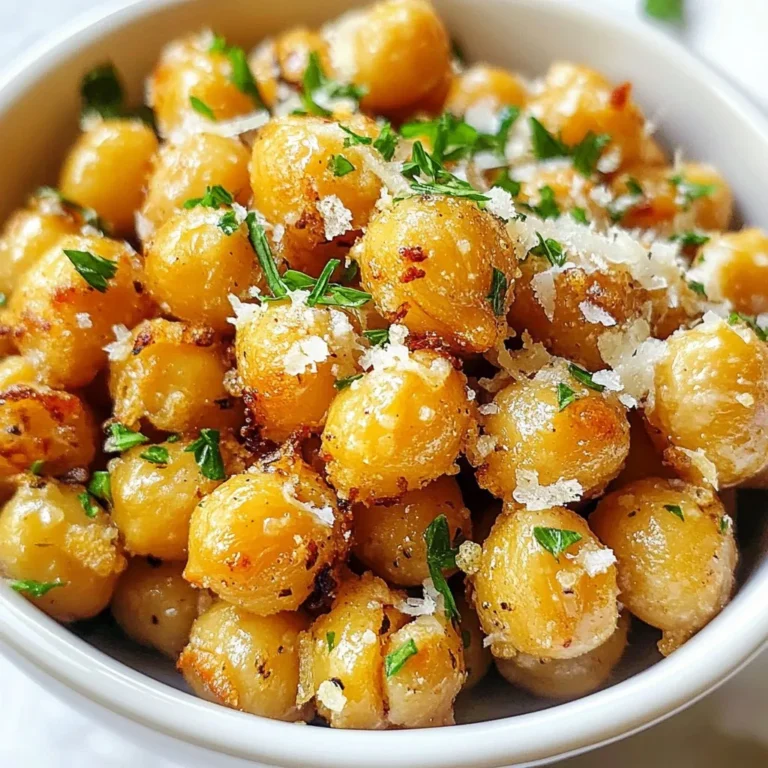 - 1 can (15 oz) chickpeas, rinsed and drained - 2 tablespoons olive oil - 1 teaspoon garlic powder - 1 teaspoon onion powder - 1/2 teaspoon smoked paprika - 1/4 teaspoon cayenne pepper (optional for heat) - 1/2 teaspoon salt - 1/4 cup grated Parmesan cheese - Fresh parsley, finely chopped (for garnish) You can add lemon zest for a fresh taste. A dash of cumin brings a warm touch. If you love herbs, try adding dried oregano or thyme. They add great flavor and aroma. You will need a baking sheet lined with parchment paper. A large mixing bowl helps combine everything well. Don't forget a paper towel to dry the chickpeas. An oven thermometer ensures your oven is at the right temperature. Lastly, a spatula or spoon helps you toss the chickpeas easily. {{ingredient_image_1}} Start by preheating your oven to 400°F (200°C). Line a baking sheet with parchment paper to make cleanup easy. Open a can of chickpeas, and rinse them well. Drain the water and pat them dry with a paper towel. Removing moisture is key. It helps the chickpeas get nice and crispy. In a large bowl, combine the dried chickpeas with 2 tablespoons of olive oil. Then, add 1 teaspoon of garlic powder, 1 teaspoon of onion powder, and 1/2 teaspoon of smoked paprika. If you like heat, add 1/4 teaspoon of cayenne pepper. Finally, sprinkle in 1/2 teaspoon of salt. Toss everything together until the chickpeas are fully coated. Spread the seasoned chickpeas in a single layer on the baking sheet. Place the sheet in your preheated oven. Roast for 25-30 minutes. Make sure to shake the pan halfway through. This helps them cook evenly. For a cheesy finish, sprinkle 1/4 cup of grated Parmesan cheese over the chickpeas in the last 5 minutes. This step makes them extra delicious and crispy. Once they turn golden brown, take them out and let them cool for a bit. Garnish with fresh parsley for added flavor. To get that perfect crunch in your garlic Parmesan roasted chickpeas, start with dry chickpeas. After rinsing, pat them with a paper towel. This step is key. It removes moisture that can lead to soggy snacks. Next, use a good amount of olive oil. This helps them crisp up nicely. Spread the chickpeas in a single layer on the baking sheet. If they overlap, they won't cook evenly. Shake the pan halfway through cooking. This ensures every chickpea gets nice and crispy. One common mistake is not drying the chickpeas enough. If they are wet, they won't crisp up. Another mistake is overcrowding the baking sheet. If you pile them on, the heat can't reach all sides. This leads to uneven cooking. Also, don't skip the cheese step. Adding Parmesan in the last five minutes is crucial. This helps it melt and form a tasty, crunchy layer. Using fresh ingredients can enhance the flavor of your chickpeas. Fresh garlic is stronger and more aromatic than garlic powder. However, garlic powder is convenient and works well. When it comes to herbs, fresh parsley adds a bright touch. If you don't have fresh parsley, dried herbs can work too. Just remember, dried herbs are more potent. Use less if you choose them. Always taste as you go to find the right balance for your dish. Pro Tips Pat Them Dry: Make sure to thoroughly pat the chickpeas dry before seasoning. This step is crucial for achieving a crispy texture when roasted. Season Generously: Don’t be shy with the spices! Adjust the seasonings to your taste, adding more garlic powder or paprika for a stronger flavor. Even Layering: Spread the chickpeas in a single layer on the baking sheet. This ensures even roasting and prevents them from steaming instead of crisping. Cool Before Serving: Allow the roasted chickpeas to cool slightly before serving. This helps them maintain their crunchiness. {{image_2}} You can change the flavor of your garlic Parmesan roasted chickpeas easily. Try adding different spices to make it your own. For a tangy kick, use lemon zest. You can also add Italian herbs like oregano or basil for a fresh taste. If you want more heat, try using red pepper flakes instead of cayenne. For a smoky flavor, add more smoked paprika. The options are endless! This recipe is already gluten-free, which is great. To make it vegan, simply skip the Parmesan cheese or use a vegan cheese substitute. Nutritional yeast is a fantastic option here. It adds a cheesy flavor without the dairy. You can still enjoy the crunch without worrying about dietary needs. Garlic Parmesan roasted chickpeas are tasty on their own, but you can take them further. Serve them with a yogurt-based dip for a creamy contrast. Hummus is another great choice, adding a nutty taste. You might also try a tangy salsa for a burst of flavor. Pair them with fresh veggies or even on a salad for extra crunch. Enjoy them at parties, game nights, or as a healthy snack anytime! To keep your garlic parmesan roasted chickpeas fresh, store them in an airtight container. Make sure the container is dry and clean. Place the chickpeas in the container only when they cool down. This helps them stay crunchy longer. If you cover them while they are warm, moisture builds up. This can make them soggy and lose their crispiness. When you want to eat your leftover chickpeas, the oven is your best friend. Preheat your oven to 350°F (175°C). Spread the chickpeas on a baking sheet in a single layer. Heat them for about 10 to 15 minutes. This helps bring back their crunch. You can also use an air fryer. Set it to 350°F (175°C) and cook for about 5 to 7 minutes. This method works wonders too! In the fridge, your roasted chickpeas will stay good for about 3 to 4 days. Make sure to check for any signs of spoilage before eating. If you want to keep them longer, freeze them. In the freezer, they can last for up to 3 months. When you are ready to eat them, just thaw in the fridge or reheat directly from frozen. This way, you can enjoy them anytime! Yes, you can use dried chickpeas. However, you must cook them first. Soak dried chickpeas in water overnight. After soaking, boil them until tender. This can take about one hour. Once cooked, drain and dry them well before seasoning. These chickpeas are great on their own, but you can pair them with dips. A yogurt-based dip works well. You can also serve them with a salad or as a crunchy topping on soups. They add texture and flavor to any dish. To add spice, increase the cayenne pepper. You can also try adding chili powder. Another option is to mix in some hot sauce before roasting. This will give your chickpeas a nice kick. Adjust the heat to your taste! This article covered how to make crispy garlic parmesan roasted chickpeas. We explored the key ingredients and essential tools for preparation. I shared step-by-step instructions for perfect seasoning and roasting. You learned tips to achieve the right crunch and avoid common mistakes. We also discussed flavor variations and how to store leftovers. Making chickpeas this way is easy and fun. With a few tweaks, you can suit your taste. Enjoy experimenting with spices and serving ideas. Get ready to impress with a tasty snack!