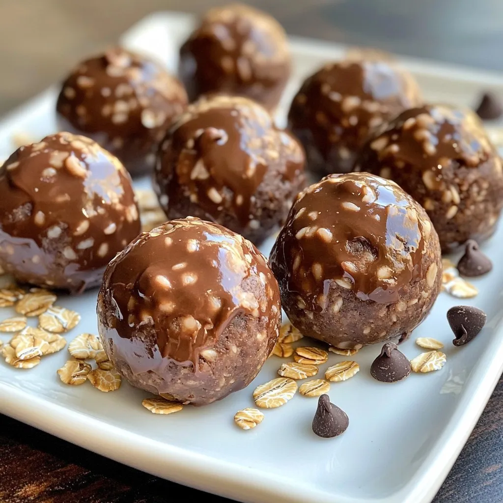 - 1 cup natural peanut butter - 1 cup rolled oats - 1/2 cup chocolate protein powder - 1/4 cup honey or maple syrup - 1/4 cup dark chocolate chips - 1/4 cup ground flaxseed - 1/2 teaspoon vanilla extract - A pinch of sea salt To make these tasty Chocolate Peanut Butter Protein Balls, you need simple ingredients. Each one serves a purpose. Natural peanut butter gives a rich flavor and healthy fats. It helps hold the balls together. Rolled oats add texture and fiber. They are great for energy. Chocolate protein powder boosts the protein content. This means each ball is a good snack after workouts. You can choose honey or maple syrup for sweetness. They bring a nice touch to the mix. Dark chocolate chips are a treat. They melt in your mouth and add depth. Ground flaxseed is full of omega-3s. It also helps with digestion. Vanilla extract adds a warm flavor. A pinch of sea salt balances the sweetness. Together, these ingredients make a healthy and delicious snack. - Calories per serving: About 100 calories per ball - Protein content per ball: Approximately 5 grams of protein - Overall nutritional benefits: These protein balls are packed with nutrients. They provide healthy fats, fiber, and protein. Each ball helps you feel full and satisfied. Enjoy them as a snack or a quick breakfast! {{ingredient_image_1}} 1. Start by mixing the wet ingredients. In a large bowl, combine: - 1 cup natural peanut butter - 1/4 cup honey or maple syrup - 1/2 teaspoon vanilla extract Stir these until smooth. 2. Next, incorporate the dry ingredients. Gradually add: - 1 cup rolled oats - 1/2 cup chocolate protein powder - 1/4 cup ground flaxseed - A pinch of sea salt Use a spatula or your hands. Mix until a sticky dough forms. 3. Now, fold in the chocolate chips. Add: - 1/4 cup dark chocolate chips Make sure they are evenly spread throughout the mixture. 1. Time to roll into balls! Use your hands to form small balls. Aim for about 1 inch in diameter. 2. Arrange the balls on a baking sheet lined with parchment paper. Make sure they have space between them. 3. Chill time is important. Place the baking sheet in the fridge for at least 30 minutes. This helps the protein balls firm up. After chilling, enjoy your delicious snack or store them for later! To make great protein balls, you need the right mix. Start with the wet ingredients: peanut butter, honey or maple syrup, and vanilla. Mix these well until they blend into a smooth paste. This helps hold everything together. When you add the dry ingredients, like oats and protein powder, do it slowly. This way, you can get the right consistency. If it feels too dry, add a bit more peanut butter. If it’s too sticky, toss in more oats. The goal is to form a sticky dough that holds its shape. Avoid a crumbly texture by not overmixing. Once you add the dry ingredients, mix just until everything combines. Overmixing can make your protein balls dry and hard. You want them soft and chewy, not tough. Chocolate peanut butter protein balls are great snacks. You can pair them with fruits like bananas or apples. They also go well with yogurt for a tasty treat. This adds flavor and nutrients. Many people enjoy these balls as a pre or post workout snack. They give you energy and help with muscle recovery. Grab one before your workout or after, and feel the difference! One common mistake is overmixing the ingredients. This can ruin the dough's texture and make it hard. Mix until just combined, and you’ll have soft balls. Another mistake is not chilling them long enough. They need at least 30 minutes in the fridge. Chilling helps them firm up and makes them easier to eat. If you skip this step, they might fall apart when you pick them up. Always let them chill! Pro Tips Chill for Better Texture: Allow the protein balls to chill in the fridge for at least 30 minutes. This helps them firm up and makes them easier to bite into. Customize Your Flavor: Feel free to add other mix-ins like chopped nuts, dried fruit, or seeds to customize the flavor and texture of your protein balls. Use Natural Sweeteners: If you're looking to reduce sugar, consider using mashed bananas or unsweetened applesauce instead of honey or maple syrup for a healthier option. Storage Tips: Store the protein balls in an airtight container in the fridge for up to a week, or freeze them for longer-lasting snacks! {{image_2}} You can switch out the nut butter in this recipe. Almond butter or cashew butter works great. Each nut butter brings its own taste. You can also try different protein powders. Vanilla or unflavored protein powders can change the taste. They add a nice twist to your balls. Feel free to add seeds or dried fruits. Chia seeds or sunflower seeds can boost nutrients. Dried cranberries or raisins add a sweet burst. You can also experiment with different types of chocolate. White chocolate chips or even chocolate chunks can give a fun texture. If you want a sweeter taste, you can add more honey or maple syrup. Just start slow, so it doesn’t overpower the other flavors. Adding a sprinkle of cinnamon can also enhance the flavor. It gives a warm and cozy feel to each bite. To keep your Chocolate Peanut Butter Protein Balls fresh, use an airtight container. A glass jar or a plastic container works well. Make sure the lid seals tightly to keep air out. Store them in the fridge for the best taste and texture. You can also freeze them for later. These protein balls stay fresh in the fridge for up to one week. If you want to store them longer, they freeze well for up to three months. Just make sure to separate them with parchment paper before freezing. This way, they won’t stick together. When you're ready to eat, let them thaw in the fridge or on the counter. These protein balls can last up to one week in the fridge. Store them in an airtight container. If you want them to last longer, freeze them. They keep well in the freezer for about three months. Just let them thaw in the fridge before eating. Yes, you can swap honey for maple syrup or agave nectar. Both options work great and add sweetness. Each sweetener brings a slightly different flavor, so choose what you like best. Yes, they can be vegan-friendly if you use maple syrup. Ensure your protein powder is also plant-based. This way, you can enjoy a tasty snack that fits your diet. To keep the balls from sticking, wet your hands slightly before rolling them. You can also coat your hands in a bit of peanut butter. This makes rolling easier and keeps the mixture from sticking. Yes, you can make them without protein powder. Just add more oats or flaxseed to maintain the right texture. You may lose some protein, but they will still taste delicious. These Chocolate Peanut Butter Protein Balls are easy to make and healthy too. You learned the right ingredients, step-by-step instructions, and tips for great results. This snack offers good protein and tasty options for every lifestyle. Remember to store them correctly for the best freshness. You can adjust flavors or try new mixes to keep it fun. Enjoy making these bites for pre-workout fuel or a quick treat. With this recipe, you have a delicious way to stay energized and satisfied.