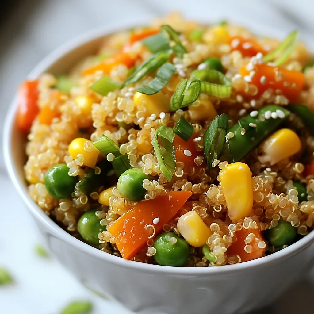 To make veggie loaded quinoa fried rice, gather these key ingredients: - 1 cup quinoa, rinsed - 2 cups vegetable broth or water - 2 tablespoons olive oil - 1 small onion, diced - 2 cloves garlic, minced - 1 cup carrots, diced - 1 cup bell peppers (any color), diced - 1 cup snap peas, trimmed and halved - 1 cup corn, fresh or frozen - 2 tablespoons soy sauce or tamari - 1 tablespoon sesame oil - Salt and pepper to taste These ingredients blend together to create a delicious and colorful dish. The quinoa serves as a healthy base, while the veggies add crunch and vibrant flavor. For an extra touch, consider these optional garnishes: - 2 green onions, chopped - Sesame seeds (for garnish, optional) Adding green onions gives the dish a fresh taste. Sesame seeds add a bit of crunch and a nutty flavor. To cook this dish, you will need some basic kitchen supplies: - Medium saucepan for quinoa - Large skillet or wok for sautéing - A fork for fluffing quinoa Having these tools will make the cooking process easier. Make sure your skillet is large enough to hold all the veggies and quinoa. Enjoy the process of making this healthy and tasty meal! {{ingredient_image_1}} To start, rinse 1 cup of quinoa. This helps remove any bitter taste. Next, add the rinsed quinoa to a medium saucepan. Pour in 2 cups of vegetable broth or water. Bring this to a boil over high heat. Once boiling, lower the heat and cover the pan. Let it simmer for 15 minutes. After this time, all liquid should be absorbed. Fluff the quinoa with a fork and set it aside. This fluffy quinoa will be the base of your dish. In a large skillet or wok, heat 2 tablespoons of olive oil over medium-high heat. Add 1 small diced onion to the pan. Sauté for 2-3 minutes until it turns translucent. Then, add 2 cloves of minced garlic. Sauté for another 30 seconds until you smell the garlic. Now, stir in 1 cup of diced carrots and 1 cup of diced bell peppers. Cook these for about 5 minutes until they soften. Next, add 1 cup of trimmed and halved snap peas and 1 cup of corn. Sauté everything for another 3-4 minutes. All the veggies should be tender but still crisp. Once the veggies are ready, push them to one side of the skillet. On the other side, add the cooked quinoa. Drizzle 2 tablespoons of soy sauce and 1 tablespoon of sesame oil over the quinoa. Mix everything together well. Make sure the sauce coats the quinoa and vegetables evenly. Cook for an additional 2 minutes to heat everything through. Taste your fried rice and season with salt and pepper as needed. Finally, remove it from the heat. Garnish with chopped green onions and optional sesame seeds. Serve in bowls with lime wedges for a fresh touch. To get the best texture in your Veggie Loaded Quinoa Fried Rice, rinse the quinoa well. This step removes the bitter coating called saponin. When you cook it, use vegetable broth for added flavor. This gives the quinoa a richer taste. Fluff the quinoa after cooking to keep it light and airy. In your skillet, heat the olive oil before adding the onions. This helps them cook evenly. Sauté them until they turn translucent. This step adds sweetness to your dish. Next, add garlic for a fragrant taste. Don’t cook garlic for too long. It can burn quickly and taste bitter. When adding vegetables, cut them to similar sizes. This ensures they cook evenly. Carrots and bell peppers should be tender but still crisp. Snap peas and corn should remain bright and fresh. Mix everything well with the quinoa at the end to combine flavors. One common mistake is overcooking the quinoa. It should be fluffy, not mushy. Make sure to measure your liquid correctly. Too much can lead to soggy quinoa. Also, don't skip the soy sauce and sesame oil. They add depth to the flavors. Another mistake is adding all the ingredients at once. Sauté the onions and garlic first. Then, add vegetables in stages. This helps each vegetable retain its crunch. Lastly, taste your dish before serving. Adjust with salt and pepper as needed. For making this dish, a large skillet or wok works best. A non-stick surface prevents sticking and burning. If you have a rice cooker, use it for the quinoa. It cooks evenly and makes the process easier. A good knife is key for chopping veggies. A cutting board helps keep your kitchen clean. For mixing, use a spatula that won’t scratch your skillet. Have bowls ready for serving; it makes for a nice presentation. Enjoy your cooking! Pro Tips Rinse the Quinoa: Rinsing quinoa before cooking removes its natural coating, called saponin, which can impart a bitter taste. This step ensures a more pleasant flavor in your dish. Vegetable Variety: Feel free to experiment with different vegetables based on what you have on hand. Broccoli, zucchini, or mushrooms can be great additions for more flavor and nutrients. Heat Control: When sautéing the veggies, ensure your skillet is hot enough to achieve a nice sear without overcooking. This helps maintain their vibrant color and crisp texture. Storage Tips: Leftovers can be stored in an airtight container in the fridge for up to 3 days. Reheat in a skillet with a splash of water to restore moisture. {{image_2}} You can boost the protein in your quinoa fried rice easily. Try adding cooked chicken, shrimp, or tofu. They all mix well with the veggies and quinoa. Just make sure to cook them separately first. Then, add them to the skillet when you combine the quinoa and veggies. For a plant-based twist, use chickpeas or edamame for protein. They add great texture and flavor too. Feel free to switch up the vegetables based on what you have. Zucchini, broccoli, or spinach work nicely in this dish. You can also use frozen veggies if fresh ones are not available. Just remember to adjust the cooking time slightly. Frozen vegetables might need a bit longer to heat through. You can even toss in some leafy greens at the end for added nutrition. This recipe is very flexible for different diets. If you're gluten-free, use tamari instead of soy sauce. You can also make it vegan by skipping any animal protein and using plant-based oils. For lower carb options, try cauliflower rice instead of quinoa. It cooks quickly and blends well with the flavors. Don’t hesitate to make it your own! To store leftovers, let the quinoa fried rice cool down first. Use an airtight container. This keeps the dish fresh longer. Place the container in the fridge. The quinoa fried rice stays good for 3 to 5 days. When you want to reheat, use a microwave or a skillet. For the microwave, place the rice in a bowl. Add a splash of water to keep it moist. Heat for 1 to 2 minutes, stirring halfway. In a skillet, add a little oil and heat on medium. Stir the rice until hot. You can freeze this dish for up to 3 months. Use a freezer-safe container or a zip-top bag. Make sure to remove as much air as possible. When ready to eat, thaw in the fridge overnight. Reheat as mentioned before. Enjoy your meal without waste! Yes, you can use brown rice. It has a different texture and flavor. Cooking time will change. Brown rice takes about 40-50 minutes to cook. Be sure to add extra water if needed. To make this recipe vegan, use vegetable broth instead of chicken broth. Choose soy sauce or tamari, as both are plant-based. All the veggies are already vegan-friendly. You can add many vegetables to this dish. Try zucchini, broccoli, or mushrooms for more flavor. Spinach or kale can add extra nutrients. Feel free to mix in what you love. To adjust the spiciness, add more or less soy sauce. You can also add red pepper flakes for heat. For less spice, skip the sesame oil or use less garlic. Yes, you can make this ahead. Cook the quinoa and veggies, then store them separately. Combine them just before serving. This keeps everything fresh and tasty. This blog post covered how to make veggie-loaded quinoa fried rice. We explored key ingredients, cooking steps, tips for better texture and flavor, and different variations. You learned about storing leftovers and answers to common questions. Enjoy experimenting with your meal and making it your own. This simple dish is not just tasty. It’s also flexible and healthy, fitting many diets. Use this recipe to spark your kitchen creativity.