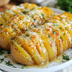 To make Garlic Parmesan Hasselback Potatoes, you need: - 4 medium Russet potatoes - 1/2 cup unsalted butter, melted - 4 cloves garlic, minced - 1 teaspoon dried thyme - 1 teaspoon paprika - 1/2 cup grated Parmesan cheese - Salt and pepper to taste These ingredients come together to create a tasty dish. The Russet potatoes give a fluffy inside. The garlic and thyme add a lovely aroma. The butter keeps everything moist while the Parmesan gives a salty bite. You will need a few simple tools: - A sharp knife - A cutting board - A small bowl - A baking sheet - Parchment paper (optional) - A brush or spoon These tools help you prepare and cook the potatoes easily. The knife is key for slicing, while the baking sheet holds the potatoes in the oven. For extra flavor and color, consider these garnishes: - Fresh parsley, chopped - Extra grated Parmesan cheese - Cracked black pepper Garnishes make your dish more appealing. They add a fresh touch and can enhance the taste. You can sprinkle them on top right before serving. {{ingredient_image_1}} Start by preheating your oven to 425°F (220°C). Next, wash and scrub the potatoes well. Pat them dry with a towel. It’s important to keep them dry for better texture. Now, take a sharp knife and slice the potatoes crosswise. Make cuts about 1/4-inch apart, but don’t cut all the way through. Leave about 1/4 inch at the bottom to hold them together. A great trick is to place the potatoes between two chopsticks. This helps you make even cuts without slicing all the way through. In a small bowl, mix together 1/2 cup of melted butter and 4 cloves of minced garlic. Add in 1 teaspoon of dried thyme and 1 teaspoon of paprika for extra flavor. Don’t forget to add salt and pepper to taste. This mixture is key for adding rich flavor to the potatoes. Stir it well so all the ingredients blend together. Drizzle the garlic butter mixture over the potatoes. Make sure it seeps into all the cuts you made. You might want to use a brush for this step. This helps coat each slice evenly. Next, sprinkle 1/2 cup of grated Parmesan cheese on top. Let some cheese fall into the sliced openings for added flavor. Place the potatoes on a lined baking sheet. Roast them in your preheated oven for about 45-50 minutes. You want the edges to be crispy and the insides soft. After baking, let them cool for a few minutes. Finally, garnish with fresh chopped parsley before serving. Enjoy your tasty creation! To get those crispy edges, first, cut your potatoes right. Make slices about 1/4-inch apart, but don't cut all the way through. This keeps the potato intact while cooking. The butter mixture helps too. Drizzle it deep into the cuts. This ensures the flavors soak in and crisps up nicely. Bake the potatoes at 425°F for 45 to 50 minutes. The high heat gives you that perfect crunch! Russet potatoes are the best choice for Hasselback potatoes. They have a fluffy inside and a sturdy skin. This makes them hold their shape well during baking. Other good options include Yukon Gold potatoes. They are creamy and have a smooth texture. Just make sure to pick medium-sized potatoes. This way, they cook evenly and get that lovely crispy outside. You can add more flavor with herbs and spices. Try using fresh rosemary or basil for a twist. You can also switch the cheese. Gruyère or cheddar can give a new taste. For a spicy kick, add red pepper flakes to the butter mix. Even some cooked bacon bits can make it richer. Don't forget to top with fresh herbs like parsley for brightness! Pro Tips Choose the Right Potatoes: Opt for medium-sized Russet potatoes for the best texture. They hold their shape well and create a fluffy interior when baked. Get Creative with Seasonings: Feel free to experiment with different herbs and spices. Rosemary, oregano, or even a pinch of cayenne pepper can add a unique twist to the flavor. Perfecting the Cuts: When slicing the potatoes, ensure your knife is sharp, and cut evenly to allow for consistent cooking and easy absorption of flavors. Let Them Rest: After baking, allow the potatoes to rest for a few minutes before serving. This helps the flavors meld and makes them easier to handle. {{image_2}} You can make Garlic Parmesan Hasselback Potatoes gluten-free easily. The main ingredients are naturally gluten-free. Just ensure your butter and cheese are pure and free from gluten. This makes it safe for those with gluten sensitivities. You can still enjoy the same rich flavors without worry. If you want to switch up the cheese, try different options. Cheddar cheese gives a nice sharp taste. Mozzarella melts beautifully and adds a creamy texture. For a tangy kick, go for feta or goat cheese. Each cheese brings a new flavor and makes your dish unique. Experimenting with cheese can be a fun twist. You can enhance your Garlic Parmesan Hasselback Potatoes by adding veggies or proteins. Thinly sliced onions or bell peppers can roast nicely with the potatoes. For a heartier dish, add cooked bacon bits or shredded chicken. These additions not only boost flavor but also make the meal more filling. Get creative and mix what you love! To store leftover Garlic Parmesan Hasselback Potatoes, let them cool first. Wrap each potato in plastic wrap or place them in an airtight container. They will stay fresh in the fridge for up to 3 days. If you want to keep them longer, consider freezing. To reheat the potatoes, preheat your oven to 350°F (175°C). Place the potatoes on a baking sheet. Heat them for about 15-20 minutes or until warmed through. This method helps keep the edges crispy. You can also use the microwave for a quicker option, but they may lose some crispiness. If you want to freeze your Hasselback potatoes, wrap them tightly in plastic wrap and then aluminum foil. They can last in the freezer for up to 2 months. When ready to eat, thaw them overnight in the fridge. Reheat in the oven for the best texture. A Hasselback potato is a style of potato that has thin slices cut into it. The slices do not go all the way through, so the potato stays together. This method creates many crispy edges and allows for tasty toppings to soak in. It is a fun way to cook potatoes, and they look great on a plate. Yes, you can prep these potatoes ahead. Slice them and mix the garlic butter. Store both in the fridge. When ready to cook, drizzle the butter on the potatoes and bake them. This makes it easy to serve at parties or family dinners. Just keep in mind that they are best fresh from the oven. To spice up your Garlic Parmesan Hasselback Potatoes, add red pepper flakes or cayenne pepper to the garlic butter mix. You can also use spicy cheese, like pepper jack. This will give a nice kick to your dish. Adjust the spice level to suit your taste. Enjoy the heat! Garlic Parmesan Hasselback Potatoes are easy and tasty. We covered all the key steps, from picking the right potatoes to roasting them perfectly. You now know how to make garlic butter and achieve that crispy edge. Don’t forget the optional garnishes for added flair. These potatoes can fit many diets with gluten-free options and different cheeses. Store leftovers well and enjoy them later. With these tips, you can impress anyone with your cooking skills. Enjoy your delicious creation!