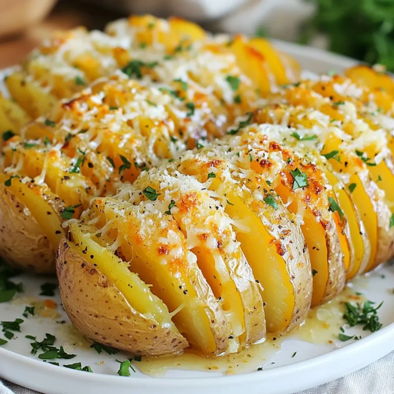 To make Garlic Parmesan Hasselback Potatoes, you need: - 4 medium Russet potatoes - 1/2 cup unsalted butter, melted - 4 cloves garlic, minced - 1 teaspoon dried thyme - 1 teaspoon paprika - 1/2 cup grated Parmesan cheese - Salt and pepper to taste These ingredients come together to create a tasty dish. The Russet potatoes give a fluffy inside. The garlic and thyme add a lovely aroma. The butter keeps everything moist while the Parmesan gives a salty bite. You will need a few simple tools: - A sharp knife - A cutting board - A small bowl - A baking sheet - Parchment paper (optional) - A brush or spoon These tools help you prepare and cook the potatoes easily. The knife is key for slicing, while the baking sheet holds the potatoes in the oven. For extra flavor and color, consider these garnishes: - Fresh parsley, chopped - Extra grated Parmesan cheese - Cracked black pepper Garnishes make your dish more appealing. They add a fresh touch and can enhance the taste. You can sprinkle them on top right before serving. {{ingredient_image_1}} Start by preheating your oven to 425°F (220°C). Next, wash and scrub the potatoes well. Pat them dry with a towel. It’s important to keep them dry for better texture. Now, take a sharp knife and slice the potatoes crosswise. Make cuts about 1/4-inch apart, but don’t cut all the way through. Leave about 1/4 inch at the bottom to hold them together. A great trick is to place the potatoes between two chopsticks. This helps you make even cuts without slicing all the way through. In a small bowl, mix together 1/2 cup of melted butter and 4 cloves of minced garlic. Add in 1 teaspoon of dried thyme and 1 teaspoon of paprika for extra flavor. Don’t forget to add salt and pepper to taste. This mixture is key for adding rich flavor to the potatoes. Stir it well so all the ingredients blend together. Drizzle the garlic butter mixture over the potatoes. Make sure it seeps into all the cuts you made. You might want to use a brush for this step. This helps coat each slice evenly. Next, sprinkle 1/2 cup of grated Parmesan cheese on top. Let some cheese fall into the sliced openings for added flavor. Place the potatoes on a lined baking sheet. Roast them in your preheated oven for about 45-50 minutes. You want the edges to be crispy and the insides soft. After baking, let them cool for a few minutes. Finally, garnish with fresh chopped parsley before serving. Enjoy your tasty creation! To get those crispy edges, first, cut your potatoes right. Make slices about 1/4-inch apart, but don't cut all the way through. This keeps the potato intact while cooking. The butter mixture helps too. Drizzle it deep into the cuts. This ensures the flavors soak in and crisps up nicely. Bake the potatoes at 425°F for 45 to 50 minutes. The high heat gives you that perfect crunch! Russet potatoes are the best choice for Hasselback potatoes. They have a fluffy inside and a sturdy skin. This makes them hold their shape well during baking. Other good options include Yukon Gold potatoes. They are creamy and have a smooth texture. Just make sure to pick medium-sized potatoes. This way, they cook evenly and get that lovely crispy outside. You can add more flavor with herbs and spices. Try using fresh rosemary or basil for a twist. You can also switch the cheese. Gruyère or cheddar can give a new taste. For a spicy kick, add red pepper flakes to the butter mix. Even some cooked bacon bits can make it richer. Don't forget to top with fresh herbs like parsley for brightness! Pro Tips Choose the Right Potatoes: Opt for medium-sized Russet potatoes for the best texture. They hold their shape well and create a fluffy interior when baked. Get Creative with Seasonings: Feel free to experiment with different herbs and spices. Rosemary, oregano, or even a pinch of cayenne pepper can add a unique twist to the flavor. Perfecting the Cuts: When slicing the potatoes, ensure your knife is sharp, and cut evenly to allow for consistent cooking and easy absorption of flavors. Let Them Rest: After baking, allow the potatoes to rest for a few minutes before serving. This helps the flavors meld and makes them easier to handle. {{image_2}} You can make Garlic Parmesan Hasselback Potatoes gluten-free easily. The main ingredients are naturally gluten-free. Just ensure your butter and cheese are pure and free from gluten. This makes it safe for those with gluten sensitivities. You can still enjoy the same rich flavors without worry. If you want to switch up the cheese, try different options. Cheddar cheese gives a nice sharp taste. Mozzarella melts beautifully and adds a creamy texture. For a tangy kick, go for feta or goat cheese. Each cheese brings a new flavor and makes your dish unique. Experimenting with cheese can be a fun twist. You can enhance your Garlic Parmesan Hasselback Potatoes by adding veggies or proteins. Thinly sliced onions or bell peppers can roast nicely with the potatoes. For a heartier dish, add cooked bacon bits or shredded chicken. These additions not only boost flavor but also make the meal more filling. Get creative and mix what you love! To store leftover Garlic Parmesan Hasselback Potatoes, let them cool first. Wrap each potato in plastic wrap or place them in an airtight container. They will stay fresh in the fridge for up to 3 days. If you want to keep them longer, consider freezing. To reheat the potatoes, preheat your oven to 350°F (175°C). Place the potatoes on a baking sheet. Heat them for about 15-20 minutes or until warmed through. This method helps keep the edges crispy. You can also use the microwave for a quicker option, but they may lose some crispiness. If you want to freeze your Hasselback potatoes, wrap them tightly in plastic wrap and then aluminum foil. They can last in the freezer for up to 2 months. When ready to eat, thaw them overnight in the fridge. Reheat in the oven for the best texture. A Hasselback potato is a style of potato that has thin slices cut into it. The slices do not go all the way through, so the potato stays together. This method creates many crispy edges and allows for tasty toppings to soak in. It is a fun way to cook potatoes, and they look great on a plate. Yes, you can prep these potatoes ahead. Slice them and mix the garlic butter. Store both in the fridge. When ready to cook, drizzle the butter on the potatoes and bake them. This makes it easy to serve at parties or family dinners. Just keep in mind that they are best fresh from the oven. To spice up your Garlic Parmesan Hasselback Potatoes, add red pepper flakes or cayenne pepper to the garlic butter mix. You can also use spicy cheese, like pepper jack. This will give a nice kick to your dish. Adjust the spice level to suit your taste. Enjoy the heat! Garlic Parmesan Hasselback Potatoes are easy and tasty. We covered all the key steps, from picking the right potatoes to roasting them perfectly. You now know how to make garlic butter and achieve that crispy edge. Don’t forget the optional garnishes for added flair. These potatoes can fit many diets with gluten-free options and different cheeses. Store leftovers well and enjoy them later. With these tips, you can impress anyone with your cooking skills. Enjoy your delicious creation!