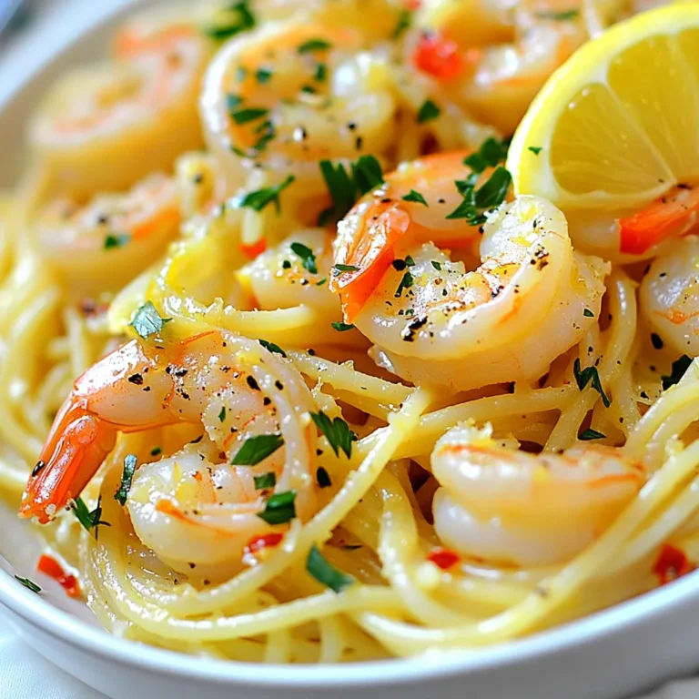 - 8 oz spaghetti or linguine - 1 lb large shrimp, peeled and deveined - 4 cloves garlic, minced - Grated Parmesan cheese for serving - Extra parsley for garnish - Olive oil - Red pepper flakes - Chicken broth - Lemon juice - Lemon zest - Salt - Pepper When I make Lemon Garlic Shrimp Pasta, I gather my main ingredients first. The pasta is key, so I choose either spaghetti or linguine. Both hold the sauce well. Next, I grab large shrimp, already peeled and deveined. This saves time and makes cooking easier. The garlic gives a bold flavor, adding depth to every bite. For optional toppings, I like to have grated Parmesan cheese on hand. It adds creaminess that balances the dish. Fresh parsley not only adds color but also brings a fresh taste. I also check my pantry for staples. Olive oil is a must; it enhances the shrimp and garlic. Red pepper flakes give a nice kick. Chicken broth adds richness, while lemon juice and zest bring brightness. Salt and pepper are essential for seasoning. Having these ingredients ready makes the cooking process smooth and fun. It’s all about preparation when creating this simple and flavorful dish. {{ingredient_image_1}} To make the best Lemon Garlic Shrimp Pasta, start with the pasta. Boil salted water in a large pot. Add 8 oz of spaghetti or linguine. Cook it according to the package instructions. You want it to be al dente, which means it should still have a slight bite. This texture holds up well when mixed with the sauce. Don't forget to reserve 1 cup of pasta water before you drain it. This water is starchy and helps thicken your sauce later. While your pasta cooks, heat 1/4 cup of olive oil in a large skillet. Set the heat to medium. Add 4 cloves of minced garlic and 1 teaspoon of red pepper flakes. Sauté for about 1 minute until you smell the garlic. Next, add 1 lb of large shrimp to the skillet. Sprinkle them with salt and pepper. Cook the shrimp for about 2-3 minutes on each side. They should turn pink and opaque, which means they’re perfect. Now, let’s blend the flavors. Pour in 1/4 cup of chicken broth, the zest of 1 lemon, and 3 tablespoons of fresh lemon juice into the skillet. Stir everything well. Let it cook for about 2 minutes so the flavors mix nicely. If the mixture seems dry, add a splash of the reserved pasta water. Once the sauce is ready, add the drained pasta to the skillet. Toss everything together. This step is vital. It helps the pasta soak up all those delicious flavors. If the sauce looks too thick, add more of that reserved pasta water until you reach the right consistency. Finally, stir in 1/4 cup of chopped fresh parsley. Taste and adjust the salt and pepper if needed. Serve your dish warm and top it with grated Parmesan cheese if you like. Enjoy your meal! To make your Lemon Garlic Shrimp Pasta pop, you can add more herbs. Try fresh basil or thyme for extra depth. A pinch of oregano can also lift the flavor. Using lemon zest is key. It adds a bright kick. Make sure to zest the lemon before juicing it. This gives you the best flavor from both. Add the zest with the shrimp for a nice blend. The lemon juice should come in at the end. This keeps its fresh taste. Avoid overcooking shrimp by keeping an eye on their color. They should turn pink and opaque in about 2-3 minutes per side. If you see them curling tightly, they are done. Remember, they will continue to cook after you remove them from the heat. Balancing pasta and sauce is crucial. After draining your pasta, add it to the shrimp right away. Use the reserved pasta water to adjust the sauce. This helps the sauce cling to the pasta. Start with a small splash and add more as needed. Plating your pasta nicely makes it more appealing. Use tongs to twirl the pasta onto the plate. This creates a beautiful nest. Place the shrimp on top for a great look. Garnishing is simple but effective. Add a lemon wedge on the side. Sprinkle some extra parsley on top. This adds color and freshness to your dish. Enjoy the visual feast as much as the taste! Pro Tips Fresh Ingredients: Always use fresh shrimp for the best flavor. Frozen shrimp can work, but ensure they are properly thawed before cooking. Adjust the Heat: If you prefer a milder dish, reduce the amount of red pepper flakes. Conversely, add more for extra heat! Save the Pasta Water: The reserved pasta water is starchy and will help emulsify the sauce, giving it a silky texture. Use it wisely! Garnish Smartly: Always garnish with fresh herbs and a squeeze of lemon just before serving to enhance the dish's brightness. {{image_2}} If you're looking for gluten-free options, try using gluten-free pasta. Many brands make great choices that taste good. You won’t lose flavor or texture. For those on a vegan diet, you can swap shrimp for plant-based shrimp. These alternatives mimic shrimp well and still bring a nice taste. If you don’t have fresh garlic, you can use garlic powder. Start with a small amount, as the flavor is strong. For protein swaps, consider chicken or scallops. Both cook quickly and pair well with lemon and garlic. Adding veggies can boost the dish. Spinach adds color and nutrients. Sun-dried tomatoes bring a rich, tangy flavor. You can also try different types of broth. Vegetable broth works well for a lighter taste, while chicken broth adds depth. Experimenting with these options can lead to new favorites! To keep your Lemon Garlic Shrimp Pasta fresh, place it in an airtight container. This helps avoid moisture loss. You can refrigerate it for up to three days. If you want to enjoy it later, make sure it cools before sealing. Yes, you can freeze Lemon Garlic Shrimp Pasta. First, let it cool completely. Then, store it in a freezer-safe bag or container. It keeps well for about two months. When you're ready to eat, thaw it in the fridge overnight. To reheat, warm it gently in a skillet over low heat. Add a splash of chicken broth or water to prevent it from drying out. Stir until it’s heated through. For quick meals, prepare your pasta and shrimp separately. Cook the pasta and store it in the fridge. Clean and season your shrimp ahead of time, too. This way, you can quickly sauté them when you're ready to eat. You can also create a pasta meal kit. Pack the cooked pasta, shrimp, garlic, and broth in separate containers. When you're ready to cook, just combine them in a skillet. This saves time and keeps the flavors fresh. It takes about 30 minutes to make Lemon Garlic Shrimp Pasta. The prep time is around 10 minutes. Cooking the pasta and shrimp takes about 20 minutes. This dish is quick and easy, perfect for a weeknight meal. Yes, you can make this dish ahead of time. Cook the pasta and shrimp, then store them separately. Keep the pasta in the fridge for up to three days. The shrimp can last the same time. When ready to eat, reheat both and combine. You can serve Lemon Garlic Shrimp Pasta with a fresh salad or garlic bread. A simple green salad adds crunch and freshness. For drinks, a crisp white wine pairs well. Try a Sauvignon Blanc or Pinot Grigio for the best match. Yes, you can use frozen shrimp for this recipe. Just thaw the shrimp before cooking. To thaw, place them in the fridge overnight or run them under cold water for a few minutes. Cook them as you would fresh shrimp, adjusting the time if needed. Making Lemon Garlic Shrimp Pasta is simple and rewarding. You need just a few ingredients, like shrimp and spaghetti, for great flavor. I shared step-by-step instructions to cook pasta, sauté shrimp, and combine everything perfectly. Tips on flavor enhancements and variations let you customize the dish to your taste. Don't forget storage tips to enjoy leftovers later. This dish is quick, tasty, and flexible for many diets. Try it out for an easy, delicious meal that impresses!
