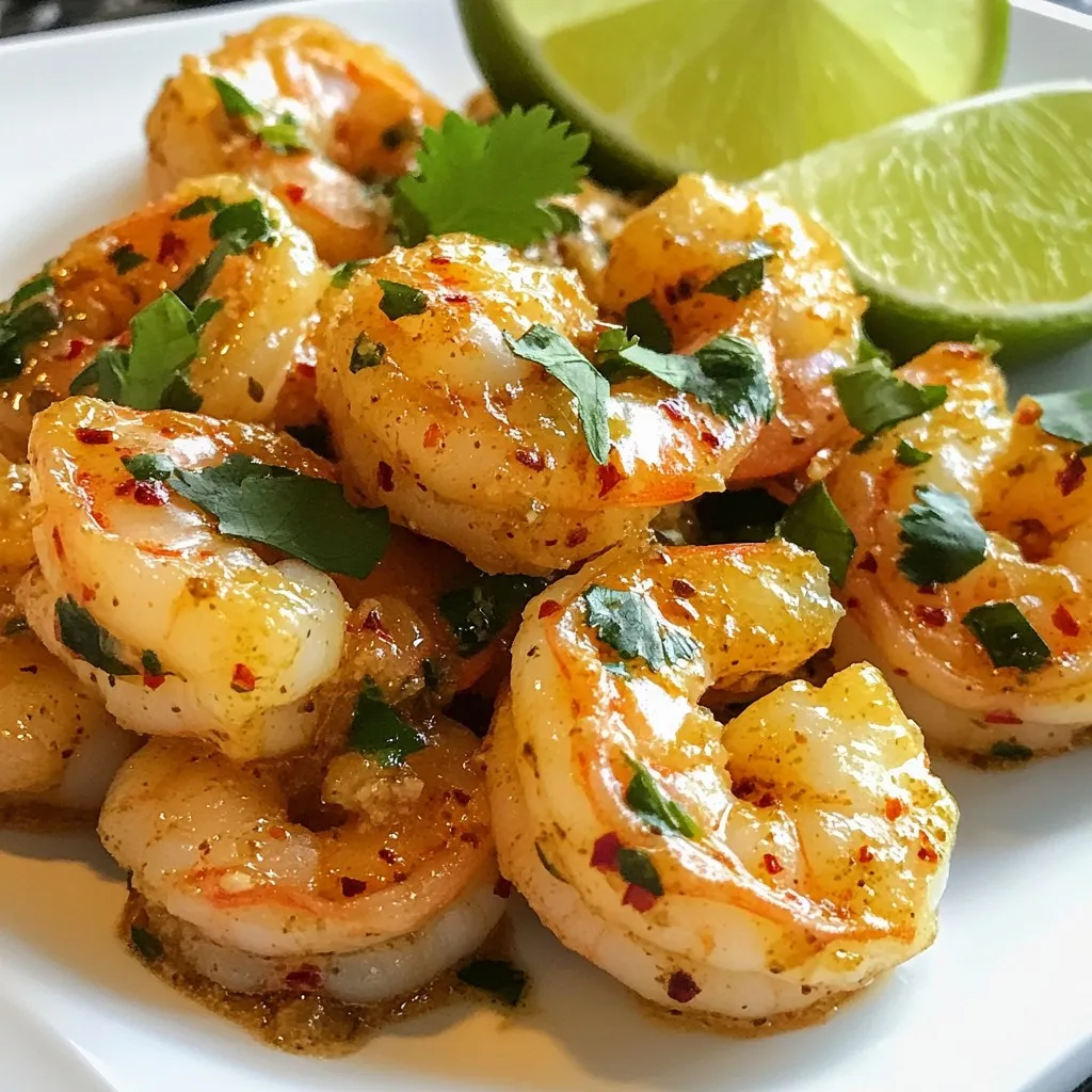 To make spicy garlic lime shrimp, you’ll need the following: - 1 lb large shrimp, peeled and deveined - 4 cloves garlic, minced - 2 tablespoons olive oil - 1 teaspoon red pepper flakes (adjust to taste) - Zest and juice of 2 limes - 1 teaspoon honey - 1 teaspoon smoked paprika - Salt and pepper to taste - Fresh cilantro for garnish - Lime wedges for serving Using fresh ingredients makes a big difference in flavor. Fresh shrimp taste better and have a nice texture. Fresh garlic gives a strong and tasty punch. Fresh limes add bright, zesty notes. When you use fresh items, your dish shines. Fresh herbs like cilantro also bring color and aroma. They make your meal look and smell amazing. Sometimes, you may not have all the items on hand. Here are some easy swaps: - Shrimp: You can use chicken or firm fish if you need a change. - Garlic: Garlic powder can work, but use less since it's stronger. - Olive oil: Feel free to swap it with avocado oil or melted butter. - Red pepper flakes: Try cayenne pepper for more heat, or paprika for less spice. - Honey: Maple syrup can be a great alternative, and it’s vegan. - Smoked paprika: Regular paprika offers similar taste without the smokiness. These substitutes help you create a dish that suits your taste and what you have in your kitchen. {{ingredient_image_1}} 1. Start by mixing the lime juice, lime zest, minced garlic, and olive oil in a large bowl. 2. Add red pepper flakes, honey, smoked paprika, salt, and pepper. 3. Whisk this mixture well until all flavors blend nicely. 4. Toss the shrimp in the marinade. Make sure they coat evenly. 5. Let the shrimp sit for 15-20 minutes at room temperature. 6. Preheat a large skillet over medium-high heat. 7. Once hot, add the marinated shrimp in a single layer. 8. Cook each side for about 2-3 minutes. They should turn pink and opaque. 9. Avoid overcrowding the pan; cook in batches if needed. 10. Remove from heat and sprinkle with fresh cilantro. 11. Serve right away with lime wedges on the side. Marinating shrimp is key for flavor. The lime juice tenderizes the shrimp while adding zest. Garlic adds a strong, savory note. Honey balances the heat from the red pepper flakes. Let shrimp sit in the marinade for at least 15 minutes. This time allows the shrimp to soak in the flavors. If you want a stronger taste, you can marinate them for longer. Just be careful not to over-marinate, as the acid can make shrimp mushy. Cooking shrimp is quick and easy, but timing is crucial. Heat the skillet to medium-high. This helps the shrimp sear nicely. Spread shrimp out in a single layer. This step ensures they cook evenly. Flip them only once, so they develop a nice crust. When shrimp turn pink, they are cooked. Remove them from heat right away. Overcooking makes shrimp tough and rubbery. Enjoy your spicy garlic lime shrimp hot for the best flavor! To boost the flavor of Spicy Garlic Lime Shrimp, I suggest using fresh ingredients. Fresh garlic gives a stronger taste than jarred. Lime zest adds brightness, so do not skip it. You can also adjust the heat by adding more or fewer red pepper flakes. If you want a sweet touch, add a bit more honey to the marinade. This balance of flavors makes every bite tasty. Store leftover shrimp in an airtight container in the fridge. They will stay fresh for up to two days. To reheat, use a skillet over low heat. This helps keep the shrimp juicy. Avoid microwaving, as it can make the shrimp rubbery. If you have more time, try reheating in the oven at a low temperature. This will help keep their flavor and texture. One common mistake is overcrowding the pan. This can steam the shrimp instead of searing them. Always cook in batches if needed. Another mistake is not marinating long enough. Aim for at least 15-20 minutes. This gives the shrimp time to absorb all the flavors. Lastly, avoid overcooking. Shrimp cooks fast, so keep an eye on them. Once they turn pink and opaque, they are done! Pro Tips Marinate for Maximum Flavor: Allow the shrimp to marinate for at least 20-30 minutes for the best flavor infusion. If time permits, marinating for a few hours in the fridge can enhance the taste even further. Adjust the Heat: Feel free to adjust the amount of red pepper flakes based on your spice preference. For a milder dish, start with half a teaspoon and add more as desired. Cook in Batches: If you're cooking a lot of shrimp, do it in batches to avoid overcrowding the pan. This ensures even cooking and helps achieve that perfect sear. Use Fresh Ingredients: For the best flavor, use fresh limes and fresh garlic. Fresh ingredients can significantly elevate the taste of the dish. {{image_2}} You can change the flavor of Spicy Garlic Lime Shrimp easily. For a tropical twist, add fresh mango or pineapple. Their sweetness balances the heat and tang. You can also swap lime for lemon or orange juice. Each option gives a new taste. Want it smokier? Add more smoked paprika or try chipotle powder instead. This shrimp dish works well in many ways. You can serve it on a bed of rice or quinoa. It also pairs nicely with soft tortillas for shrimp tacos. For a light meal, place it over mixed greens. A drizzle of lime juice on top makes it even better. You can also serve it as a fun appetizer with toothpicks. Choosing the right sides and drinks enhances this meal. You can serve it with garlic bread or a fresh salad. For a refreshing drink, iced tea or a light beer works well. Want something fancy? A fruity cocktail or a crisp white wine pairs nicely too. Just keep the balance of flavors in mind! To store leftover spicy garlic lime shrimp, first let it cool. Place it in an airtight container. You can keep it in the fridge for up to three days. Make sure to keep it sealed well to avoid dryness. If you want to reheat it, do so gently to keep the shrimp tender. You can freeze spicy garlic lime shrimp if you have extra. Place the shrimp in a freezer-safe container. It’s best to freeze the shrimp without any sauce. This way, it stays fresh. You can freeze it for up to three months. When ready to eat, thaw it in the fridge overnight. Then, reheat it on low heat. The shelf life of your shrimp depends on storage. In the fridge, it lasts about three days. In the freezer, it can last three months. Always check for any off smells or changes in color. If it looks or smells strange, don’t eat it. Remember, proper storage keeps your shrimp tasty and safe! You can serve this shrimp with many sides. Here are some tasty options: - Steamed rice - Quinoa - Fresh salad - Grilled veggies - Corn tortillas These sides add color and flavor. They make your meal more complete. I love serving the shrimp on a bed of rice. The sauce mixes well with the rice, adding great taste. Yes, you can use frozen shrimp. Just make sure to thaw it first. This helps the shrimp cook evenly. I recommend thawing shrimp in the fridge overnight. If you're short on time, run cold water over them. This quick method works well too. This dish has a nice kick, but it's not too hot. You can adjust the spice to your liking. Here’s how: - Add less red pepper flakes for a milder flavor. - Omit the flakes if you want no heat. - For more heat, add extra red pepper flakes. Feel free to taste the marinade before adding shrimp. This way, you can find the perfect balance for your palate. This blog covered all the key parts of making Spicy Garlic Lime Shrimp. We explored essential ingredients, proper cooking steps, and helpful tips. Remember, fresh ingredients can make a big difference in taste. Avoid common mistakes to ensure success. Experiment with flavor variations and pair it with great sides. Store leftovers correctly for the best taste later. Dive into the FAQs for any last details. With these steps, you can whip up tasty shrimp every time. Enjoy your cooking!