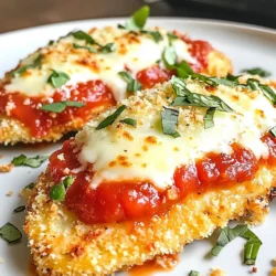 - 2 chicken breasts, flattened to an even thickness - 1 cup breadcrumbs (preferably whole wheat) - 1/2 cup grated Parmesan cheese - 1 teaspoon dried Italian herbs (oregano, basil, thyme) - 1/2 teaspoon garlic powder - 1/4 teaspoon red pepper flakes (optional) - 1 large egg - 1 cup marinara sauce - 1 cup shredded mozzarella cheese - Salt and pepper to taste - Olive oil spray You can mix things up with tasty add-ins. Consider adding chopped fresh herbs like parsley or basil. You could also toss in some sun-dried tomatoes for a burst of flavor. For a kick, try using spicy marinara sauce instead of regular. Choose fresh chicken breasts for the best taste. Look for firm, pink meat with no odor. Use high-quality breadcrumbs for a great crunch. Whole wheat adds a nice texture and flavor. For cheese, fresh Parmesan and mozzarella melt better. Check the labels for no additives or fillers. {{ingredient_image_1}} To start, preheat your air fryer to 375°F (190°C). This step is key. It helps cook the chicken evenly. A hot air fryer ensures a crispy coating. Next, we prepare the coating. In a shallow bowl, mix together the breadcrumbs, Parmesan cheese, dried Italian herbs, garlic powder, red pepper flakes, salt, and pepper. Stir until everything combines well. In another bowl, whisk the egg until it's smooth. This will help the coating stick to the chicken. Now, it's time to cook the chicken. Dip each flattened chicken breast in the egg. Let any extra egg drip off. Then, coat the chicken in the breadcrumb mixture. Press down to make sure it sticks well. Spray the air fryer basket lightly with olive oil. Place the coated chicken in a single layer in the basket. Lightly spray the tops with olive oil too. Cook the chicken for 10-12 minutes. Flip the pieces halfway through. The chicken should be golden brown and cooked through. While the chicken cooks, warm the marinara sauce in a small pot over low heat. Once the chicken is done, take it out of the air fryer. Spoon some marinara sauce on top of each piece. Sprinkle shredded mozzarella cheese over the sauce. Put the chicken back in the air fryer for another 3-5 minutes. This melts the cheese and makes it bubbly. Carefully remove the chicken and let it rest for a couple of minutes before serving. To get chicken that is crispy, follow a few simple steps. First, use whole wheat breadcrumbs. They add texture and flavor. Second, coat the chicken well with the breadcrumb mix. Press it firmly to ensure it sticks. Finally, spray the tops lightly with olive oil before cooking. This extra touch helps to achieve that golden brown look and crispiness. One common mistake is not preheating the air fryer. Preheating helps cook the chicken evenly. Another mistake is using too much egg. Dip the chicken in the egg, but let excess drip off. Too much egg can make the coating soggy. Lastly, avoid overcrowding the air fryer basket. Cook chicken in a single layer for the best results. Serve your chicken with warm marinara sauce on top. Add a sprinkle of shredded mozzarella cheese for that melty goodness. Pair it with a side of spaghetti for a classic touch. A light salad with fresh greens also complements this dish well. For a colorful plate, add fresh basil or parsley on top before serving. Pro Tips Choose the Right Chicken: Use organic, free-range chicken breasts for better flavor and texture. Double Coating for Extra Crispiness: For an even crunchier texture, dip the chicken in the egg and breadcrumbs a second time. Rest After Cooking: Allow the chicken to rest for a few minutes after cooking to keep it juicy. Customize Your Marinara: Enhance your marinara sauce with fresh herbs, a splash of red wine, or a pinch of sugar to balance acidity. {{image_2}} You can change up the cheese in this dish. Try using provolone for a rich flavor. Gouda adds a nice smokiness. For a bold taste, use sharp cheddar. Each cheese gives a new twist to this classic. While marinara is the go-to, you can switch it up. Pesto offers a fresh and herby flavor. Alfredo sauce gives a creamy touch. Try a spicy arrabbiata for a kick. Each sauce can change the whole vibe of your meal. Add veggies to make your meal more filling. Zucchini or bell peppers work great. You can also serve it with a light salad. Roasted broccoli or asparagus makes a healthy side. These options boost nutrition and add color to your plate. To keep leftover chicken Parmesan fresh, let it cool first. Place the chicken in an airtight container. You can store it in the fridge for up to three days. Make sure to separate the chicken from the sauce. This keeps the chicken crispy. If you want to freeze it, wrap each piece in plastic wrap. Then, put them in a freezer-safe bag. Label the bag with the date. Chicken Parmesan can last up to three months in the freezer. When ready to eat, just thaw it in the fridge overnight. To reheat, use your air fryer for best results. Preheat the air fryer to 350°F (175°C). Heat the chicken for about 5-7 minutes. This helps retain the crispiness. If you prefer, you can also use an oven. Just warm it at 350°F (175°C) for about 10-15 minutes. Enjoy your meal fresh! Yes, you can use boneless chicken thighs. They stay juicy and tender. Just trim any excess fat. The cooking time may be slightly different. Check the internal temperature; it should reach 165°F (75°C). Thighs give a richer flavor, making your dish even better! Preheating the air fryer is important. It helps the chicken cook evenly and become crispy. Set it to 375°F (190°C) for about 3-5 minutes. This step ensures the breading gets that golden crunch you want. Don’t skip it for the best results! To make this recipe gluten-free, swap regular breadcrumbs for gluten-free ones. Many brands offer great options made from rice or nuts. Ensure your marinara sauce is also gluten-free. Always check the labels to be safe. This way, you can enjoy a tasty meal without worries! In this blog post, we covered the key ingredients for your dish, from main items to optional add-ins. I shared steps for preparing and cooking the chicken to perfection. You learned tips to ensure crispiness and common mistakes to avoid. We explored tasty variations and discussed how to store leftovers properly. Remember, cooking can be fun and creative. With the right tips, you can make a great meal every time. Enjoy your cooking journey!