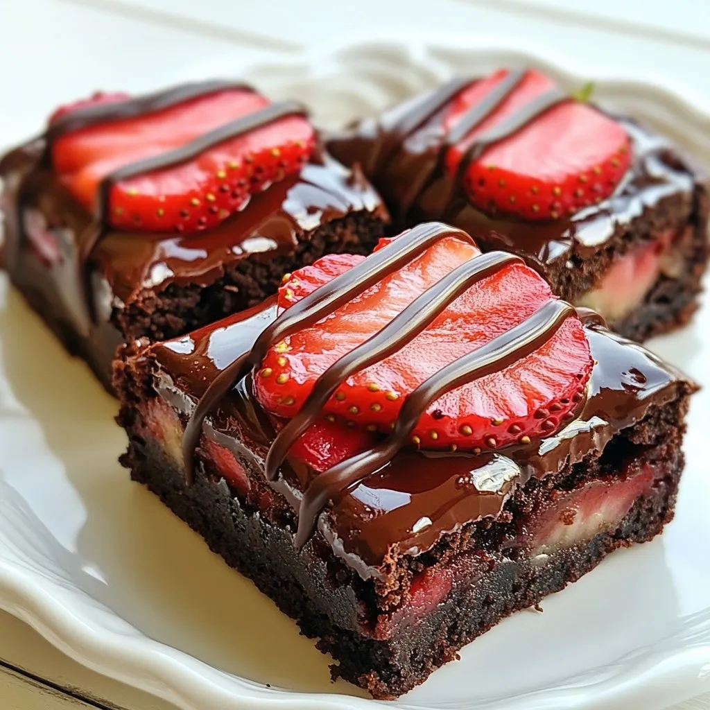 - 1 cup unsalted butter, melted - 2 cups granulated sugar - 4 large eggs - 1 teaspoon vanilla extract - 1 cup all-purpose flour - 1 cup cocoa powder - ½ teaspoon baking powder - ½ teaspoon salt - 1 cup fresh strawberries, hulled and halved - 1 cup semi-sweet chocolate chips - 1 tablespoon coconut oil When you make Chocolate Covered Strawberry Brownies, you need the best ingredients. Each one adds flavor and texture to your treat. First, unsalted butter is key. It gives the brownies a rich, creamy taste. Melt it well before mixing. Next, granulated sugar is your sweetener. It helps the brownies rise and gives them their sweet taste. Use two cups for a perfect balance. Eggs are the magic ingredient. They bind the mix and create a soft, chewy texture. Use four large eggs for the best result. Vanilla extract adds depth. A teaspoon brings all the flavors together. It makes the brownies taste more complex. For the base, you need all-purpose flour. One cup helps create that classic brownie texture. Cocoa powder is where the chocolate magic happens. One cup provides a deep, rich flavor. Baking powder helps the brownies rise. Just half a teaspoon will do. Salt enhances the sweetness, so don’t skip the half teaspoon. Fresh strawberries bring a fruity twist. Use one cup, hulled and halved, for bursts of flavor. Semi-sweet chocolate chips make the topping even better. One cup melts nicely on top of the brownies. Lastly, coconut oil is for melting the chocolate. One tablespoon will help it become smooth and shiny. With these ingredients, you create a dessert that everyone will love! {{ingredient_image_1}} Start by preheating your oven to 350°F (175°C). This step helps the brownies bake evenly. Next, take a 9x13 inch baking pan. Grease it well with some butter, or line it with parchment paper. This makes it easy to lift the brownies out later. In a large mixing bowl, pour in 1 cup of melted unsalted butter. Add 2 cups of granulated sugar. Use a whisk to mix them until smooth. This blend should look shiny and creamy. Now, crack in 4 large eggs, one at a time. Mix well after each egg. Finally, stir in 1 teaspoon of vanilla extract. This adds a nice flavor. Next, take another bowl. Sift in 1 cup of all-purpose flour, 1 cup of cocoa powder, ½ teaspoon of baking powder, and ½ teaspoon of salt. Mixing these dry ingredients helps avoid lumps. Gently fold the dry mix into the wet mix. Be careful not to overmix; you want it just combined. Now it’s time to build the layers. Pour half of the brownie batter into your prepared pan. Smooth it out evenly. Take 1 cup of fresh strawberries, hulled and halved. Arrange these strawberries over the batter. Press them down just a bit. Then, pour the rest of the brownie batter over the strawberries. Spread it gently to cover them completely. Place the pan in the oven. Bake for 30 to 35 minutes. You will know they are done when a toothpick inserted in the center comes out with a few moist crumbs. Remember, you want some crumbs, not wet batter. While the brownies bake, let’s prepare the chocolate coating. In a microwave-safe bowl, add 1 cup of semi-sweet chocolate chips and 1 tablespoon of coconut oil. Microwave the bowl in 30-second bursts. Stir after each round until the chocolate is melted and smooth. After baking, cool the brownies in the pan for about 15 minutes. Then, move them to a wire rack to cool completely. Once cool, pour the melted chocolate over the brownies. Let it drizzle down the sides. You can spread it evenly or let it swirl for a fancy look. Allow the chocolate to set for about 30 minutes at room temp, or refrigerate for a quicker set. Finally, slice into squares and serve. Enjoy your delicious treat! To keep your brownies soft, avoid overmixing. When you add the dry ingredients, fold them in gently. Use a spatula or wooden spoon to mix until the dry and wet ingredients just come together. Overmixing makes brownies tough. Remember, a few lumps are okay! For the best chocolate, use semi-sweet chocolate chips. They melt smoothly and give a rich flavor. If you want a sweeter taste, you can use milk chocolate. Always combine chocolate chips with a bit of coconut oil. This helps the chocolate melt evenly and gives it a nice shine. To spread the strawberries evenly, slice them in half and arrange them on the first layer of brownie batter. Press them down slightly so they stay in place. When you pour the second layer of batter, try to cover the strawberries fully. This method ensures every bite has a taste of strawberry and brownie. Pro Tips Use Room Temperature Eggs: Allow your eggs to sit at room temperature for about 30 minutes before using them. This helps them incorporate better into the batter, resulting in a lighter texture. Don’t Overmix the Batter: When combining wet and dry ingredients, mix just until you see no dry flour. Overmixing can lead to dense brownies. Use Quality Chocolate: For the best flavor, use high-quality semi-sweet chocolate chips in the brownie batter and for melting. It makes a significant difference in taste. Let Brownies Cool Completely: Allow the brownies to cool completely before slicing. This helps them set and makes for cleaner cuts. {{image_2}} You can make these brownies even more fun. Add nuts like walnuts or pecans. They add a nice crunch. Chop them up and mix them into the batter. You can also use other fruits. Try raspberries or blueberries for a twist on flavor. Just keep the fruit fresh and cut it into small pieces. This adds taste and texture to your brownies. If you want gluten-free brownies, you can switch the flour. Use a gluten-free flour blend instead of all-purpose flour. Make sure it has a good mix of starches and fibers. This helps keep the brownies soft and chewy. You can also check for gluten-free baking powder. This way, you can enjoy these treats without worry. Want to make these brownies vegan? You can do that too! Replace the eggs with flax eggs. Mix one tablespoon of flaxseed meal with three tablespoons of water. Let it sit for a few minutes until it thickens. Use coconut oil instead of butter for a rich flavor. For sugar, choose a vegan-friendly brand. Now, everyone can enjoy these chocolate covered strawberry brownies! Store leftover brownies in an airtight container. This keeps them fresh. Place a piece of parchment paper between layers to prevent sticking. They can last up to four days at room temperature. If you want them to stay fresh longer, refrigerate them. Just make sure to wrap them well. Freezing brownies is a great option. First, let them cool completely. Then, slice them into squares. Wrap each square in plastic wrap. Place the wrapped brownies in a freezer-safe bag or container. They can stay frozen for up to three months. When you're ready to enjoy, just thaw them in the fridge or at room temperature. When reheating brownies, use the oven for the best results. Preheat your oven to 350°F (175°C). Place the brownies on a baking sheet. Cover them with aluminum foil to prevent drying out. Heat for about 10-15 minutes. You can also microwave them for 15-20 seconds. Just be careful not to overheat, or they may become dry. Enjoy your delicious brownies warm! Yes, you can use frozen strawberries. Just let them thaw first. Drain any extra liquid before adding them to your brownies. This will help keep the brownies from getting too soggy. You know the brownies are done when a toothpick comes out with a few moist crumbs. If it has wet batter, bake a bit longer. Keep an eye on them during the last few minutes. You can add many toppings! Some great choices are crushed nuts, sprinkles, or even a drizzle of caramel. Try adding whipped cream or a scoop of ice cream for extra fun. Yes, you can make swaps! Use dairy-free butter for a vegan option. You can also use gluten-free flour if needed. Adjust the sugar or chocolate chips for lower sugar diets. Always check labels for allergens. In this article, we explored the key ingredients for tasty brownies. We covered how to prepare, mix, and bake them step by step. You learned useful tips to avoid common mistakes and ways to make your brownies unique. Lastly, we shared how to store and reheat your treats. Baking brownies can be fun and rewarding. With the right ingredients and techniques, you will create a sweet delight! Enjoy sharing your delicious creations with friends and family. Happy baking!