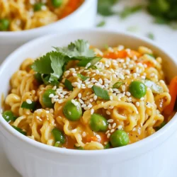 To make spicy peanut ramen, you will need these fresh ingredients: - 200g ramen noodles - 2 tablespoons peanut butter - 1 tablespoon soy sauce - 1 tablespoon sriracha (adjust to taste) - 1 tablespoon sesame oil - 2 cups vegetable broth - 1 clove garlic, minced - 1 teaspoon ginger, grated - 1 cup snap peas, trimmed - 1 carrot, julienned - 2 green onions, sliced - 1 tablespoon sesame seeds (for garnish) - Fresh cilantro (for garnish) I often get asked about the best type of ramen noodles. Fresh ramen gives you a soft, chewy bite. They cook fast and taste great. Dried ramen is easy to find and lasts longer. They are quick to cook too. Both types work well in this recipe. Choose based on what you can find or prefer! You can easily swap some ingredients for your needs. If you want a vegan dish, use plant-based peanut butter and vegetable broth. If you need gluten-free options, look for gluten-free ramen noodles. You can also replace sriracha with a milder sauce if you want less heat. Each change keeps the dish tasty! {{ingredient_image_1}} To cook ramen noodles, start with a large pot. Fill it with water and bring it to a boil. Once boiling, add the ramen noodles. Cook them according to the package instructions. This usually takes about 3-5 minutes. Stir the noodles occasionally to prevent them from sticking. When done, drain the noodles and set them aside. This step is key to a great dish. Perfectly cooked noodles hold the sauce and flavors well. Next, let’s make the peanut sauce. In a bowl, combine 2 tablespoons of peanut butter, 1 tablespoon of soy sauce, 1 tablespoon of sriracha, and 1 tablespoon of sesame oil. Mix these ingredients until they are smooth and creamy. This sauce adds a rich flavor to your ramen. You can adjust the sriracha based on how spicy you like it. Set this sauce aside for later. Now, it’s time to sauté the vegetables. Heat a large pan over medium heat and add a little sesame oil. Once hot, add 1 clove of minced garlic and 1 teaspoon of grated ginger. Sauté them for about 1 minute until they smell great. This step builds a strong flavor base. Next, pour in 2 cups of vegetable broth. Bring it to a gentle boil. Add the snap peas and julienned carrot to the broth. Cook these for 3-4 minutes until they are just tender. This keeps them crisp and fresh. Now you are ready to combine everything for your spicy peanut ramen! To adjust the spice in your ramen, you can use sriracha. Start with one tablespoon, then taste. If you want more heat, add another half tablespoon. Mix it well into your sauce. You can also use chili oil or fresh chilies for extra spice. Just remember, a little goes a long way! You can enjoy your spicy peanut ramen with tasty sides and drinks. Try spring rolls or dumplings for a fun side. A light salad with sesame dressing also works well. For drinks, iced green tea or lemonade balance the heat nicely. You can also serve a cold beer for a relaxing meal. Some common mistakes can ruin your ramen. First, don’t overcook the noodles; they should be al dente. Second, avoid using too much broth. You want a nice balance of sauce and broth. Lastly, remember to mix the peanut sauce well. It should coat the noodles evenly for the best flavor. Pro Tips Adjust the Heat: If you prefer a milder dish, start with less sriracha and add more to your taste as you go. Vegetable Variations: Feel free to swap in your favorite vegetables such as bell peppers, broccoli, or bok choy for added nutrition and flavor. Peanut Butter Choice: Use natural peanut butter for a healthier option, and consider smooth for a creamier sauce or crunchy for added texture. Make it a Meal: Add protein such as tofu, chicken, or shrimp to make this dish more filling and hearty. {{image_2}} You can easily make this dish vegetarian or vegan. For a vegan option, use plant-based broth instead of regular broth. Swap out the peanut butter for a nut-free option if you have allergies. Make sure the soy sauce is labeled as vegan. You can also add tofu for protein. Firm tofu works best, and it absorbs flavors well. Want to boost nutrition? Add proteins like chicken, shrimp, or tofu. Cook them in the pan before adding the broth. If you want more veggies, try bell peppers, broccoli, or spinach. They add great color and crunch. You can mix and match according to your taste. Feel free to switch up the sauce! Try hoisin sauce for a sweet twist. Teriyaki sauce can add a nice glaze. For a richer taste, mix in some coconut milk. Each sauce brings its own flair to the ramen. Play around to find your favorite combination! To store leftover spicy peanut ramen, place it in an airtight container. Make sure to cool it to room temperature before sealing. This helps keep the flavors fresh. Leftovers can sit in the fridge for up to three days. If you leave it longer, it may not taste as good. When reheating ramen, use a pan or microwave. If using a pan, add a splash of broth or water. Heat it over low heat and stir often. This keeps the noodles from becoming mushy. If you're using a microwave, cover the bowl with a damp paper towel. Heat it in short bursts to avoid hot spots. Check the temperature before eating. You can freeze spicy peanut ramen, but it's best to freeze the broth and noodles separately. Cooked noodles can become soft when thawed. Store them in separate containers. This way, you can keep the texture right. When you want to eat it, thaw in the fridge overnight. Reheat as mentioned before. Enjoy your ramen later! I recommend using creamy peanut butter for this recipe. Creamy peanut butter blends well into the sauce. You can use natural peanut butter for a healthier choice. Avoid crunchy peanut butter, as it won’t mix as smoothly. Always check the label for added sugars or oils. You want the pure flavor of peanuts to shine in your ramen. Yes, you can make spicy peanut ramen ahead of time. I suggest cooking the noodles separately. This keeps them from getting soggy. You can store the peanut sauce and broth in the fridge. When you’re ready to eat, just heat the broth and add the noodles. This method helps the flavors stay fresh. You can find spicy peanut ramen in many Asian restaurants. Look for places that offer ramen or noodle dishes. Local spots may have their own twist on the dish. Always check their menu online for spicy options. Don’t hesitate to ask the staff for recommendations. They might guide you to the best dishes they serve. In this blog post, we covered how to make spicy peanut ramen step by step. We explored the best ingredients, cooking methods, and tips for success. You learned about options for dietary needs and substitutions. Remember to adjust spice levels to your taste and avoid common cooking mistakes. This dish is versatile, offering many variations, from vegetarian to different sauces. Enjoy experimenting with this easy recipe that brings great flavor to your table.