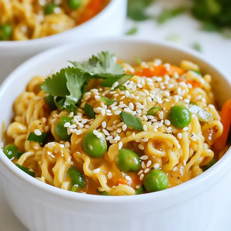 To make spicy peanut ramen, you will need these fresh ingredients: - 200g ramen noodles - 2 tablespoons peanut butter - 1 tablespoon soy sauce - 1 tablespoon sriracha (adjust to taste) - 1 tablespoon sesame oil - 2 cups vegetable broth - 1 clove garlic, minced - 1 teaspoon ginger, grated - 1 cup snap peas, trimmed - 1 carrot, julienned - 2 green onions, sliced - 1 tablespoon sesame seeds (for garnish) - Fresh cilantro (for garnish) I often get asked about the best type of ramen noodles. Fresh ramen gives you a soft, chewy bite. They cook fast and taste great. Dried ramen is easy to find and lasts longer. They are quick to cook too. Both types work well in this recipe. Choose based on what you can find or prefer! You can easily swap some ingredients for your needs. If you want a vegan dish, use plant-based peanut butter and vegetable broth. If you need gluten-free options, look for gluten-free ramen noodles. You can also replace sriracha with a milder sauce if you want less heat. Each change keeps the dish tasty! {{ingredient_image_1}} To cook ramen noodles, start with a large pot. Fill it with water and bring it to a boil. Once boiling, add the ramen noodles. Cook them according to the package instructions. This usually takes about 3-5 minutes. Stir the noodles occasionally to prevent them from sticking. When done, drain the noodles and set them aside. This step is key to a great dish. Perfectly cooked noodles hold the sauce and flavors well. Next, let’s make the peanut sauce. In a bowl, combine 2 tablespoons of peanut butter, 1 tablespoon of soy sauce, 1 tablespoon of sriracha, and 1 tablespoon of sesame oil. Mix these ingredients until they are smooth and creamy. This sauce adds a rich flavor to your ramen. You can adjust the sriracha based on how spicy you like it. Set this sauce aside for later. Now, it’s time to sauté the vegetables. Heat a large pan over medium heat and add a little sesame oil. Once hot, add 1 clove of minced garlic and 1 teaspoon of grated ginger. Sauté them for about 1 minute until they smell great. This step builds a strong flavor base. Next, pour in 2 cups of vegetable broth. Bring it to a gentle boil. Add the snap peas and julienned carrot to the broth. Cook these for 3-4 minutes until they are just tender. This keeps them crisp and fresh. Now you are ready to combine everything for your spicy peanut ramen! To adjust the spice in your ramen, you can use sriracha. Start with one tablespoon, then taste. If you want more heat, add another half tablespoon. Mix it well into your sauce. You can also use chili oil or fresh chilies for extra spice. Just remember, a little goes a long way! You can enjoy your spicy peanut ramen with tasty sides and drinks. Try spring rolls or dumplings for a fun side. A light salad with sesame dressing also works well. For drinks, iced green tea or lemonade balance the heat nicely. You can also serve a cold beer for a relaxing meal. Some common mistakes can ruin your ramen. First, don’t overcook the noodles; they should be al dente. Second, avoid using too much broth. You want a nice balance of sauce and broth. Lastly, remember to mix the peanut sauce well. It should coat the noodles evenly for the best flavor. Pro Tips Adjust the Heat: If you prefer a milder dish, start with less sriracha and add more to your taste as you go. Vegetable Variations: Feel free to swap in your favorite vegetables such as bell peppers, broccoli, or bok choy for added nutrition and flavor. Peanut Butter Choice: Use natural peanut butter for a healthier option, and consider smooth for a creamier sauce or crunchy for added texture. Make it a Meal: Add protein such as tofu, chicken, or shrimp to make this dish more filling and hearty. {{image_2}} You can easily make this dish vegetarian or vegan. For a vegan option, use plant-based broth instead of regular broth. Swap out the peanut butter for a nut-free option if you have allergies. Make sure the soy sauce is labeled as vegan. You can also add tofu for protein. Firm tofu works best, and it absorbs flavors well. Want to boost nutrition? Add proteins like chicken, shrimp, or tofu. Cook them in the pan before adding the broth. If you want more veggies, try bell peppers, broccoli, or spinach. They add great color and crunch. You can mix and match according to your taste. Feel free to switch up the sauce! Try hoisin sauce for a sweet twist. Teriyaki sauce can add a nice glaze. For a richer taste, mix in some coconut milk. Each sauce brings its own flair to the ramen. Play around to find your favorite combination! To store leftover spicy peanut ramen, place it in an airtight container. Make sure to cool it to room temperature before sealing. This helps keep the flavors fresh. Leftovers can sit in the fridge for up to three days. If you leave it longer, it may not taste as good. When reheating ramen, use a pan or microwave. If using a pan, add a splash of broth or water. Heat it over low heat and stir often. This keeps the noodles from becoming mushy. If you're using a microwave, cover the bowl with a damp paper towel. Heat it in short bursts to avoid hot spots. Check the temperature before eating. You can freeze spicy peanut ramen, but it's best to freeze the broth and noodles separately. Cooked noodles can become soft when thawed. Store them in separate containers. This way, you can keep the texture right. When you want to eat it, thaw in the fridge overnight. Reheat as mentioned before. Enjoy your ramen later! I recommend using creamy peanut butter for this recipe. Creamy peanut butter blends well into the sauce. You can use natural peanut butter for a healthier choice. Avoid crunchy peanut butter, as it won’t mix as smoothly. Always check the label for added sugars or oils. You want the pure flavor of peanuts to shine in your ramen. Yes, you can make spicy peanut ramen ahead of time. I suggest cooking the noodles separately. This keeps them from getting soggy. You can store the peanut sauce and broth in the fridge. When you’re ready to eat, just heat the broth and add the noodles. This method helps the flavors stay fresh. You can find spicy peanut ramen in many Asian restaurants. Look for places that offer ramen or noodle dishes. Local spots may have their own twist on the dish. Always check their menu online for spicy options. Don’t hesitate to ask the staff for recommendations. They might guide you to the best dishes they serve. In this blog post, we covered how to make spicy peanut ramen step by step. We explored the best ingredients, cooking methods, and tips for success. You learned about options for dietary needs and substitutions. Remember to adjust spice levels to your taste and avoid common cooking mistakes. This dish is versatile, offering many variations, from vegetarian to different sauces. Enjoy experimenting with this easy recipe that brings great flavor to your table.