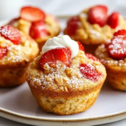 To make delicious strawberry banana oat muffins, gather these simple ingredients: - 1 cup rolled oats - 1 cup all-purpose flour - 1/2 cup brown sugar - 1 tablespoon baking powder - 1/2 teaspoon baking soda - 1/4 teaspoon salt - 1/2 teaspoon cinnamon - 2 ripe bananas, mashed - 1/2 cup yogurt (plain or vanilla) - 2 large eggs - 1/4 cup honey or maple syrup - 1 teaspoon vanilla extract - 1 cup fresh strawberries, hulled and chopped - Optional: 1/2 cup walnuts or pecans, chopped Each ingredient plays a role in creating the perfect muffin. The oats add texture and fiber, while ripe bananas provide natural sweetness and moisture. Yogurt adds a creamy touch, making the muffins fluffy. Fresh strawberries brighten up every bite, giving a burst of flavor. You can include nuts for crunch, but it's not a must. When choosing your ingredients, go for quality. Use ripe bananas, as they make a big difference in taste. Fresh strawberries will enhance the flavor and look of your muffins. Don't forget to measure carefully for the best results! {{ingredient_image_1}} First, preheat your oven to 350°F (175°C). This step is key for even baking. While the oven heats, prepare your muffin tin. Use paper liners or grease it with a little oil. In a large bowl, mix the dry ingredients. Combine 1 cup of rolled oats, 1 cup of all-purpose flour, 1/2 cup of brown sugar, 1 tablespoon of baking powder, 1/2 teaspoon of baking soda, 1/4 teaspoon of salt, and 1/2 teaspoon of cinnamon. Stir well until the mixture is evenly blended. In another bowl, mash 2 ripe bananas until smooth. Add 1/2 cup of yogurt, 2 large eggs, 1/4 cup of honey or maple syrup, and 1 teaspoon of vanilla extract. Mix these ingredients until you have a smooth, creamy blend. Next, pour the wet mixture into the bowl with the dry ingredients. Stir gently until just combined. It’s important not to overmix, or your muffins may be tough. Now it’s time to fold in the chopped strawberries. Use 1 cup of fresh strawberries, hulled and chopped. If you want extra crunch, add 1/2 cup of chopped walnuts or pecans. Gently mix them into the batter. Spoon the batter into your prepared muffin tin. Fill each cavity about two-thirds full. Bake for 18 to 22 minutes. To check if they’re done, insert a toothpick into the center. If it comes out clean, they are ready! Let the muffins cool in the tin for 5 minutes, then transfer them to a wire rack. To make soft muffins, mix the wet and dry ingredients without overdoing it. Gently fold in the strawberries and nuts. If you stir too much, your muffins can turn dense. Remember, a few lumps are okay. They will bake up nicely! Use dry measuring cups for dry ingredients like flour and oats. Scoop flour lightly into the cup, then level it off with a knife. For sticky ingredients like honey, use a liquid measuring cup. Spray it with cooking oil first to help it pour out smoothly. This ensures you get the right amounts. Let the muffins cool completely before storage. Place them in an airtight container. They can last up to five days at room temperature. For longer storage, freeze them. Wrap each muffin in plastic wrap and place them in a freezer bag. They will stay fresh for up to three months. Serve muffins warm for the best taste. Top them with a dollop of Greek yogurt for added creaminess. A sprinkle of chopped strawberries makes them look pretty. For a sweet touch, lightly dust them with powdered sugar. These small details make your muffins shine! Pro Tips Use Overripe Bananas: The riper the bananas, the sweeter and more flavorful your muffins will be. Look for bananas with lots of brown spots for the best results. Don’t Overmix: When combining the wet and dry ingredients, mix just until combined. Overmixing can result in tough muffins. Cool in the Pan: Allow the muffins to cool in the tin for a few minutes before transferring them to a wire rack. This helps them set and prevents them from falling apart. Add Variations: Feel free to experiment by adding other fruits, like blueberries or apples, or spices such as nutmeg for a unique twist on the classic recipe. {{image_2}} You can swap some ingredients in this recipe. For example, use whole wheat flour instead of all-purpose flour. This change adds more fiber and nutrients. You can also replace brown sugar with coconut sugar. This gives a different flavor while keeping it sweet. If you want, use applesauce for a portion of the yogurt. This makes the muffins moist and lowers fat. Feel free to mix in other fruits. Blueberries or raspberries work well with the oats. You can also add chopped apples or peaches for a fun twist. If you like nuts, try almonds or macadamia nuts instead of walnuts or pecans. These changes make each batch unique and tasty. To make these muffins gluten-free, use gluten-free flour. Many brands offer good options that work well in baking. Ensure your oats are certified gluten-free. This avoids cross-contamination. You still get all the flavor without the gluten, and they remain delicious. To keep your Strawberry Banana Oat Muffins fresh, store them in an airtight container. This will help maintain their moisture and flavor. If you stack them, place a paper towel between layers. This absorbs extra moisture and keeps them from getting soggy. You can also wrap each muffin in plastic wrap for extra protection. When you're ready to enjoy your muffins again, preheat your oven to 350°F (175°C). Place the muffins on a baking sheet. Bake for about 5 to 10 minutes. This warms them through and helps restore their texture. You can also use a microwave. Heat for 10 to 15 seconds, but be careful not to overdo it. You want them warm, not hot! These muffins can last for about 3 to 5 days at room temperature. If you want them to last longer, store them in the fridge for up to a week. For longer storage, freeze them. They can last for up to 3 months in the freezer. Just remember to wrap them well to prevent freezer burn. Yes, you can use frozen strawberries. Just thaw and drain them first. This helps avoid excess moisture in your muffins. Frozen berries may be softer, but they still taste great! To make these muffins vegan, swap eggs with flax eggs. Use 1 tablespoon of ground flaxseed mixed with 2.5 tablespoons of water per egg. Replace yogurt with a plant-based option, like almond or coconut yogurt. For sweetening, maple syrup works perfectly. Place your bananas in a brown paper bag. This traps the ethylene gas and speeds up ripening. You can also place them near other ripe fruits. If you need them ready fast, bake them at 300°F for about 15-20 minutes. Yes, you can use quick oats. They will make muffins softer. However, rolled oats add more texture. If you use quick oats, watch the baking time, as they may cook faster. These strawberry banana oat muffins blend healthy ingredients for a tasty treat. We covered the required items, step-by-step instructions, and tips for success. You can easily customize the recipe with variations and learn about storage methods, too. Baking can be fun and rewarding. I hope you feel excited to try these muffins. Share them with others and enjoy the results together. Happy baking!