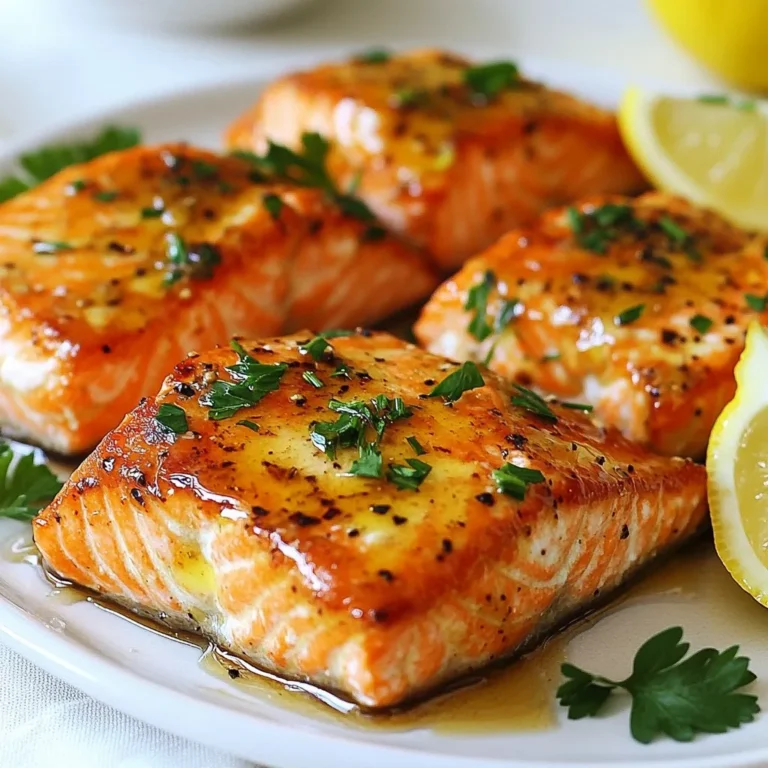 - 4 salmon fillets (skinless) - 3 tablespoons Dijon mustard - 2 tablespoons honey - 2 tablespoons olive oil - 2 garlic cloves, minced - 1 teaspoon fresh thyme leaves (or ½ teaspoon dried thyme) - Salt and pepper to taste - Lemon wedges for serving - Fresh parsley, chopped for garnish The main ingredients for honey mustard salmon are simple but impactful. Salmon is rich in omega-3 fats, making it healthy and delicious. The Dijon mustard gives a nice tang, while the honey adds sweetness. Olive oil keeps the fish moist during cooking. For flavor, minced garlic adds a punch. Thyme brings an earthy note that pairs well with salmon. Don’t forget to season with salt and pepper to enhance all the flavors. When serving, lemon wedges brighten the dish. Fresh parsley adds color and freshness. These small touches make your meal look and taste great. Enjoy! {{ingredient_image_1}} - Preheat your oven to 400°F (200°C). - Line a baking sheet with parchment paper for easy cleanup. - In a small bowl, whisk together: - 3 tablespoons Dijon mustard - 2 tablespoons honey - 2 tablespoons olive oil - 2 minced garlic cloves - 1 teaspoon fresh thyme leaves (or ½ teaspoon dried thyme) - Salt and pepper to taste. Mix until smooth and combined. This glaze gives the salmon a sweet and tangy flavor. - Place the skinless salmon fillets on the baking sheet, skin-side down. - Generously brush the honey mustard glaze over each salmon piece. Make sure every fillet is coated well. - Bake the salmon in the preheated oven for 12-15 minutes. The salmon is done when it flakes easily with a fork. - For a nice finish, broil the salmon for the last 2 minutes. Watch it closely to avoid burning. Let the salmon rest for a minute after baking. Enjoy this meal with lemon wedges and a sprinkle of parsley! When you pick salmon, look for bright color. Fresh salmon should look vibrant, not dull. The flesh should feel firm and spring back when you press it. If you see any browning or dark spots, skip that fillet. For sustainable sourcing, check for labels like "Wild-Caught" or "Certified Sustainable." Local fish markets often have fresh options. Ask the seller about the fish’s origin to make sure it is fresh and eco-friendly. You can adjust the sweetness and tanginess of the glaze. If you like it sweeter, add more honey. For more tang, mix in extra Dijon mustard. Taste as you go to find the right balance. For a twist, try adding herbs like dill or basil to the glaze. These herbs bring new flavors and freshness to the dish. You can also use parsley or chives if you prefer milder herbs. You can cook salmon in the oven or on the grill. The oven gives a gentle heat that keeps the fish moist. Grilling adds a smoky flavor and nice grill marks. Both methods work well, but the oven is usually easier. Always let the salmon rest for a minute after baking. This allows the juices to settle, making the fish taste better. Skipping this step can lead to dry salmon. Enjoying your dish will be much easier when done right! Pro Tips Tip for Perfect Salmon: Ensure your salmon fillets are of uniform thickness for even cooking. This helps avoid overcooking thinner parts while waiting for thicker sections to cook through. Tip on Honey Substitution: If you want a different flavor, try using maple syrup or agave nectar instead of honey. They will provide a unique sweetness to your dish. Tip for Extra Flavor: Let the salmon marinate in the honey mustard mixture for 30 minutes before baking. This will enhance the flavor and ensure the salmon is juicy. Tip for Leftovers: Store any leftover salmon in an airtight container in the refrigerator. It can be used in salads, sandwiches, or added to pasta dishes for a quick meal. {{image_2}} You can add fresh herbs to the honey mustard glaze. Dill or basil work great! These herbs will give the salmon a fresh taste. Just chop them finely and mix them in with the glaze. This step makes the dish even more aromatic. Try experimenting with your favorite herbs to find your perfect match. If you love heat, add red pepper flakes or sriracha. Both will bring a kick to your salmon. Just a pinch of red pepper flakes is enough for a nice warmth. If you prefer sriracha, mix in a teaspoon for a bold flavor. This variation is perfect for spice lovers and adds a fun twist to the recipe. Roasting veggies with your salmon is a smart choice. Asparagus or broccoli pairs well with the honey mustard flavor. Place the veggies on the same baking sheet as the salmon. Drizzle them with olive oil and season with salt and pepper. Both the salmon and veggies will cook together, making your meal quick and easy. To keep leftover salmon fresh, place it in an airtight container. This helps prevent odors and keeps the fish moist. Make sure it cools down before sealing. Store it in the fridge. The salmon stays good for about 3 days. If you wait too long, it may spoil. When reheating, you want to keep that great flavor and moisture. The best way is to use an oven. Preheat it to 275°F (135°C). Place the salmon on a baking sheet. Cover it with foil to lock in moisture. Heat for about 10 minutes. This way, your salmon stays tender and tasty. You can also use a microwave, but be careful. Heat it in short bursts to avoid drying it out. If you want to freeze the salmon, wrap it tightly in plastic wrap. Then place it in a freezer bag. Squeeze out all the air to avoid freezer burn. You can freeze it for up to 3 months. When you’re ready to eat, thaw it in the fridge overnight. Never thaw salmon at room temperature; it can grow bacteria. Always cook it after thawing for the best safety and taste. Bake honey mustard salmon for 12 to 15 minutes. The size of the fillets matters. Thicker fillets may need more time. You want the salmon to flake easily when done. A fork should slide through without resistance. If you like a crispy top, broil for two minutes at the end. Keep an eye on it to avoid burning. Yes, you can use whole salmon. Cooking whole salmon takes longer than fillets. A whole fish needs about 20 to 25 minutes in the oven. Make sure to adjust the honey mustard glaze over the entire fish. Check the internal temperature; it should reach 145°F (63°C) for safety. Pair honey mustard salmon with light and fresh sides. Consider roasted vegetables like broccoli or asparagus. A simple green salad works well too. Quinoa or rice can also complement the dish. For a refreshing touch, serve with lemon wedges. Fresh parsley adds color and taste as a garnish. You learned how to make a delicious honey mustard salmon. We covered key ingredients, step-by-step instructions, and handy tips. Remember to choose fresh salmon for the best taste. You can easily adjust the glaze flavors to suit your style. Don’t hesitate to try new herbs or sides. Enjoy your cooking journey and don’t forget to share your delicious meals!