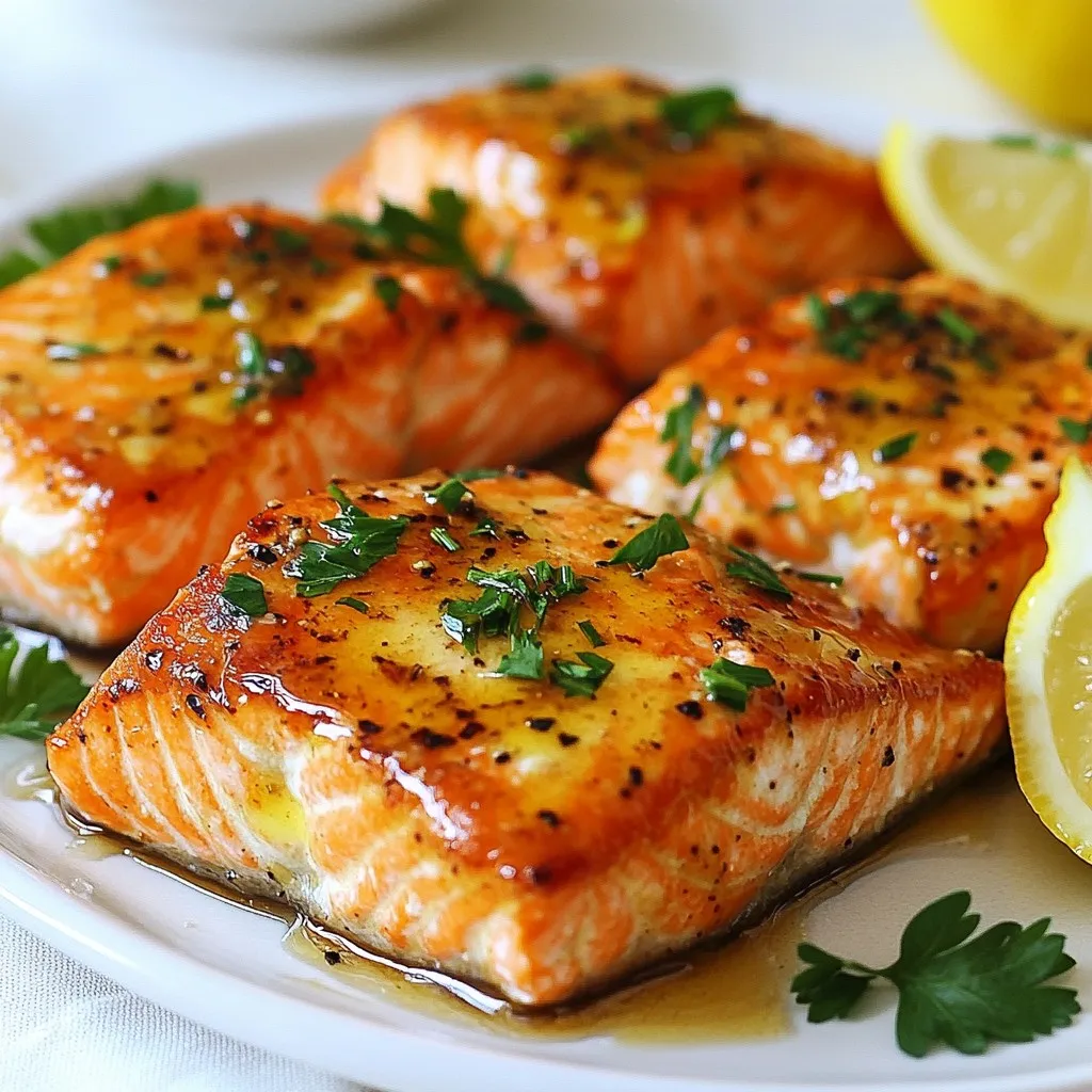 - 4 salmon fillets (skinless) - 3 tablespoons Dijon mustard - 2 tablespoons honey - 2 tablespoons olive oil - 2 garlic cloves, minced - 1 teaspoon fresh thyme leaves (or ½ teaspoon dried thyme) - Salt and pepper to taste - Lemon wedges for serving - Fresh parsley, chopped for garnish The main ingredients for honey mustard salmon are simple but impactful. Salmon is rich in omega-3 fats, making it healthy and delicious. The Dijon mustard gives a nice tang, while the honey adds sweetness. Olive oil keeps the fish moist during cooking. For flavor, minced garlic adds a punch. Thyme brings an earthy note that pairs well with salmon. Don’t forget to season with salt and pepper to enhance all the flavors. When serving, lemon wedges brighten the dish. Fresh parsley adds color and freshness. These small touches make your meal look and taste great. Enjoy! {{ingredient_image_1}} - Preheat your oven to 400°F (200°C). - Line a baking sheet with parchment paper for easy cleanup. - In a small bowl, whisk together: - 3 tablespoons Dijon mustard - 2 tablespoons honey - 2 tablespoons olive oil - 2 minced garlic cloves - 1 teaspoon fresh thyme leaves (or ½ teaspoon dried thyme) - Salt and pepper to taste. Mix until smooth and combined. This glaze gives the salmon a sweet and tangy flavor. - Place the skinless salmon fillets on the baking sheet, skin-side down. - Generously brush the honey mustard glaze over each salmon piece. Make sure every fillet is coated well. - Bake the salmon in the preheated oven for 12-15 minutes. The salmon is done when it flakes easily with a fork. - For a nice finish, broil the salmon for the last 2 minutes. Watch it closely to avoid burning. Let the salmon rest for a minute after baking. Enjoy this meal with lemon wedges and a sprinkle of parsley! When you pick salmon, look for bright color. Fresh salmon should look vibrant, not dull. The flesh should feel firm and spring back when you press it. If you see any browning or dark spots, skip that fillet. For sustainable sourcing, check for labels like "Wild-Caught" or "Certified Sustainable." Local fish markets often have fresh options. Ask the seller about the fish’s origin to make sure it is fresh and eco-friendly. You can adjust the sweetness and tanginess of the glaze. If you like it sweeter, add more honey. For more tang, mix in extra Dijon mustard. Taste as you go to find the right balance. For a twist, try adding herbs like dill or basil to the glaze. These herbs bring new flavors and freshness to the dish. You can also use parsley or chives if you prefer milder herbs. You can cook salmon in the oven or on the grill. The oven gives a gentle heat that keeps the fish moist. Grilling adds a smoky flavor and nice grill marks. Both methods work well, but the oven is usually easier. Always let the salmon rest for a minute after baking. This allows the juices to settle, making the fish taste better. Skipping this step can lead to dry salmon. Enjoying your dish will be much easier when done right! Pro Tips Tip for Perfect Salmon: Ensure your salmon fillets are of uniform thickness for even cooking. This helps avoid overcooking thinner parts while waiting for thicker sections to cook through. Tip on Honey Substitution: If you want a different flavor, try using maple syrup or agave nectar instead of honey. They will provide a unique sweetness to your dish. Tip for Extra Flavor: Let the salmon marinate in the honey mustard mixture for 30 minutes before baking. This will enhance the flavor and ensure the salmon is juicy. Tip for Leftovers: Store any leftover salmon in an airtight container in the refrigerator. It can be used in salads, sandwiches, or added to pasta dishes for a quick meal. {{image_2}} You can add fresh herbs to the honey mustard glaze. Dill or basil work great! These herbs will give the salmon a fresh taste. Just chop them finely and mix them in with the glaze. This step makes the dish even more aromatic. Try experimenting with your favorite herbs to find your perfect match. If you love heat, add red pepper flakes or sriracha. Both will bring a kick to your salmon. Just a pinch of red pepper flakes is enough for a nice warmth. If you prefer sriracha, mix in a teaspoon for a bold flavor. This variation is perfect for spice lovers and adds a fun twist to the recipe. Roasting veggies with your salmon is a smart choice. Asparagus or broccoli pairs well with the honey mustard flavor. Place the veggies on the same baking sheet as the salmon. Drizzle them with olive oil and season with salt and pepper. Both the salmon and veggies will cook together, making your meal quick and easy. To keep leftover salmon fresh, place it in an airtight container. This helps prevent odors and keeps the fish moist. Make sure it cools down before sealing. Store it in the fridge. The salmon stays good for about 3 days. If you wait too long, it may spoil. When reheating, you want to keep that great flavor and moisture. The best way is to use an oven. Preheat it to 275°F (135°C). Place the salmon on a baking sheet. Cover it with foil to lock in moisture. Heat for about 10 minutes. This way, your salmon stays tender and tasty. You can also use a microwave, but be careful. Heat it in short bursts to avoid drying it out. If you want to freeze the salmon, wrap it tightly in plastic wrap. Then place it in a freezer bag. Squeeze out all the air to avoid freezer burn. You can freeze it for up to 3 months. When you’re ready to eat, thaw it in the fridge overnight. Never thaw salmon at room temperature; it can grow bacteria. Always cook it after thawing for the best safety and taste. Bake honey mustard salmon for 12 to 15 minutes. The size of the fillets matters. Thicker fillets may need more time. You want the salmon to flake easily when done. A fork should slide through without resistance. If you like a crispy top, broil for two minutes at the end. Keep an eye on it to avoid burning. Yes, you can use whole salmon. Cooking whole salmon takes longer than fillets. A whole fish needs about 20 to 25 minutes in the oven. Make sure to adjust the honey mustard glaze over the entire fish. Check the internal temperature; it should reach 145°F (63°C) for safety. Pair honey mustard salmon with light and fresh sides. Consider roasted vegetables like broccoli or asparagus. A simple green salad works well too. Quinoa or rice can also complement the dish. For a refreshing touch, serve with lemon wedges. Fresh parsley adds color and taste as a garnish. You learned how to make a delicious honey mustard salmon. We covered key ingredients, step-by-step instructions, and handy tips. Remember to choose fresh salmon for the best taste. You can easily adjust the glaze flavors to suit your style. Don’t hesitate to try new herbs or sides. Enjoy your cooking journey and don’t forget to share your delicious meals!