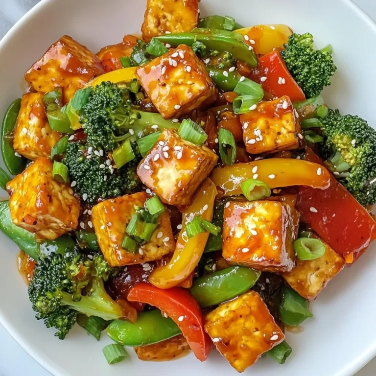 - 14 oz (400g) firm tofu, pressed and cubed - 2 tablespoons cornstarch - 2 tablespoons vegetable oil - 1 bell pepper (red or yellow), sliced - 1 cup broccoli florets - 1 cup snap peas - 2 green onions, chopped - 3 cloves garlic, minced - 1 tablespoon ginger, minced - 1/4 cup sweet chili sauce - 1 tablespoon soy sauce - 1 tablespoon rice vinegar - Salt and pepper to taste - Sesame seeds (for garnish) Using fresh ingredients makes a big difference. Fresh veggies taste better and look bright. They keep their crunch and nutrients. This makes your meal both tasty and healthy. For the best flavor, choose firm tofu that is fresh. Fresh garlic and ginger enhance the dish's aroma and taste. Always pick vibrant vegetablesβthis adds color and freshness to your stir-fry. You can swap some ingredients if needed. If you cannot find firm tofu, try tempeh or seitan. For a gluten-free option, use tamari instead of soy sauce. If you prefer a different sauce, you can mix honey with hot sauce for a sweet and spicy kick. Feel free to use any seasonal veggies you like. Carrots, zucchini, or snow peas work well too. This recipe is flexible, so make it your own! {{ingredient_image_1}} First, you need to press the tofu. This step helps remove extra moisture. After pressing, cut the tofu into 1-inch cubes. Sprinkle 2 tablespoons of cornstarch over the cubes. Gently toss the tofu to coat it evenly. This coating helps create a crispy texture later. Heat 1 tablespoon of vegetable oil in a large skillet or wok. Use medium-high heat for best results. Once the oil is hot, add the cornstarch-coated tofu. Fry the tofu for about 5 to 7 minutes. You want it golden and crispy on all sides. When done, remove the tofu from the skillet and set it aside. In the same skillet, add another tablespoon of oil if needed. Next, add your sliced bell pepper, broccoli florets, and snap peas. Stir-fry these vegetables for about 3 to 4 minutes. You want them tender but still crisp. This keeps their bright colors and crunch. Now, add the minced garlic and ginger to the skillet. Stir-fry for about 1 minute until fragrant. Return the cooked tofu to the skillet with the vegetables. Pour in 1/4 cup of sweet chili sauce, 1 tablespoon of soy sauce, and 1 tablespoon of rice vinegar. Toss everything gently to coat the tofu and veggies well. Season with salt and pepper to taste. Cook for an additional 2 minutes to let the sauce thicken. Finally, remove the stir-fry from heat. Garnish with chopped green onions and sesame seeds before serving. Enjoy your meal! Tofu can be tricky. You want it firm and crispy. First, press the tofu to remove moisture. Use a clean towel or paper towel. After pressing, cut it into 1-inch cubes. Coat these cubes with cornstarch. This helps create a crunchy crust when you fry them. For a burst of flavor, add fresh garlic and ginger. These ingredients make a big difference. You can also try adding a splash of lime juice or zest. This adds brightness to the dish. If you like heat, a pinch of red pepper flakes works well too. Use a large skillet or wok for this dish. A non-stick surface helps achieve that crispy tofu. Make sure your pan is hot before adding the tofu. This ensures even cooking. A wooden spatula is great for tossing the veggies gently. It prevents any scratches on your pan and keeps everything intact. Pro Tips Press Tofu Well: Ensure you press the tofu for at least 30 minutes to remove excess moisture, which helps it achieve a crispy texture when cooked. Use High Heat: Cooking on medium-high heat is essential for getting that golden, crispy exterior on the tofu and vegetables without steaming them. Customize Your Veggies: Feel free to swap in your favorite vegetables or whatever you have on hand; just keep the cooking time in mind for each type. Perfect Your Sauce: Adjust the sweetness or heat of the sauce to your taste by adding more sweet chili sauce or a splash of sriracha for an extra kick. {{image_2}} You can change up the veggies to fit your taste. Try adding mushrooms for a meaty feel. Carrots can add sweetness and color. You can also use zucchini or cauliflower for a nice crunch. Don't be shy! Mix and match what you have on hand. Keep the cook time in mind; softer veggies need less time. Tofu is great, but you can swap it out. Tempeh works well if you want more protein. You can also use chicken, shrimp, or even beef. If you prefer plant-based options, chickpeas or edamame are tasty choices. Just adjust the cooking time based on the protein you choose. The sweet chili sauce gives great flavor, but you can tweak it. For a spicy kick, add some sriracha or red pepper flakes. You can mix in hoisin sauce for a sweeter taste. If you want a tangy twist, add some lime juice. Experiment with these sauces to find your perfect blend! To store leftovers, let the stir-fry cool down first. Place it in an airtight container. You can keep it in the fridge for up to 3 days. If you want to keep it longer, consider freezing it. To reheat, use a skillet over medium heat. Add a splash of water or broth to prevent sticking. Heat for about 5 minutes, stirring often. You can also use a microwave. Heat in short bursts, stirring in between. This keeps the tofu from getting too chewy. For freezing, make sure the stir-fry is completely cool. Transfer it to a freezer-safe bag. Squeeze out the air before sealing. It will stay fresh for about 2 months. When ready to eat, thaw it overnight in the fridge before reheating. To make your stir-fry spicier, add sliced fresh chili peppers. You can also use chili flakes for heat. If you like sauces, a drizzle of sriracha works well. Start small, then add more as needed. This way, you control the heat level. Yes, you can use alternatives like coconut aminos or tamari. Both options work well for flavor. If you need a gluten-free version, tamari is a great choice. Just remember that these alternatives may change the taste a bit. Pair your stir-fry with steamed rice or quinoa for a filling meal. You can also serve it with a simple salad. Another great option is vegetable spring rolls. These sides balance out the dish and add variety. Making Sweet Chili Tofu Stir-Fry takes about 25 minutes. You can prepare the tofu and vegetables in just 15 minutes. Cooking them takes the remaining time. This quick meal is perfect for busy weeknights. Yes, frozen vegetables work well in this stir-fry. They save time and add convenience. Just make sure to thaw them before cooking. This will help them cook evenly and avoid excess water in the pan. Fresh ingredients lead to the best Sweet Chili Tofu Stir-Fry. You learned how to prepare tofu, cook it, and sautΓ© veggies. I shared tips to enhance flavors and the right tools to use. Explore various vegetable and protein choices, plus sauce tweaks for more fun. Finally, I covered how to store leftovers and excellent reheating methods. This dish is quick, tasty, and flexible. With these insights, you can now create a stir-fry that suits your taste perfectly. Enjoy your cooking journey!