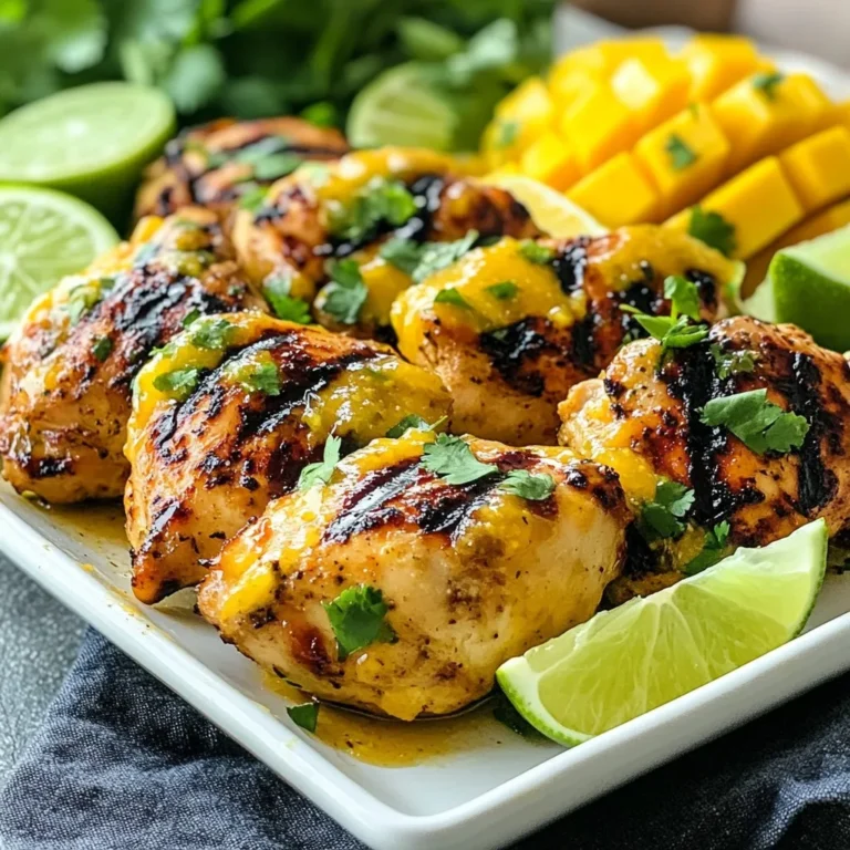 For this delicious dish, gather these key ingredients: - 4 boneless, skinless chicken breasts - 1 ripe mango, pureed - 1/4 cup fresh lime juice - 2 tablespoons honey - 1 tablespoon olive oil - 2 cloves garlic, minced - 1 teaspoon ground cumin - 1/2 teaspoon chili powder - Salt and pepper to taste These ingredients create a tasty marinade that makes the chicken juicy and full of flavor. The mango adds sweetness, while lime juice gives it a zesty kick. This balance makes every bite delightful. To make your dish even more appealing, consider these garnishes: - Fresh cilantro, chopped Chopped cilantro adds a fresh touch. You can also add lime wedges or extra mango slices for color. These garnishes make your meal look beautiful and inviting. You will need a few simple tools to prepare this meal: - Medium bowl for mixing - Whisk for blending the marinade - Large resealable plastic bag or shallow dish for marinating - Grill for cooking the chicken - Meat thermometer to check doneness Using these tools helps you create a perfect Mango Lime Grilled Chicken. With everything in place, you’re ready to enjoy this easy and tasty recipe! {{ingredient_image_1}} Start by making the marinade. In a medium bowl, whisk together these ingredients: - 1 ripe mango, pureed - 1/4 cup fresh lime juice - 2 tablespoons honey - 1 tablespoon olive oil - 2 cloves garlic, minced - 1 teaspoon ground cumin - 1/2 teaspoon chili powder - Salt and pepper to taste This mix gives the chicken a sweet and tangy flavor. The mango adds a fruity touch, while lime juice brightens the taste. Honey gives it a nice sweetness. Garlic adds depth. Cumin and chili powder give a warm kick. Next, you will marinate the chicken. Place the chicken breasts in a large resealable plastic bag or a shallow dish. Pour the marinade over the chicken. Make sure each piece gets coated well. Seal the bag or cover the dish. Refrigerate it for at least 1 hour, but 4 hours is better. This step makes the chicken juicy and flavorful. Now it’s time to grill. Preheat your grill to medium-high heat. Take the chicken out of the marinade. Let any extra marinade drip off. Place the chicken on the grill. Cook for 6-7 minutes on each side. The chicken should reach an internal temperature of 165°F (75°C). You want to see nice grill marks on both sides. Once done, let the chicken rest for 5 minutes. This helps keep it juicy. Slice the grilled chicken and garnish with chopped fresh cilantro. Enjoy your delicious meal! To get those perfect grill marks, heat your grill well. Aim for medium-high heat. Place the chicken at a 45-degree angle on the grill. This angle helps create nice stripes. Cook for about 6-7 minutes on one side. Then, flip it and repeat. Don’t move the chicken too much. Let it sit to form those beautiful marks. The marinade is key for great taste. Use ripe mango for a sweet base. Add fresh lime juice for a zesty kick. Honey makes it sticky and sweet. Don’t skip the garlic, cumin, and chili powder. These spices add depth and warmth. For more flavor, let the chicken marinate longer. Four hours gives the best taste. Remember to shake or stir the marinade before pouring it over the chicken for even coverage. When it's time to serve, slice the chicken thinly. This makes it look fancy. Arrange it on a colorful platter. Add lime wedges and fresh mango slices for color. Sprinkle with chopped cilantro for a fresh touch. Serve with rice or a cool salad. This dish pairs well with many sides. Try grilled veggies or corn on the cob for a tasty meal. Pro Tips Marinate for Maximum Flavor: For the best flavor, marinate the chicken for at least 4 hours, or overnight if possible. This allows the marinade to deeply penetrate the meat. Check Grill Temperature: Make sure your grill is preheated to medium-high heat before adding the chicken. A hot grill helps to achieve perfect grill marks and prevents sticking. Let It Rest: After grilling, allow the chicken to rest for 5 minutes. This helps the juices redistribute, keeping the meat moist and flavorful. Garnish with Fresh Ingredients: Enhance the presentation and flavor by garnishing the chicken with fresh cilantro and lime wedges right before serving. {{image_2}} You can swap chicken for other proteins. Try using turkey breasts. They will soak up the mango and lime flavors well. Pork tenderloin is another great choice. It stays juicy and flavorful when grilled. For a seafood option, use shrimp. They cook fast and pair nicely with the marinade. If you love spice, add some heat. Mix in sliced jalapeños or serrano peppers. You can also boost the chili powder. A pinch of cayenne pepper gives a nice kick. For a smoky flavor, add smoked paprika to the marinade. This will make your grilled chicken extra tasty. To make this dish vegetarian, use firm tofu. Press out the water, then marinate it in the same mango mixture. Grilling gives it a nice char. For a vegan option, use tempeh. It has a hearty texture and absorbs flavors well. You can also try portobello mushrooms. They are meaty and perfect for grilling. After you enjoy your Mango Lime Grilled Chicken, store leftovers in the fridge. Place the chicken in an airtight container. It stays fresh for up to four days. If you have extra marinade, you can store that too, but use it within two days. Always let the chicken cool before sealing it in. To reheat your chicken, use the oven for best results. Preheat it to 350°F (175°C). Place the chicken on a baking sheet. Cover it with foil to keep it moist. Heat for about 15-20 minutes. You can also use the microwave, but be careful not to dry it out. Heat on medium for a few minutes, checking often. If you want to save some for later, freezing is a great choice. Wrap the chicken tightly in plastic wrap, then place it in a freezer bag. It can stay fresh for up to three months. When you're ready to eat, thaw it in the fridge overnight. Reheat as described to enjoy its great taste again. To get the best flavor, marinate your chicken for at least 1 hour. If you have more time, let it sit for up to 4 hours. The longer you marinate, the more the flavors soak in. This makes the chicken juicy and tasty. You can use frozen chicken, but it is best to thaw it first. Thaw the chicken in the fridge overnight for safe and even cooking. Once thawed, you can marinate it just like fresh chicken. This will help the flavors blend well. Many sides work well with this dish. Here are a few ideas: - Rice: Coconut rice or jasmine rice adds nice flavor. - Salad: A fresh green salad with lime vinaigrette is refreshing. - Vegetables: Grilled corn or zucchini pairs perfectly. - Beans: Black beans or refried beans add protein and texture. These sides will complement the sweet and tangy flavors of the chicken. Enjoy your meal! In this blog post, you learned how to make tasty Mango Lime Grilled Chicken. We covered the right ingredients, including the chicken and marinade, plus tools you'll need. I shared step-by-step instructions for marinating and grilling. You now have tips for perfect grill marks and serving ideas. We also discussed various protein options and easy storage tips. Remember, it's all about exploring flavors and making it fun. Get grilling, and enjoy your meal!