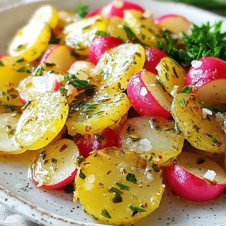 Here are the simple ingredients you need to make garlic butter roasted radishes: - 1 pound radishes, halved - 4 tablespoons unsalted butter - 3 cloves garlic, minced - 1 tablespoon fresh rosemary, chopped - 1 teaspoon sea salt - 1/2 teaspoon black pepper - 1 teaspoon lemon zest - Fresh parsley, for garnish Each ingredient adds to the dish's great taste. The radishes bring a fresh crunch. Butter gives a rich flavor, while garlic adds a nice kick. Rosemary and lemon zest make it bright and zesty. The salt and pepper bring everything together, enhancing the natural flavors. I always choose fresh radishes for the best results. Look for firm ones with vibrant colors. This dish is easy to make, using common kitchen staples. You will love how simple it is to prepare! {{ingredient_image_1}} First, preheat your oven to 425°F (220°C). This step is key for roasting. While the oven heats, melt the butter in a small saucepan over low heat. Add the minced garlic and stir it for about one minute. You want it fragrant, not burnt. After that, mix in the chopped rosemary, sea salt, black pepper, and lemon zest. This blend enhances the radishes. In a large mixing bowl, add the halved radishes. Pour the garlic butter mixture over them. Toss the radishes well until they are fully coated. This ensures each piece gets that tasty garlic flavor. Now, spread the radishes in a single layer on a baking sheet lined with parchment paper. This step helps them roast evenly. Place them in the oven and roast for 20-25 minutes. Stir halfway through for even cooking. Once they are tender and lightly browned, remove them from the oven. Let them cool for a couple of minutes. Finally, transfer the radishes to a serving dish and garnish with fresh parsley. Enjoy your tasty dish! To get the best garlic flavor, cook it gently. Heat the butter on low. Add the minced garlic and stir for about one minute. This will unlock its sweet notes. Avoid burning the garlic; it can taste bitter. Radishes have a mild, peppery taste. They pair well with fresh herbs. Try rosemary or thyme to enhance their flavor. Lemon zest adds a bright touch. It balances the richness of the butter, making every bite fresh. Spacing the radishes on the baking sheet is key. Place them in a single layer. This helps them roast evenly. If they are too close, they will steam instead of roast. Stir the radishes halfway through cooking. This ensures all sides get nice and brown. You want them tender and lightly caramelized. Following these tips will make your dish shine. Pro Tips Choose Fresh Radishes: Look for radishes that are firm and vibrant in color. Fresh radishes will have a better crunch and flavor when roasted. Customize Your Herbs: Feel free to experiment with other herbs like thyme or dill in place of rosemary for a different flavor profile. Adjust Cooking Time: Depending on the size of your radish halves, cooking times may vary. Check for tenderness and browning at the 20-minute mark. Serve Warm: These radishes are best served warm, so try to time your other dishes to finish cooking around the same time. {{image_2}} You can change the flavor of garlic butter roasted radishes with herbs. Try using thyme or basil for a fresh twist. These herbs add a nice touch to the dish. If you want heat, sprinkle in some chili flakes. This adds spice and makes the radishes exciting. You have options when cooking radishes. You can air fry them or roast them in the oven. Air frying gives them a crispy texture with less oil. It’s fast and fun! If you like smoky flavors, grilling radishes is a great choice. The grill adds a unique taste that pairs well with butter and garlic. Each method brings its own charm to this simple dish. To keep your roasted radishes fresh, place them in an airtight container. This prevents moisture and keeps them tasty. If you have extra radishes, let them cool to room temperature first. Then, seal them tightly. Store the container in the fridge. Roasted radishes stay good for about three days. When you are ready to eat leftovers, you can reheat them easily. Use the oven to keep the texture nice. Preheat your oven to 350°F (175°C). Spread the radishes on a baking sheet. Heat for about 10 minutes or until warm. This method keeps them crisp. You can also use the microwave for a faster option. Place radishes in a microwave-safe bowl. Cover them with a damp paper towel. Heat in 30-second bursts until warm. This method is quick but may make them softer. Enjoy your leftovers with the same great flavor! You can pair garlic butter roasted radishes with many dishes. They work well with grilled chicken or fish. Try them alongside a fresh salad for a light meal. They also taste great with rice or quinoa. For a hearty option, serve them with steak or pork chops. The flavors of garlic and butter enhance any main dish. Yes, you can use other vegetables for roasting. Carrots, Brussels sprouts, and cauliflower are great choices. You can also try beets or turnips for a different taste. Cut them to similar sizes for even cooking. Just adjust the roasting time as needed. Each vegetable will bring its own unique flavor to the dish. Roasted radishes last about 3 to 5 days in the fridge. Store them in an airtight container for best quality. If you notice any signs of spoilage, it’s best to toss them. To keep them fresh, let them cool before storing. Reheat them gently in the oven or on the stovetop to maintain flavor. In this post, we explored how to make garlic butter roasted radishes. Start by gathering simple ingredients like radishes, butter, garlic, and herbs. We discussed easy steps, from preheating the oven to roasting and garnishing. I shared tips for enhancing flavor and ensuring even roasting. We also looked at fun variations and storage methods. Roasted radishes are a great dish for any meal. Try different herbs to find your favorite twist! Enjoy this tasty vegetable and impress your guests.