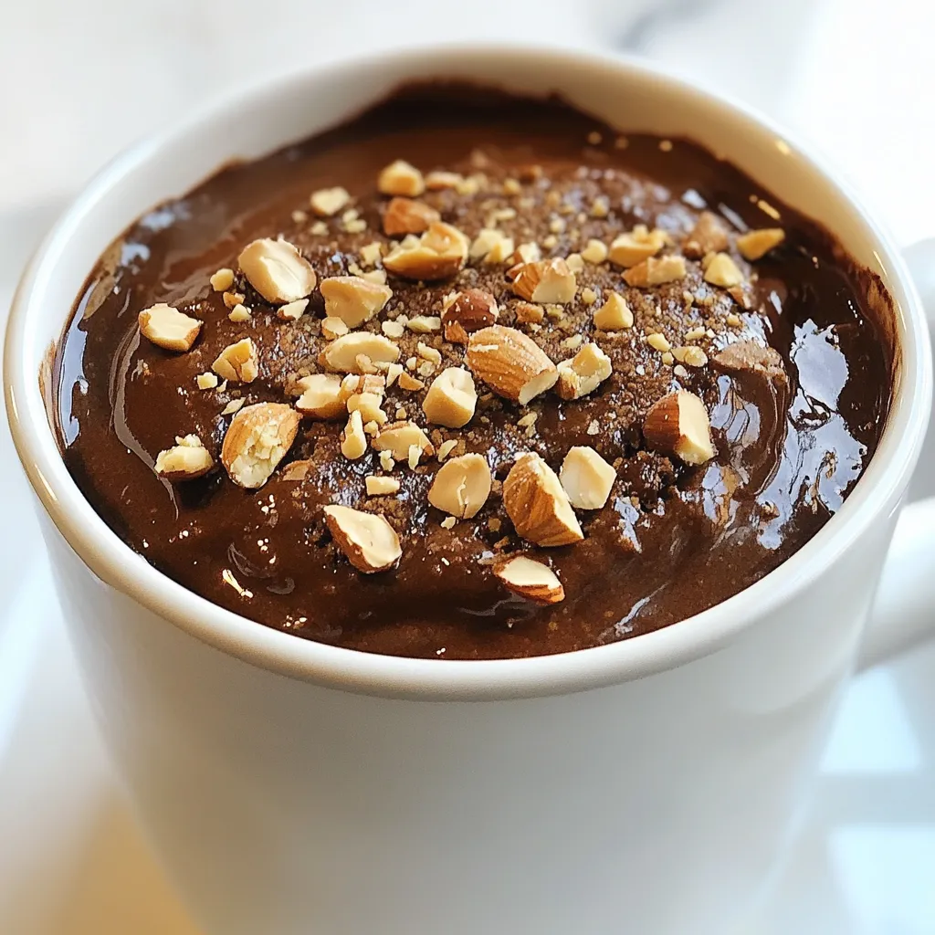 To make a tasty chocolate hazelnut mug cake, you need: - 4 tablespoons all-purpose flour - 3 tablespoons granulated sugar - 1 tablespoon unsweetened cocoa powder - 1/8 teaspoon baking powder - A pinch of salt - 3 tablespoons milk (or any plant-based milk) - 2 tablespoons hazelnut spread (like Nutella) - 1 tablespoon vegetable oil - 1/4 teaspoon vanilla extract - 1 tablespoon chopped hazelnuts (for topping) If you lack some items, don’t worry! Here are some smart swaps: - Use whole wheat flour instead of all-purpose flour for a nutty flavor. - Substitute brown sugar for granulated sugar for a richer taste. - Swap cocoa powder with carob powder for a different twist. - Use almond milk or oat milk in place of regular milk. - Try coconut oil instead of vegetable oil for a hint of coconut. - Replace hazelnut spread with almond or peanut butter if needed. Choosing good ingredients makes your mug cake even better. Here are my tips: - Pick fresh all-purpose flour. Check the date on the bag. - Use high-quality cocoa powder for rich chocolate flavor. - Ensure your baking powder is fresh. It should be active and not expired. - Select pure vanilla extract for the best taste. Avoid artificial flavoring. - Look for good hazelnuts. They should be crunchy, not stale. {{ingredient_image_1}} Start by getting a microwave-safe mug. In this mug, combine these dry items: - 4 tablespoons all-purpose flour - 3 tablespoons granulated sugar - 1 tablespoon unsweetened cocoa powder - 1/8 teaspoon baking powder - A pinch of salt Use a small spoon to mix them well. You want no clumps. This step is key for a smooth cake. Now, it’s time to add the wet items. Pour in: - 3 tablespoons milk (or any plant-based milk) - 2 tablespoons hazelnut spread (like Nutella) - 1 tablespoon vegetable oil - 1/4 teaspoon vanilla extract Stir all these together until you see a smooth batter. Make sure there are no lumps left. The hazelnut spread gives it a creamy, rich flavor. Place the mug in the microwave. Cook it on high for about 1 minute and 20 seconds. After that, check the cake’s middle. If it is not set, microwave in 10-second bursts until it cooks through. Let the mug cake cool for a minute. Enjoy it warm right in the mug. For a special touch, you can drizzle more hazelnut spread on top or add whipped cream. To get the best texture, use a microwave-safe mug. This helps heat evenly. Mix the dry ingredients well before adding wet ones to avoid lumps. Stir until smooth for a light, fluffy cake. If the batter is too thick, add a splash more milk. This small change helps keep it moist. One big mistake is overcooking the cake. Start with 1 minute and 20 seconds. Check if it's set in the middle. If not, cook in 10-second bursts. Using too much flour can also make it dense. Measure carefully to keep the right balance. Add a few chocolate chips to the batter for extra chocolate goodness. You can also mix in a spoonful of coffee for a mocha twist. For a nutty crunch, use more chopped hazelnuts. These simple tweaks make your mug cake even more delicious. Pro Tips Use Room Temperature Ingredients: Ensuring your milk and oil are at room temperature will help the batter mix more smoothly, resulting in a better texture. Adjust Microwave Time: Microwaves can vary in power, so keep an eye on your mug cake. Start checking for doneness at the 1-minute mark to prevent overcooking. Experiment with Add-ins: Feel free to add chocolate chips, dried fruits, or different nuts to customize the mug cake to your taste. Presentation Matters: To elevate your dessert, serve the mug cake with a drizzle of chocolate sauce or a scoop of ice cream for an indulgent treat. {{image_2}} You can switch hazelnut spread for other nut spreads. Try almond or peanut butter for a twist. Each nut spread brings its own flavor. Almond spread offers a light, nutty taste. Peanut butter adds a rich, creamy texture. Feel free to experiment and find your favorite! You can add fun flavors to your mug cake. Chocolate chips bring extra sweetness and texture. A pinch of espresso powder gives a coffee kick. You can also use cinnamon for a warm spice. Mix and match these flavors to make your cake special. If you need gluten-free options, substitute the flour. Use a gluten-free flour blend for the best results. For a vegan version, swap milk with plant-based milk. Replace the hazelnut spread with a vegan alternative. These changes let everyone enjoy this treat! If you have leftover chocolate hazelnut mug cake, store it in an airtight container. Keep it at room temperature for up to two days. If you want it fresh longer, place it in the fridge. It can last up to a week in the fridge. Remember to cover it well to avoid drying out. To reheat your mug cake, use the microwave. Place it in the microwave for about 10 to 15 seconds. Check it often to avoid overcooking. If it feels dry, you can add a small splash of milk to revive it. This will help keep it moist and tasty. You can freeze your mug cake for later enjoyment. Cut it into pieces if you want smaller portions. Wrap each piece tightly in plastic wrap. Place them in a freezer-safe bag or container. You can freeze the cake for up to a month. When ready to eat, let it thaw in the fridge overnight, then reheat as mentioned above. You can store a chocolate hazelnut mug cake for one day at room temperature. If you want it to last longer, keep it in the fridge for up to three days. Just remember to cover it with plastic wrap or a lid. This helps keep the cake moist and tasty. When you are ready to eat it, warm it up in the microwave for a few seconds. Yes, you can make this mug cake in an oven. Preheat the oven to 350°F (175°C). Pour the batter into a small oven-safe dish. Bake for about 15 to 20 minutes. Keep an eye on it so it doesn’t overbake. The cake is ready when a toothpick comes out clean from the center. This method gives a nice, even bake. Hazelnut pairs well with many flavors. Try adding chocolate chips for extra chocolatey goodness. Coffee or espresso can enhance the hazelnut taste. You can also mix in fruits like bananas or strawberries for freshness. For a twist, consider adding spices like cinnamon or nutmeg. Each choice brings new life to your mug cake. In this blog post, we covered everything you need for a great mug cake. You learned the best ingredients, including substitutes, and tips for top-notch choices. We also shared step-by-step instructions, cooking techniques, and tips for perfect texture. Plus, you discovered flavor variations and storage info. Remember, the key to a great mug cake lies in quality ingredients and careful techniques. With these tips, you can enjoy a delicious treat any time. Don't hesitate to experiment with flavors and find your favorite!