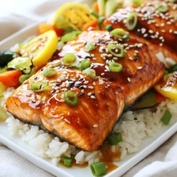 - 4 salmon fillets (6 oz each) - 1/4 cup soy sauce (low sodium preferred) - 1/4 cup honey - 2 tablespoons rice vinegar - 1 tablespoon sesame oil - 2 cloves garlic, minced - 1 teaspoon fresh ginger, grated - 1 tablespoon sesame seeds - 2 green onions, finely chopped - Salt and pepper to taste You can swap some ingredients if needed. Use maple syrup instead of honey for a vegan option. If you don't have rice vinegar, try apple cider vinegar or white vinegar. For sesame oil, olive oil works too, but it will change the flavor slightly. Fresh ginger can be replaced with ground ginger. Just use less, about 1/4 teaspoon. When choosing salmon, look for bright and shiny skin. The flesh should feel firm and spring back when pressed. Fresh salmon should smell like the sea, not fishy. If you buy it from a market, ask if it's wild-caught. Wild salmon usually has a better taste and texture than farmed salmon. {{ingredient_image_1}} Start by gathering your ingredients. You need soy sauce, honey, rice vinegar, sesame oil, garlic, and ginger. In a medium bowl, whisk them together. Make sure they mix well. This marinade gives the salmon its sweet and salty flavor. Next, take your salmon fillets. Place them in a shallow dish or a resealable bag. Pour the marinade over the salmon. Make sure each piece is well-coated. Let it sit in the fridge for at least 30 minutes. For the best taste, marinate for 1 to 2 hours. This lets the salmon soak in all those yummy flavors. Now, you can choose how to cook your salmon. You can grill it or use a skillet. If you grill, preheat your grill to medium-high heat. Place the salmon skin side down on the grill. Cook for 4 to 5 minutes per side. The salmon is done when it reaches 145°F and flakes easily. If you prefer a skillet, heat it over medium-high heat and add a little oil. Cook the salmon for about 4 to 5 minutes on each side as well. Both methods yield tasty results, so pick what you like best! To make a great glaze, use the leftover marinade. After cooking the salmon, boil the marinade in a small saucepan. Simmer it for about five minutes. This makes the glaze thicker and richer. The heat brings out the flavors from the garlic and ginger. You want a sweet and savory mix that coats the salmon well. Cook the salmon for about four to five minutes on each side. Aim for an internal temperature of 145°F. This ensures the salmon is fully cooked yet still moist. If grilling, place the salmon skin-side down first. If using a skillet, add a bit of oil to prevent sticking. Serve the salmon on a bed of steamed jasmine rice or quinoa. This adds a nice touch and balances the dish. Pair it with sautéed vegetables for added color and nutrition. Finish with a sprinkle of sesame seeds and green onions. This makes it look gourmet and adds crunch. Enjoy your meal fresh off the grill or skillet! Pro Tips Marination Time: For the best flavor, allow the salmon to marinate for 1-2 hours. This will enhance the sweetness and umami depth of the glaze. Cooking Temperature: Ensure your grill or skillet is at medium-high heat before cooking the salmon. This helps create a nice sear while keeping the fish tender. Thickening the Glaze: Boiling the leftover marinade not only makes it safe to eat but also intensifies the flavors. Keep an eye on it to prevent over-thickening. Serving Suggestions: Pair the salmon with steamed jasmine rice or quinoa, and add sautéed vegetables to create a balanced meal that's visually appealing. {{image_2}} You can switch up the flavors in this dish. Here are some ideas: - Maple syrup instead of honey gives a rich taste. - Coconut aminos can replace soy sauce for a soy-free option. - Apple cider vinegar works well if you don’t have rice vinegar. To boost the taste, try these tips: - Add chili flakes for some heat. - Incorporate lime juice for a zesty kick. - Mix in fresh herbs like cilantro or basil for added freshness. If you want to try other seafood, consider: - Tilapia for a milder fish that absorbs flavors well. - Shrimp can be marinated and grilled for a quick meal. - Swordfish offers a firm texture that holds up on the grill. Each of these options adds a unique twist to your meal while keeping it simple and delicious. After a great meal, you may have leftover salmon. To keep it fresh, store it in an airtight container. Make sure to do this within two hours of cooking. The salmon will stay good in the fridge for up to three days. If you want to enjoy it later, freezing is a good option. When reheating salmon, aim to keep it moist. You can use the oven, microwave, or a skillet. If using the oven, preheat it to 275°F. Place the salmon on a baking sheet and cover it with foil. Heat for about 15 minutes. If using a microwave, cover the salmon with a damp paper towel. Heat in short bursts of 30 seconds to avoid overcooking. Skillets work too; add a few drops of water and cover. If you have more salmon than you can eat, freezing is easy. Wrap each fillet tightly in plastic wrap. Then, place them in a freezer bag or container. Label the bag with the date. Frozen salmon stays fresh for up to three months. To thaw, move it to the fridge overnight before cooking. This keeps the texture nice and firm. You should marinate the salmon for at least 30 minutes. If you have more time, aim for 1 to 2 hours. This longer soak helps the flavors soak in and makes the fish taste better. Just keep it in the fridge while it marinates. The honey and soy mix will make your salmon sweet and savory. Yes, you can use other fish! While salmon is great, try using trout or tuna. These fish also have a nice flavor and can handle marinades well. Just remember to adjust the cooking time based on the thickness of the fish. Thinner pieces will cook faster. Honey soy glazed salmon pairs well with many sides. You can serve it on a bed of jasmine rice or quinoa. Steamed vegetables like broccoli or snap peas add color and nutrients. For a fresh touch, add a salad with a light dressing. Don't forget to garnish with extra green onions and sesame seeds for a nice look! This blog post covered how to make honey soy glazed salmon. We discussed ingredients, including alternatives and tips for choosing quality salmon. You learned step-by-step how to prepare the marinade, marinate, and cook your salmon using different methods. We also shared tips for the best glaze and serving ideas. Finally, we talked about storing and reheating leftovers, along with answers to common questions. With these easy steps, you can enjoy delicious salmon meals at home. Don't hesitate to try different flavors and make it your own!
