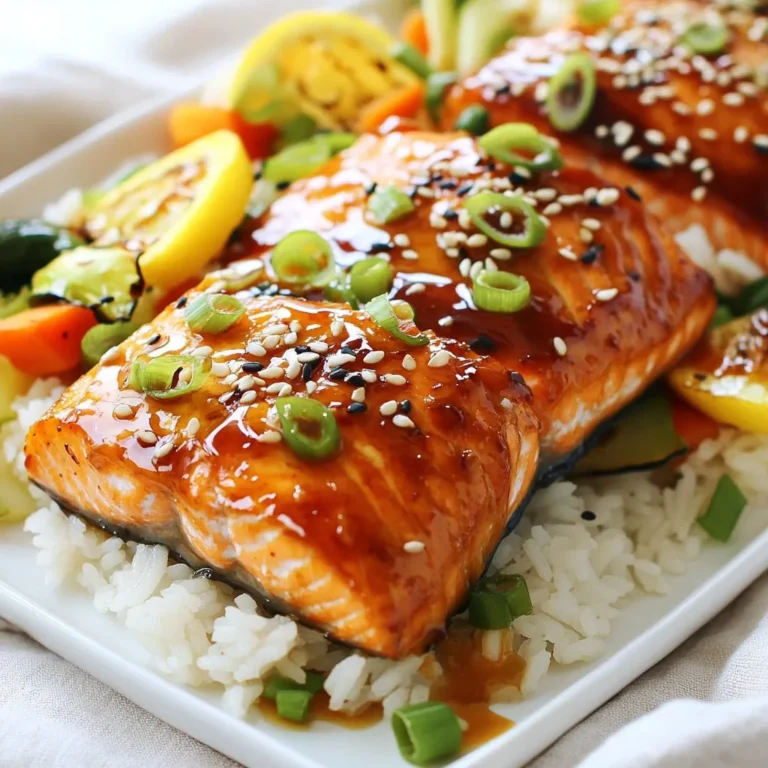 - 4 salmon fillets (6 oz each) - 1/4 cup soy sauce (low sodium preferred) - 1/4 cup honey - 2 tablespoons rice vinegar - 1 tablespoon sesame oil - 2 cloves garlic, minced - 1 teaspoon fresh ginger, grated - 1 tablespoon sesame seeds - 2 green onions, finely chopped - Salt and pepper to taste You can swap some ingredients if needed. Use maple syrup instead of honey for a vegan option. If you don't have rice vinegar, try apple cider vinegar or white vinegar. For sesame oil, olive oil works too, but it will change the flavor slightly. Fresh ginger can be replaced with ground ginger. Just use less, about 1/4 teaspoon. When choosing salmon, look for bright and shiny skin. The flesh should feel firm and spring back when pressed. Fresh salmon should smell like the sea, not fishy. If you buy it from a market, ask if it's wild-caught. Wild salmon usually has a better taste and texture than farmed salmon. {{ingredient_image_1}} Start by gathering your ingredients. You need soy sauce, honey, rice vinegar, sesame oil, garlic, and ginger. In a medium bowl, whisk them together. Make sure they mix well. This marinade gives the salmon its sweet and salty flavor. Next, take your salmon fillets. Place them in a shallow dish or a resealable bag. Pour the marinade over the salmon. Make sure each piece is well-coated. Let it sit in the fridge for at least 30 minutes. For the best taste, marinate for 1 to 2 hours. This lets the salmon soak in all those yummy flavors. Now, you can choose how to cook your salmon. You can grill it or use a skillet. If you grill, preheat your grill to medium-high heat. Place the salmon skin side down on the grill. Cook for 4 to 5 minutes per side. The salmon is done when it reaches 145°F and flakes easily. If you prefer a skillet, heat it over medium-high heat and add a little oil. Cook the salmon for about 4 to 5 minutes on each side as well. Both methods yield tasty results, so pick what you like best! To make a great glaze, use the leftover marinade. After cooking the salmon, boil the marinade in a small saucepan. Simmer it for about five minutes. This makes the glaze thicker and richer. The heat brings out the flavors from the garlic and ginger. You want a sweet and savory mix that coats the salmon well. Cook the salmon for about four to five minutes on each side. Aim for an internal temperature of 145°F. This ensures the salmon is fully cooked yet still moist. If grilling, place the salmon skin-side down first. If using a skillet, add a bit of oil to prevent sticking. Serve the salmon on a bed of steamed jasmine rice or quinoa. This adds a nice touch and balances the dish. Pair it with sautéed vegetables for added color and nutrition. Finish with a sprinkle of sesame seeds and green onions. This makes it look gourmet and adds crunch. Enjoy your meal fresh off the grill or skillet! Pro Tips Marination Time: For the best flavor, allow the salmon to marinate for 1-2 hours. This will enhance the sweetness and umami depth of the glaze. Cooking Temperature: Ensure your grill or skillet is at medium-high heat before cooking the salmon. This helps create a nice sear while keeping the fish tender. Thickening the Glaze: Boiling the leftover marinade not only makes it safe to eat but also intensifies the flavors. Keep an eye on it to prevent over-thickening. Serving Suggestions: Pair the salmon with steamed jasmine rice or quinoa, and add sautéed vegetables to create a balanced meal that's visually appealing. {{image_2}} You can switch up the flavors in this dish. Here are some ideas: - Maple syrup instead of honey gives a rich taste. - Coconut aminos can replace soy sauce for a soy-free option. - Apple cider vinegar works well if you don’t have rice vinegar. To boost the taste, try these tips: - Add chili flakes for some heat. - Incorporate lime juice for a zesty kick. - Mix in fresh herbs like cilantro or basil for added freshness. If you want to try other seafood, consider: - Tilapia for a milder fish that absorbs flavors well. - Shrimp can be marinated and grilled for a quick meal. - Swordfish offers a firm texture that holds up on the grill. Each of these options adds a unique twist to your meal while keeping it simple and delicious. After a great meal, you may have leftover salmon. To keep it fresh, store it in an airtight container. Make sure to do this within two hours of cooking. The salmon will stay good in the fridge for up to three days. If you want to enjoy it later, freezing is a good option. When reheating salmon, aim to keep it moist. You can use the oven, microwave, or a skillet. If using the oven, preheat it to 275°F. Place the salmon on a baking sheet and cover it with foil. Heat for about 15 minutes. If using a microwave, cover the salmon with a damp paper towel. Heat in short bursts of 30 seconds to avoid overcooking. Skillets work too; add a few drops of water and cover. If you have more salmon than you can eat, freezing is easy. Wrap each fillet tightly in plastic wrap. Then, place them in a freezer bag or container. Label the bag with the date. Frozen salmon stays fresh for up to three months. To thaw, move it to the fridge overnight before cooking. This keeps the texture nice and firm. You should marinate the salmon for at least 30 minutes. If you have more time, aim for 1 to 2 hours. This longer soak helps the flavors soak in and makes the fish taste better. Just keep it in the fridge while it marinates. The honey and soy mix will make your salmon sweet and savory. Yes, you can use other fish! While salmon is great, try using trout or tuna. These fish also have a nice flavor and can handle marinades well. Just remember to adjust the cooking time based on the thickness of the fish. Thinner pieces will cook faster. Honey soy glazed salmon pairs well with many sides. You can serve it on a bed of jasmine rice or quinoa. Steamed vegetables like broccoli or snap peas add color and nutrients. For a fresh touch, add a salad with a light dressing. Don't forget to garnish with extra green onions and sesame seeds for a nice look! This blog post covered how to make honey soy glazed salmon. We discussed ingredients, including alternatives and tips for choosing quality salmon. You learned step-by-step how to prepare the marinade, marinate, and cook your salmon using different methods. We also shared tips for the best glaze and serving ideas. Finally, we talked about storing and reheating leftovers, along with answers to common questions. With these easy steps, you can enjoy delicious salmon meals at home. Don't hesitate to try different flavors and make it your own!
