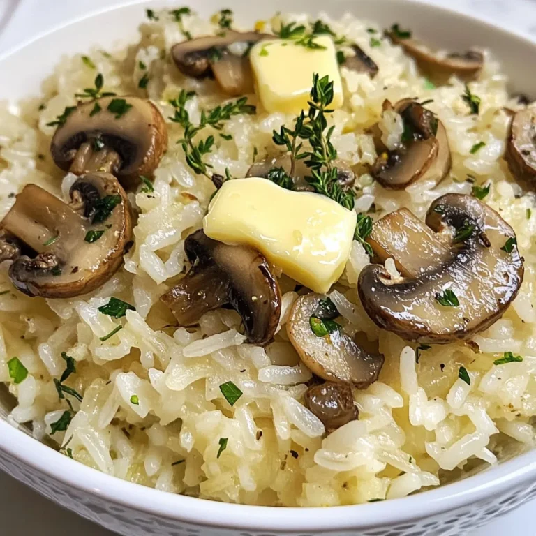 - 1 cup jasmine rice - 2 cups vegetable broth - 1 cup mushrooms (cremini or button), sliced - 4 tablespoons unsalted butter - 4 cloves garlic, minced - 1 medium onion, finely chopped - 1 teaspoon fresh thyme leaves (or ½ teaspoon dried thyme) - 1 teaspoon salt (adjust to taste) - ½ teaspoon black pepper - 2 tablespoons freshly chopped parsley (for garnish) - Additional herbs (like rosemary or oregano) - Parmesan cheese for serving - Lemon juice for brightness Gathering the right ingredients is key to making Garlic Butter Mushroom Rice. Start with jasmine rice, which gives a soft and fragrant base. You’ll need vegetable broth to cook the rice and add flavor. Mushrooms, either cremini or button, bring earthiness that blends well with garlic. Unsalted butter is essential for that rich flavor. Four cloves of minced garlic will add a nice aromatic touch. One finely chopped onion adds sweetness. Fresh thyme leaves bring depth. Salt and black pepper are must-haves for seasoning. Finally, fresh parsley adds a bright finish for garnish. Feel free to mix in some optional ingredients. Adding herbs like rosemary or oregano can boost the taste. Grated Parmesan cheese can add creaminess when served. A splash of lemon juice at the end can brighten the dish. These extra touches can elevate your meal even more. Enjoy crafting this savory and satisfying dish! {{ingredient_image_1}} First, rinse the jasmine rice under cold water. This step is key to getting fluffy rice. Rinsing removes excess starch, which can make the rice sticky. Keep rinsing until the water runs clear. Next, cook the rice in a medium saucepan with vegetable broth. Measure two cups of broth for every cup of rice. Bring the broth to a boil. Once it boils, add the rinsed rice. Lower the heat, cover, and let it simmer for about 15 minutes. The rice will soak up all the liquid. After that, let it sit for five minutes to rest. This resting time helps the rice become even fluffier. While the rice cooks, it's time to prepare the aromatics. Start by melting two tablespoons of butter in a large pan over medium heat. Once the butter is melted, add the chopped onion. Sauté the onion until it turns translucent, which takes about four to five minutes. Next, add four cloves of minced garlic to the pan. Stir it for about one minute. Be careful not to burn it, as burnt garlic can taste bitter. Then, stir in one cup of sliced mushrooms, along with fresh thyme, salt, and black pepper. Cook these until the mushrooms are tender and their moisture has evaporated, which takes around six to eight minutes. Now, it’s time to combine everything. Add the cooked rice to the pan with the mushroom mixture. Stir well to coat the rice in the flavorful butter and aromatics. After that, pour in the remaining vegetable broth. Bring the mixture back to a boil. Once boiling, reduce the heat and cover the pan. Let it simmer for about 15 minutes, or until the rice is fluffy and fully cooked. When the rice is done, remove it from heat. Let it sit, covered, for five minutes. Fluff the rice with a fork to separate the grains. Finally, stir in the last two tablespoons of butter until melted. Garnish with freshly chopped parsley before serving. Enjoy your delicious Garlic Butter Mushroom Rice! To make fluffy rice, rinse the jasmine rice in cold water. Rinse until the water runs clear. This step removes excess starch. Less starch means fluffier rice. After cooking, let the rice rest for five minutes. This allows steam to finish cooking it. Fluff the rice gently with a fork. You want to keep it light and airy. To boost flavor, you can adjust seasoning. Try adding a pinch of chili powder for heat. Fresh herbs, like basil or parsley, can brighten the dish. Use high-quality vegetable broth for the best taste. Homemade broth gives you richer flavor. Store-bought broth can work, too, but check the label. Look for low-sodium options, if possible. A heavy-bottom pot works best for even cooking. This type of pan helps prevent sticking. A non-stick saucepan can also be a great choice. If you often cook rice, consider using a rice cooker. It simplifies the process and offers consistent results. Just follow the rice cooker instructions for water-to-rice ratios. Pro Tips Rinsing Rice: Rinsing jasmine rice before cooking not only removes excess starch but also helps achieve a fluffier texture. Mushroom Selection: Using a mix of cremini and button mushrooms adds depth of flavor and a variety of textures to the dish. Butter Timing: Adding butter at the end of cooking enhances the richness of the dish, giving it a velvety finish. Herb Freshness: Always opt for fresh herbs if available; they provide a brighter flavor compared to dried herbs. {{image_2}} You can easily make this dish vegan. Simply swap out the butter for a plant-based version. Use vegan butter or olive oil. This keeps the rich flavor while making it suitable for everyone. If you need a gluten-free option, choose rice like basmati or brown rice. Just make sure the broth is also gluten-free. These rice types work well and keep the dish tasty. Want to add more green goodness? Toss in some spinach or kale. These veggies add color and nutrition. They cook down nicely and blend into the rice. For a crunchy twist, add nuts like almonds or pine nuts. Toast them lightly before mixing in. This gives a lovely crunch that contrasts with the soft rice and mushrooms. If you’re short on time, try the Instant Pot method. It cooks the rice quickly and keeps it fluffy. Just follow the same steps but adjust the time to about 6 minutes under pressure. You can also choose stovetop or oven-baked methods. Stovetop gives you more control. Oven-baked can free up space and let you handle other dishes. Each method brings a unique taste and texture to the rice. To store Garlic Butter Mushroom Rice, first let it cool. This helps keep the rice fresh. After cooling, place the rice in an airtight container. Make sure to seal it well. Store it in the fridge. This method keeps the rice tasty for up to four days. You can also freeze Garlic Butter Mushroom Rice. To do this, place the cooled rice in a freezer-safe bag. Remove as much air as you can before sealing. Label the bag with the date. When you're ready to eat, thaw it in the fridge overnight. Reheat it in a pan or microwave, adding a splash of broth for moisture. Garlic Butter Mushroom Rice lasts for about four days in the fridge. If you freeze it, it stays fresh for up to three months. Just remember to check for any signs of spoilage before eating. Enjoy your meal, no matter how you store it! Jasmine rice is the best choice for this dish. It has a lovely, floral scent and a soft texture. Jasmine rice also absorbs flavors well, which makes it perfect for this savory meal. When you cook jasmine rice, it turns fluffy and pairs nicely with mushrooms and garlic. This rice's natural aroma makes each bite a delight. Yes, you can use dried mushrooms in this recipe. They add deep flavor and a chewy texture. To prepare them, soak the dried mushrooms in warm water for about 20 minutes. This rehydrates them and brings back their taste. Once soaked, chop them into smaller pieces if needed. Dried mushrooms can give your garlic butter mushroom rice a rich, earthy taste. This dish pairs well with many options. You can serve it alongside grilled chicken or roasted vegetables. If you want something lighter, a fresh salad works well too. Consider a simple arugula salad with lemon dressing. You can also enjoy this rice as a base for stir-fried shrimp or tofu. The flavors blend nicely, making every meal satisfying. This blog post covered how to make Garlic Butter Mushroom Rice. We explored the essential ingredients and how each one adds flavor. I provided clear steps for cooking, tips for the perfect texture, and variations to suit different diets. Storing leftovers and FAQs rounded out the information. Enjoy this dish as a cozy side or main meal. With the right ingredients and techniques, you can impress anyone. Try it, and you’ll taste the care in every bite.